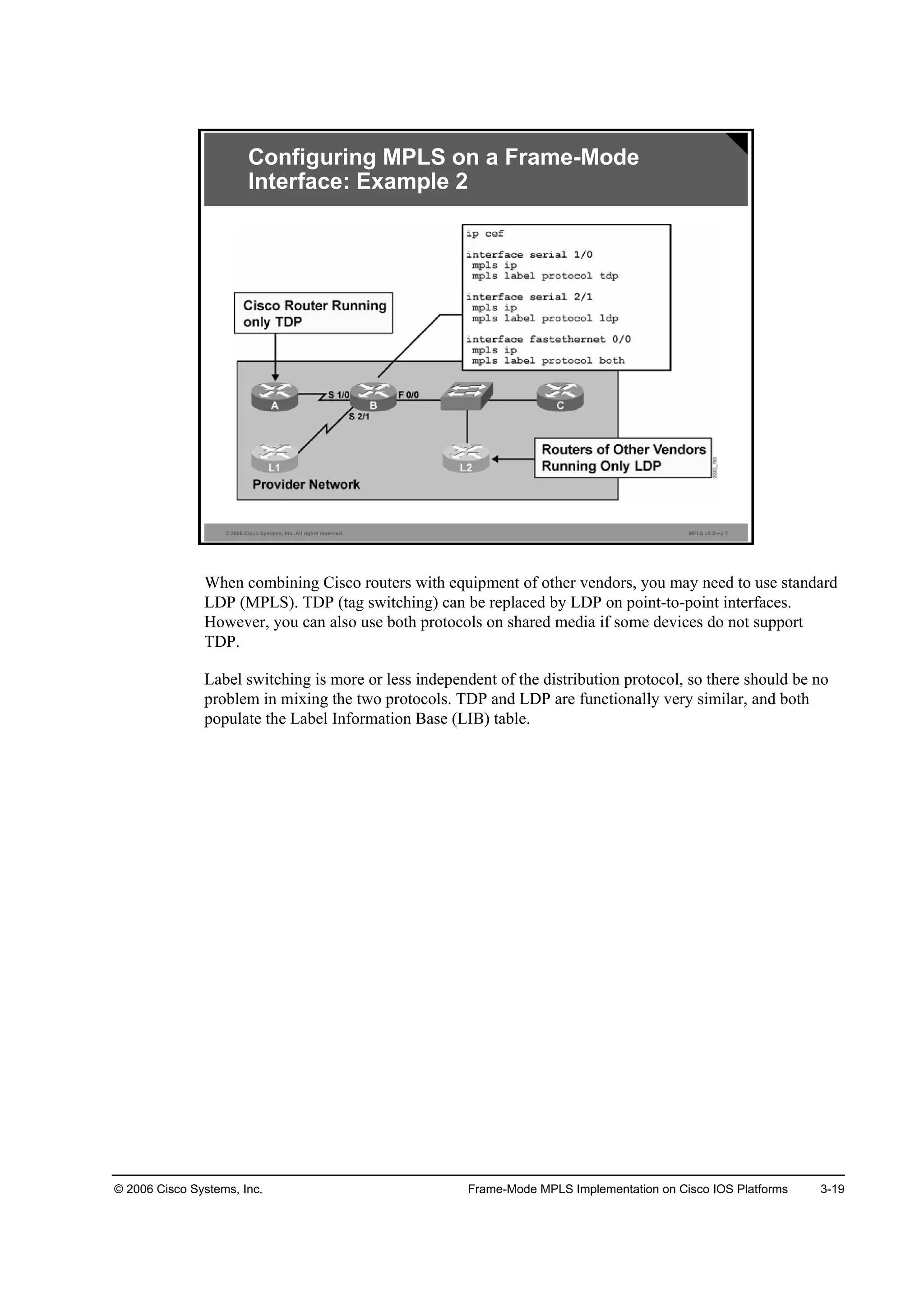 © 2006 Cisco Systems, Inc. Frame-Mode MPLS Implementation on Cisco IOS Platforms 3-19
© 2006 Cisco Systems, Inc. All rights reserved. MPLS v2.2—3-7
Configuring MPLS on a Frame-Mode
Interface: Example 2
When combining Cisco routers with equipment of other vendors, you may need to use standard
LDP (MPLS). TDP (tag switching) can be replaced by LDP on point-to-point interfaces.
However, you can also use both protocols on shared media if some devices do not support
TDP.
Label switching is more or less independent of the distribution protocol, so there should be no
problem in mixing the two protocols. TDP and LDP are functionally very similar, and both
populate the Label Information Base (LIB) table.
 