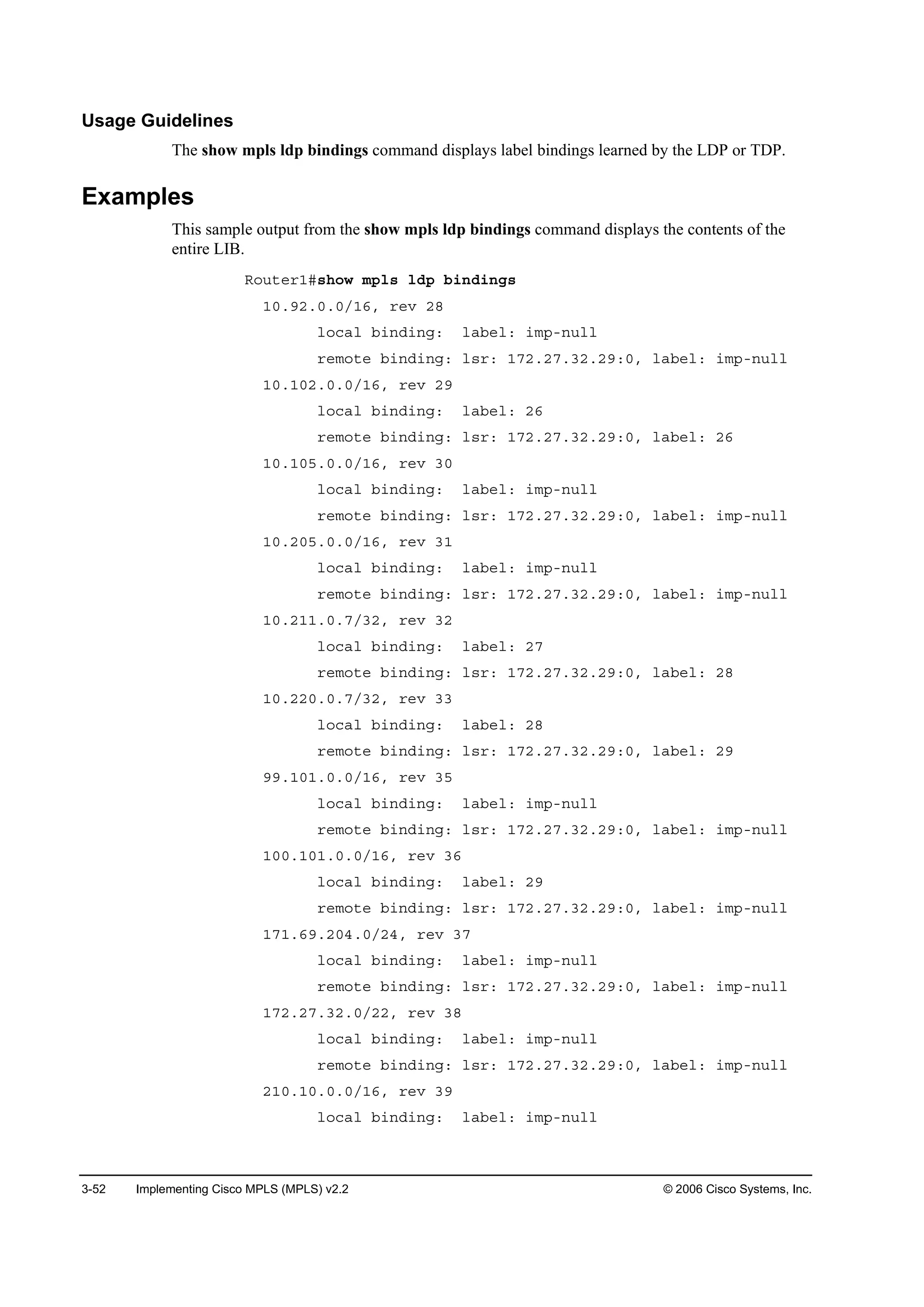 3-52 Implementing Cisco MPLS (MPLS) v2.2 © 2006 Cisco Systems, Inc.
Usage Guidelines
The show mpls ldp bindings command displays label bindings learned by the LDP or TDP.
Examples
This sample output from the show mpls ldp bindings command displays the contents of the
entire LIB.
Î±«¬»®ďý­¸±© ł°´­ ´Ľ° ľ·˛Ľ·˛ą­
ďđňçîňđňđńďęô ®»Ş îč
´±˝ż´ ľ·˛Ľ·˛ąć ´żľ»´ć ·ł°ó˛«´´
®»ł±¬» ľ·˛Ľ·˛ąć ´­®ć ďéîňîéňíîňîçćđô ´żľ»´ć ·ł°ó˛«´´
ďđňďđîňđňđńďęô ®»Ş îç
´±˝ż´ ľ·˛Ľ·˛ąć ´żľ»´ć îę
®»ł±¬» ľ·˛Ľ·˛ąć ´­®ć ďéîňîéňíîňîçćđô ´żľ»´ć îę
ďđňďđëňđňđńďęô ®»Ş íđ
´±˝ż´ ľ·˛Ľ·˛ąć ´żľ»´ć ·ł°ó˛«´´
®»ł±¬» ľ·˛Ľ·˛ąć ´­®ć ďéîňîéňíîňîçćđô ´żľ»´ć ·ł°ó˛«´´
ďđňîđëňđňđńďęô ®»Ş íď
´±˝ż´ ľ·˛Ľ·˛ąć ´żľ»´ć ·ł°ó˛«´´
®»ł±¬» ľ·˛Ľ·˛ąć ´­®ć ďéîňîéňíîňîçćđô ´żľ»´ć ·ł°ó˛«´´
ďđňîďďňđňéńíîô ®»Ş íî
´±˝ż´ ľ·˛Ľ·˛ąć ´żľ»´ć îé
®»ł±¬» ľ·˛Ľ·˛ąć ´­®ć ďéîňîéňíîňîçćđô ´żľ»´ć îč
ďđňîîđňđňéńíîô ®»Ş íí
´±˝ż´ ľ·˛Ľ·˛ąć ´żľ»´ć îč
®»ł±¬» ľ·˛Ľ·˛ąć ´­®ć ďéîňîéňíîňîçćđô ´żľ»´ć îç
ççňďđďňđňđńďęô ®»Ş íë
´±˝ż´ ľ·˛Ľ·˛ąć ´żľ»´ć ·ł°ó˛«´´
®»ł±¬» ľ·˛Ľ·˛ąć ´­®ć ďéîňîéňíîňîçćđô ´żľ»´ć ·ł°ó˛«´´
ďđđňďđďňđňđńďęô ®»Ş íę
´±˝ż´ ľ·˛Ľ·˛ąć ´żľ»´ć îç
®»ł±¬» ľ·˛Ľ·˛ąć ´­®ć ďéîňîéňíîňîçćđô ´żľ»´ć ·ł°ó˛«´´
ďéďňęçňîđěňđńîěô ®»Ş íé
´±˝ż´ ľ·˛Ľ·˛ąć ´żľ»´ć ·ł°ó˛«´´
®»ł±¬» ľ·˛Ľ·˛ąć ´­®ć ďéîňîéňíîňîçćđô ´żľ»´ć ·ł°ó˛«´´
ďéîňîéňíîňđńîîô ®»Ş íč
´±˝ż´ ľ·˛Ľ·˛ąć ´żľ»´ć ·ł°ó˛«´´
®»ł±¬» ľ·˛Ľ·˛ąć ´­®ć ďéîňîéňíîňîçćđô ´żľ»´ć ·ł°ó˛«´´
îďđňďđňđňđńďęô ®»Ş íç
´±˝ż´ ľ·˛Ľ·˛ąć ´żľ»´ć ·ł°ó˛«´´
 