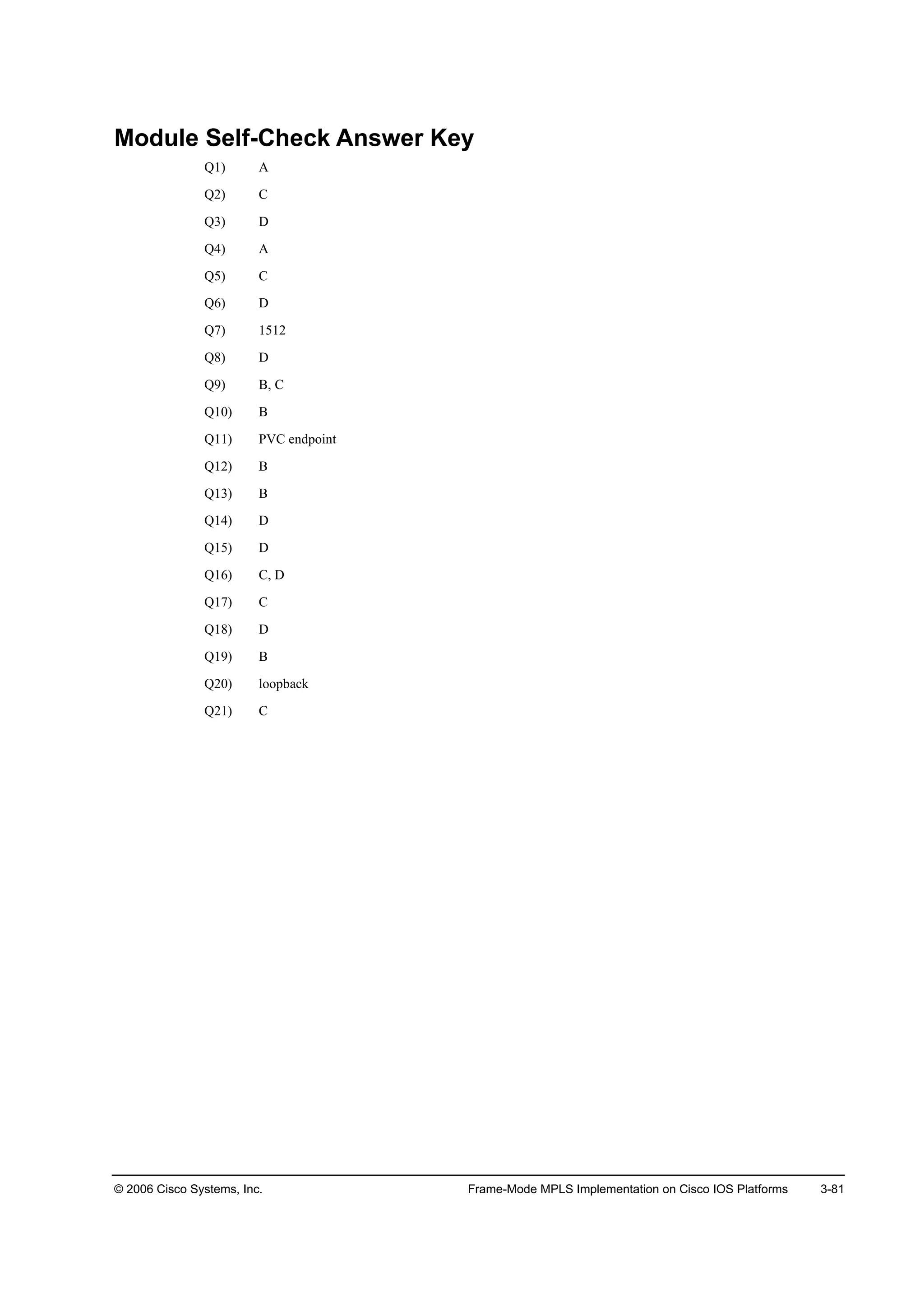 © 2006 Cisco Systems, Inc. Frame-Mode MPLS Implementation on Cisco IOS Platforms 3-81
Module Self-Check Answer Key
Q1) A
Q2) C
Q3) D
Q4) A
Q5) C
Q6) D
Q7) 1512
Q8) D
Q9) B, C
Q10) B
Q11) PVC endpoint
Q12) B
Q13) B
Q14) D
Q15) D
Q16) C, D
Q17) C
Q18) D
Q19) B
Q20) loopback
Q21) C
 