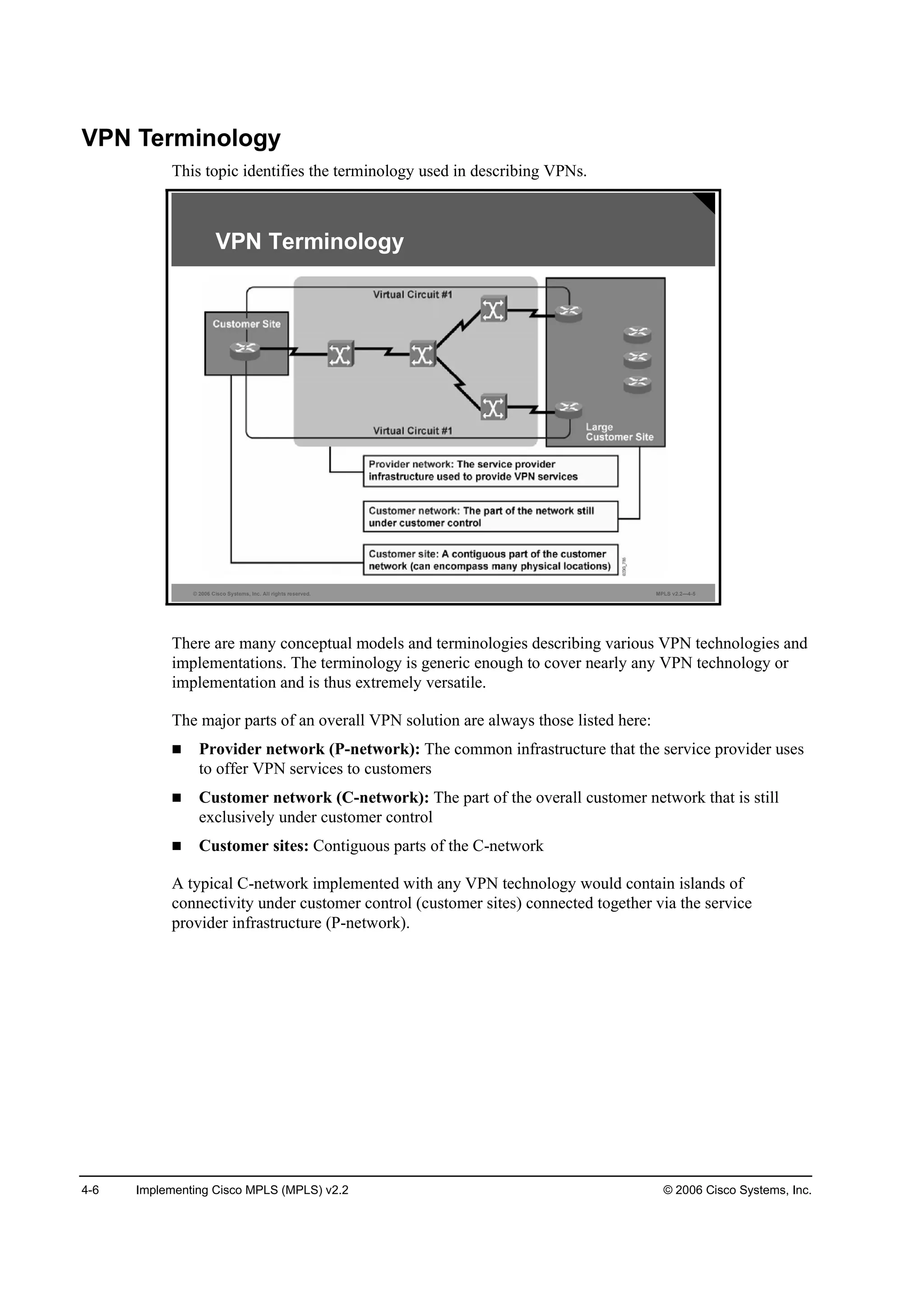 4-6 Implementing Cisco MPLS (MPLS) v2.2 © 2006 Cisco Systems, Inc.
VPN Terminology
This topic identifies the terminology used in describing VPNs.
© 2006 Cisco Systems, Inc. All rights reserved. MPLS v2.2—4-5
VPN Terminology
There are many conceptual models and terminologies describing various VPN technologies and
implementations. The terminology is generic enough to cover nearly any VPN technology or
implementation and is thus extremely versatile.
The major parts of an overall VPN solution are always those listed here:
Provider network (P-network): The common infrastructure that the service provider uses
to offer VPN services to customers
Customer network (C-network): The part of the overall customer network that is still
exclusively under customer control
Customer sites: Contiguous parts of the C-network
A typical C-network implemented with any VPN technology would contain islands of
connectivity under customer control (customer sites) connected together via the service
provider infrastructure (P-network).
 