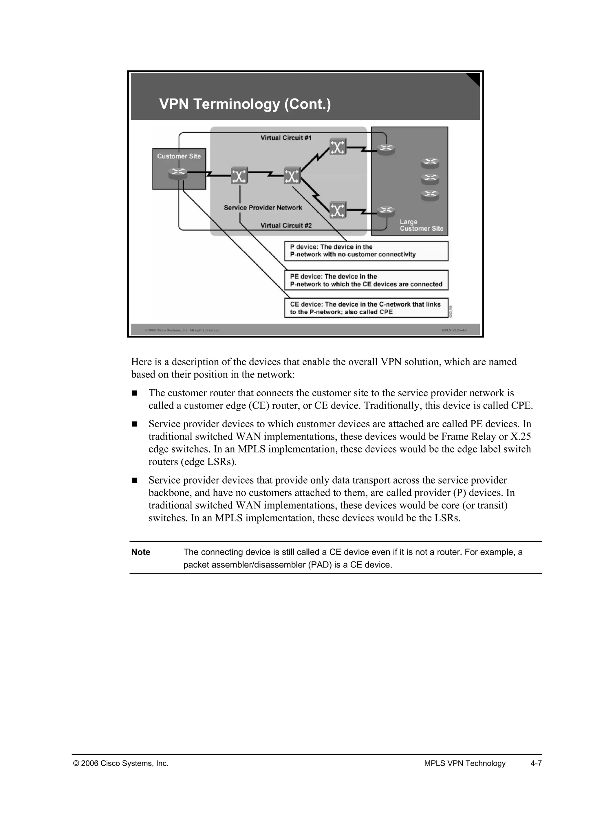 © 2006 Cisco Systems, Inc. MPLS VPN Technology 4-7
© 2006 Cisco Systems, Inc. All rights reserved. MPLS v2.2—4-6
VPN Terminology (Cont.)
Here is a description of the devices that enable the overall VPN solution, which are named
based on their position in the network:
The customer router that connects the customer site to the service provider network is
called a customer edge (CE) router, or CE device. Traditionally, this device is called CPE.
Service provider devices to which customer devices are attached are called PE devices. In
traditional switched WAN implementations, these devices would be Frame Relay or X.25
edge switches. In an MPLS implementation, these devices would be the edge label switch
routers (edge LSRs).
Service provider devices that provide only data transport across the service provider
backbone, and have no customers attached to them, are called provider (P) devices. In
traditional switched WAN implementations, these devices would be core (or transit)
switches. In an MPLS implementation, these devices would be the LSRs.
Note The connecting device is still called a CE device even if it is not a router. For example, a
packet assembler/disassembler (PAD) is a CE device.
 