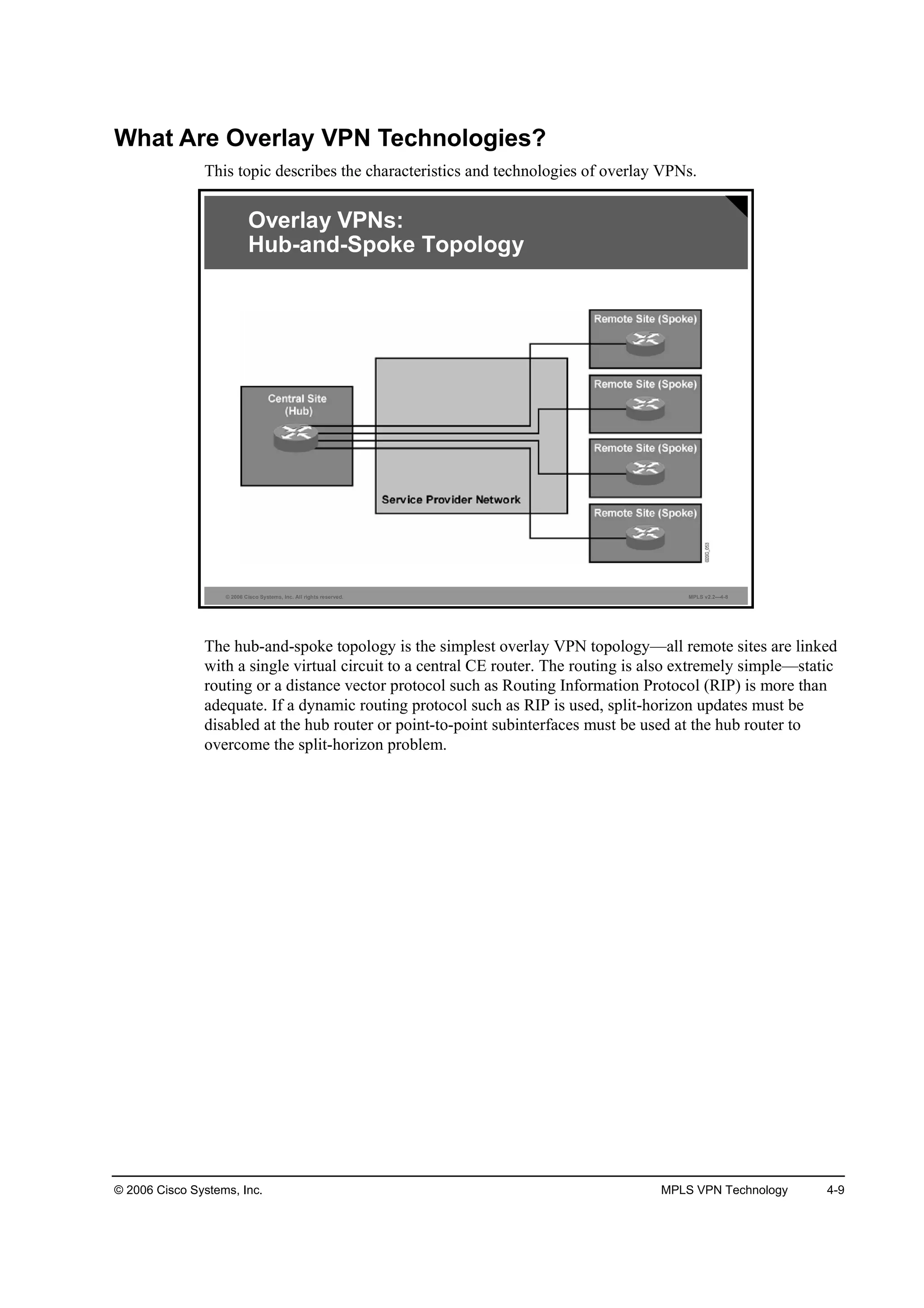 © 2006 Cisco Systems, Inc. MPLS VPN Technology 4-9
What Are Overlay VPN Technologies?
This topic describes the characteristics and technologies of overlay VPNs.
© 2006 Cisco Systems, Inc. All rights reserved. MPLS v2.2—4-8
Overlay VPNs:
Hub-and-Spoke Topology
The hub-and-spoke topology is the simplest overlay VPN topology—all remote sites are linked
with a single virtual circuit to a central CE router. The routing is also extremely simple—static
routing or a distance vector protocol such as Routing Information Protocol (RIP) is more than
adequate. If a dynamic routing protocol such as RIP is used, split-horizon updates must be
disabled at the hub router or point-to-point subinterfaces must be used at the hub router to
overcome the split-horizon problem.
 
