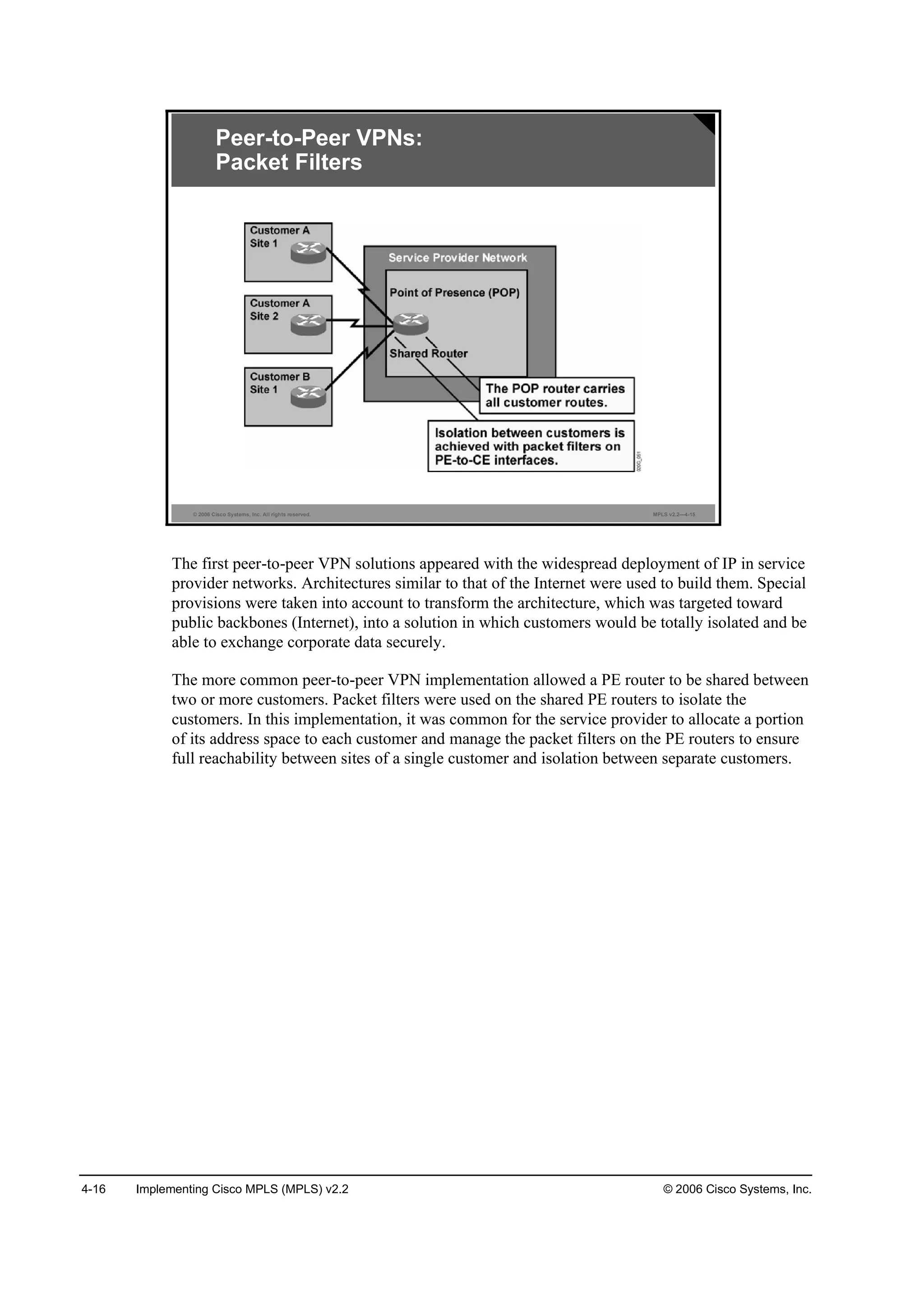4-16 Implementing Cisco MPLS (MPLS) v2.2 © 2006 Cisco Systems, Inc.
© 2006 Cisco Systems, Inc. All rights reserved. MPLS v2.2—4-15
Peer-to-Peer VPNs:
Packet Filters
The first peer-to-peer VPN solutions appeared with the widespread deployment of IP in service
provider networks. Architectures similar to that of the Internet were used to build them. Special
provisions were taken into account to transform the architecture, which was targeted toward
public backbones (Internet), into a solution in which customers would be totally isolated and be
able to exchange corporate data securely.
The more common peer-to-peer VPN implementation allowed a PE router to be shared between
two or more customers. Packet filters were used on the shared PE routers to isolate the
customers. In this implementation, it was common for the service provider to allocate a portion
of its address space to each customer and manage the packet filters on the PE routers to ensure
full reachability between sites of a single customer and isolation between separate customers.
 