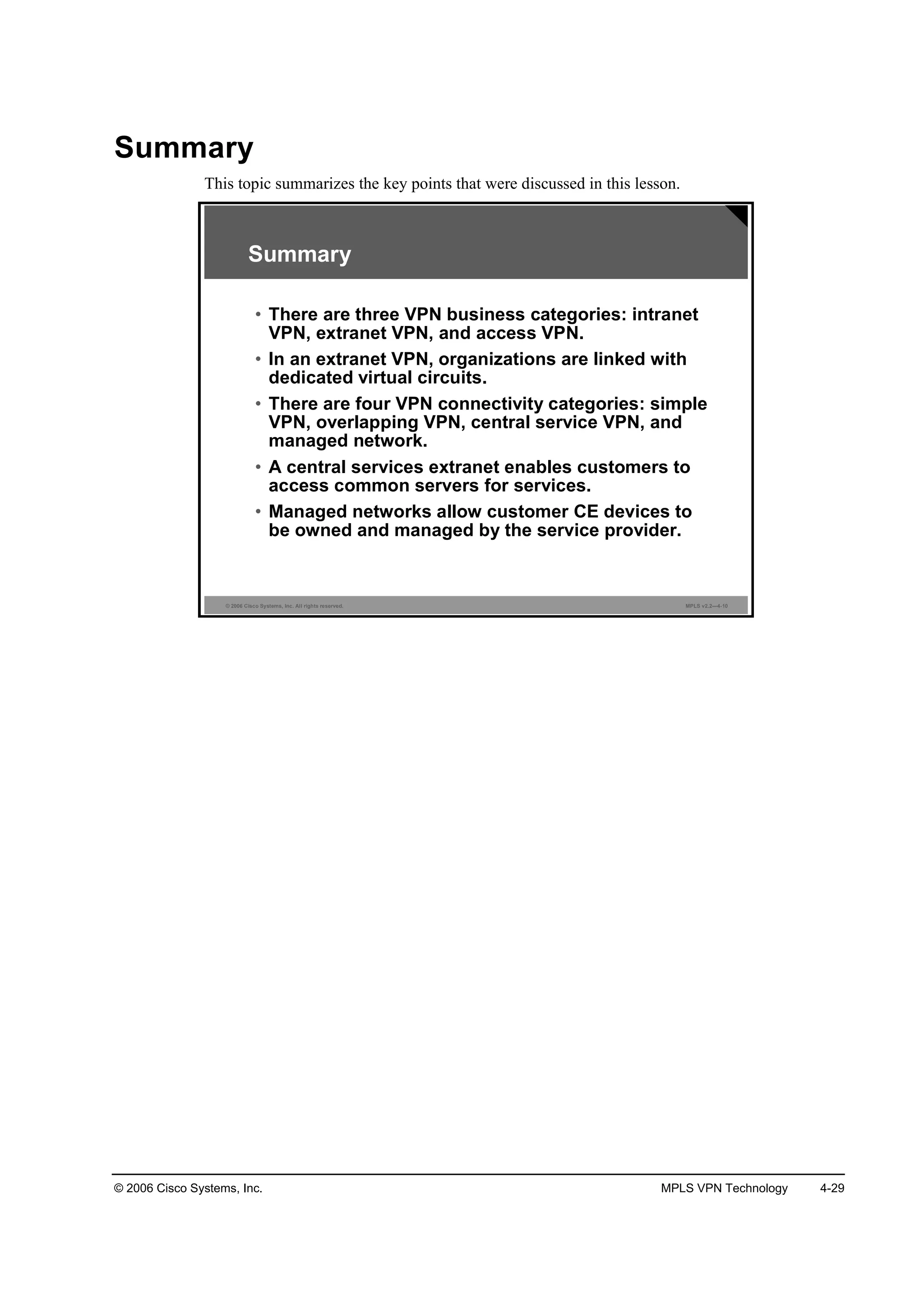 © 2006 Cisco Systems, Inc. MPLS VPN Technology 4-29
Summary
This topic summarizes the key points that were discussed in this lesson.
© 2006 Cisco Systems, Inc. All rights reserved. MPLS v2.2—4-10
Summary
• There are three VPN business categories: intranet
VPN, extranet VPN, and access VPN.
• In an extranet VPN, organizations are linked with
dedicated virtual circuits.
• There are four VPN connectivity categories: simple
VPN, overlapping VPN, central service VPN, and
managed network.
• A central services extranet enables customers to
access common servers for services.
• Managed networks allow customer CE devices to
be owned and managed by the service provider.
 