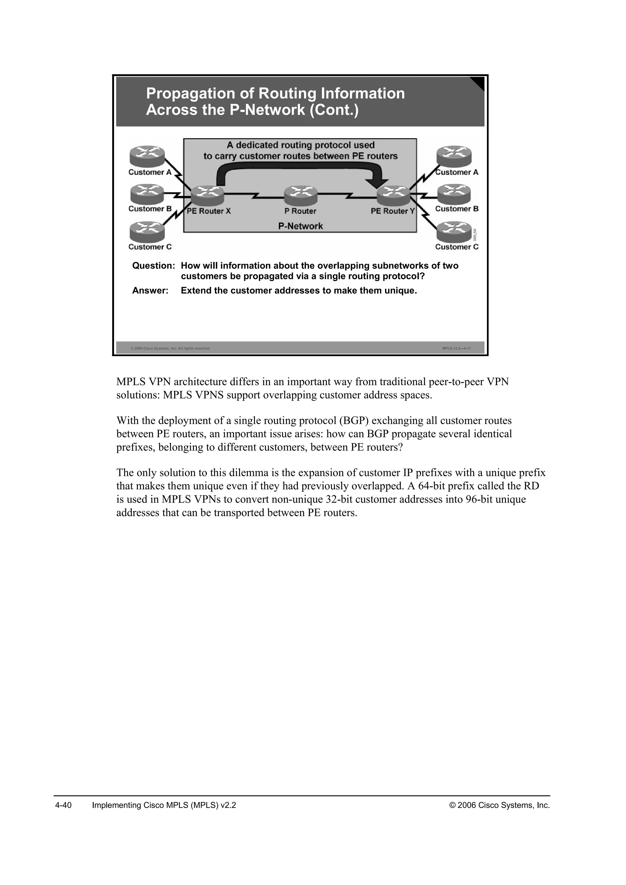 4-40 Implementing Cisco MPLS (MPLS) v2.2 © 2006 Cisco Systems, Inc.
© 2006 Cisco Systems, Inc. All rights reserved. MPLS v2.2—4-11
Propagation of Routing Information
Across the P-Network (Cont.)
Question: How will information about the overlapping subnetworks of two
customers be propagated via a single routing protocol?
Answer: Extend the customer addresses to make them unique.
MPLS VPN architecture differs in an important way from traditional peer-to-peer VPN
solutions: MPLS VPNS support overlapping customer address spaces.
With the deployment of a single routing protocol (BGP) exchanging all customer routes
between PE routers, an important issue arises: how can BGP propagate several identical
prefixes, belonging to different customers, between PE routers?
The only solution to this dilemma is the expansion of customer IP prefixes with a unique prefix
that makes them unique even if they had previously overlapped. A 64-bit prefix called the RD
is used in MPLS VPNs to convert non-unique 32-bit customer addresses into 96-bit unique
addresses that can be transported between PE routers.
 