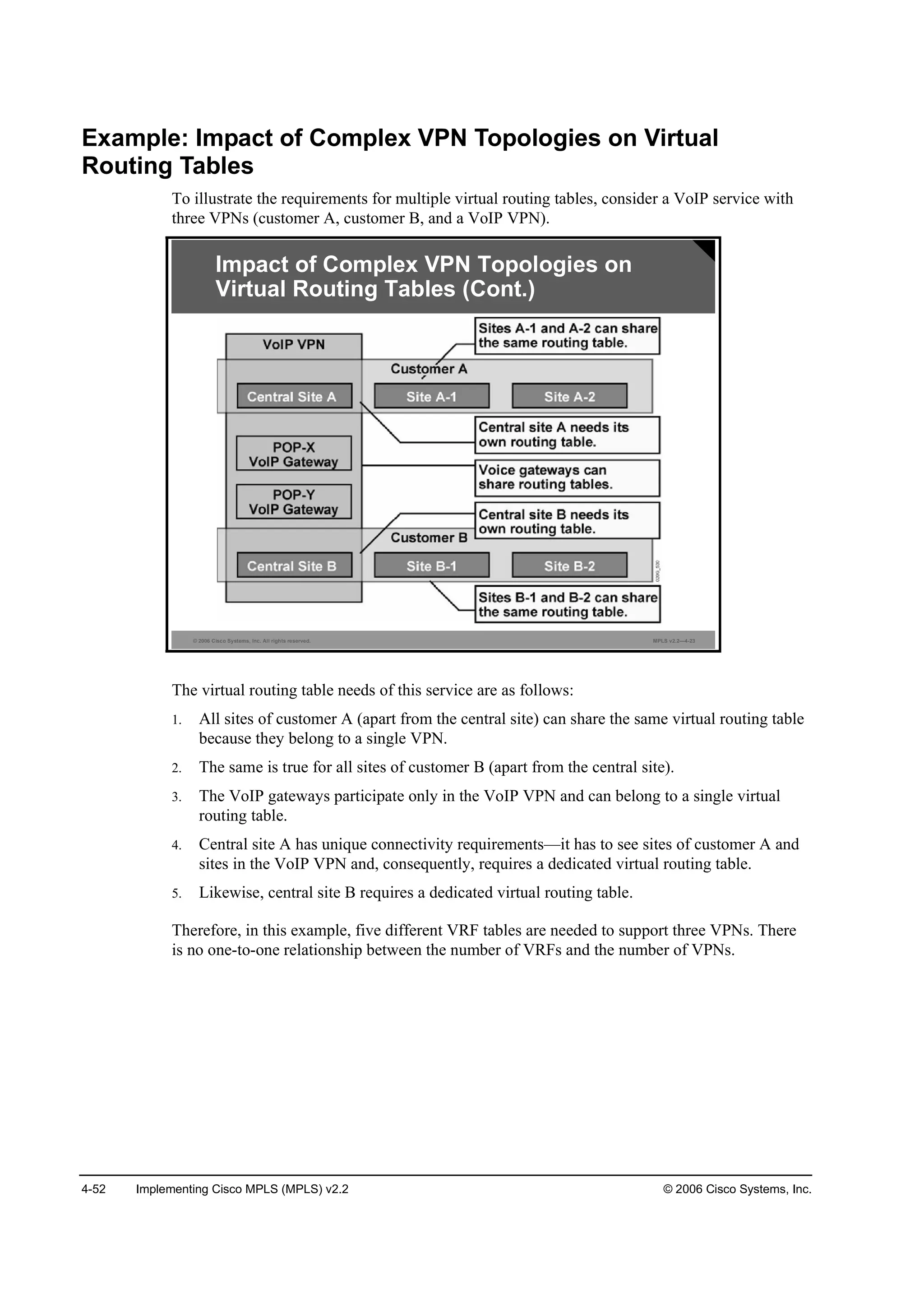 4-52 Implementing Cisco MPLS (MPLS) v2.2 © 2006 Cisco Systems, Inc.
Example: Impact of Complex VPN Topologies on Virtual
Routing Tables
To illustrate the requirements for multiple virtual routing tables, consider a VoIP service with
three VPNs (customer A, customer B, and a VoIP VPN).
© 2006 Cisco Systems, Inc. All rights reserved. MPLS v2.2—4-23
Impact of Complex VPN Topologies on
Virtual Routing Tables (Cont.)
The virtual routing table needs of this service are as follows:
1. All sites of customer A (apart from the central site) can share the same virtual routing table
because they belong to a single VPN.
2. The same is true for all sites of customer B (apart from the central site).
3. The VoIP gateways participate only in the VoIP VPN and can belong to a single virtual
routing table.
4. Central site A has unique connectivity requirements—it has to see sites of customer A and
sites in the VoIP VPN and, consequently, requires a dedicated virtual routing table.
5. Likewise, central site B requires a dedicated virtual routing table.
Therefore, in this example, five different VRF tables are needed to support three VPNs. There
is no one-to-one relationship between the number of VRFs and the number of VPNs.
 