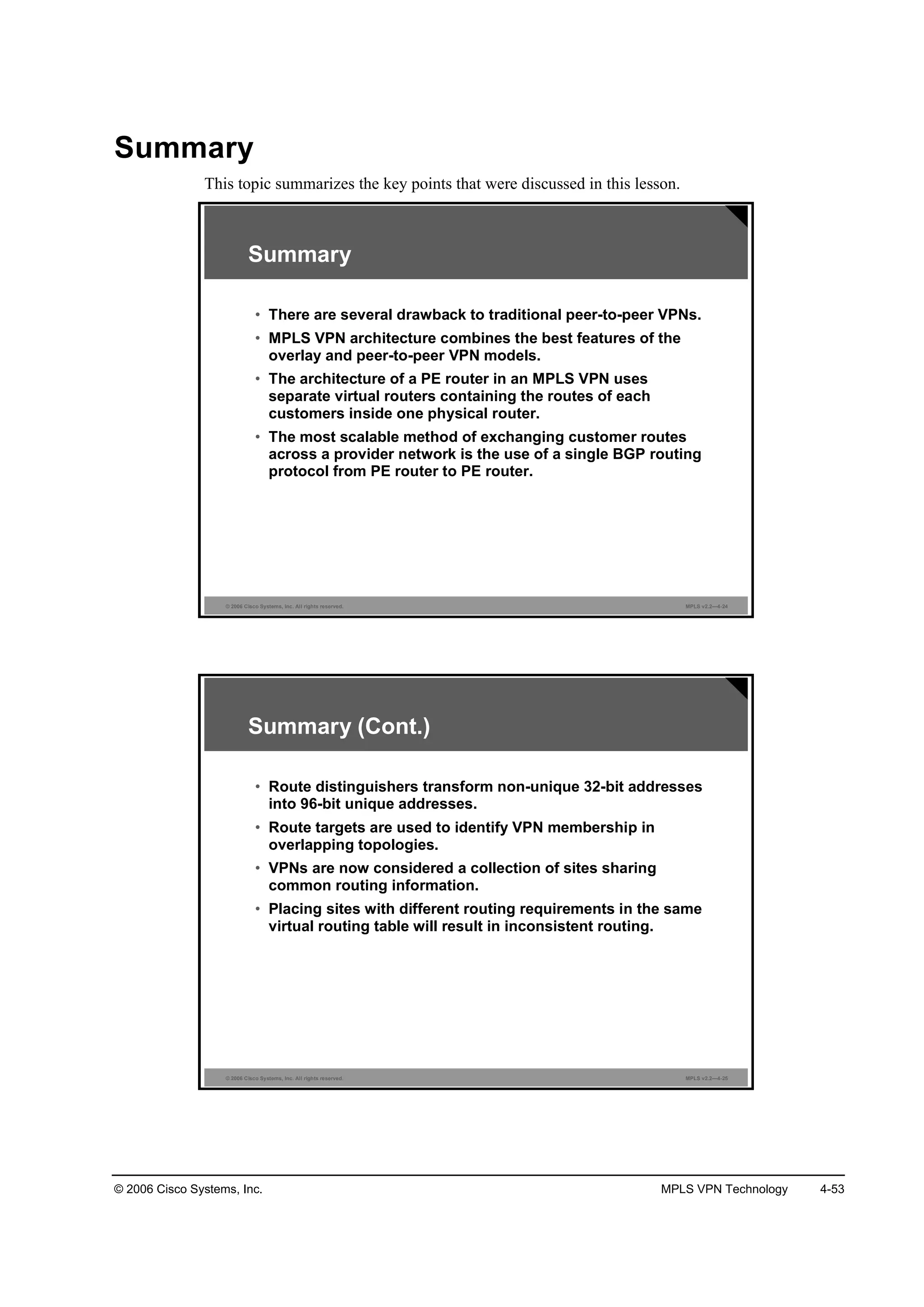 © 2006 Cisco Systems, Inc. MPLS VPN Technology 4-53
Summary
This topic summarizes the key points that were discussed in this lesson.
© 2006 Cisco Systems, Inc. All rights reserved. MPLS v2.2—4-24
Summary
• There are several drawback to traditional peer-to-peer VPNs.
• MPLS VPN architecture combines the best features of the
overlay and peer-to-peer VPN models.
• The architecture of a PE router in an MPLS VPN uses
separate virtual routers containing the routes of each
customers inside one physical router.
• The most scalable method of exchanging customer routes
across a provider network is the use of a single BGP routing
protocol from PE router to PE router.
© 2006 Cisco Systems, Inc. All rights reserved. MPLS v2.2—4-25
Summary (Cont.)
• Route distinguishers transform non-unique 32-bit addresses
into 96-bit unique addresses.
• Route targets are used to identify VPN membership in
overlapping topologies.
• VPNs are now considered a collection of sites sharing
common routing information.
• Placing sites with different routing requirements in the same
virtual routing table will result in inconsistent routing.
 