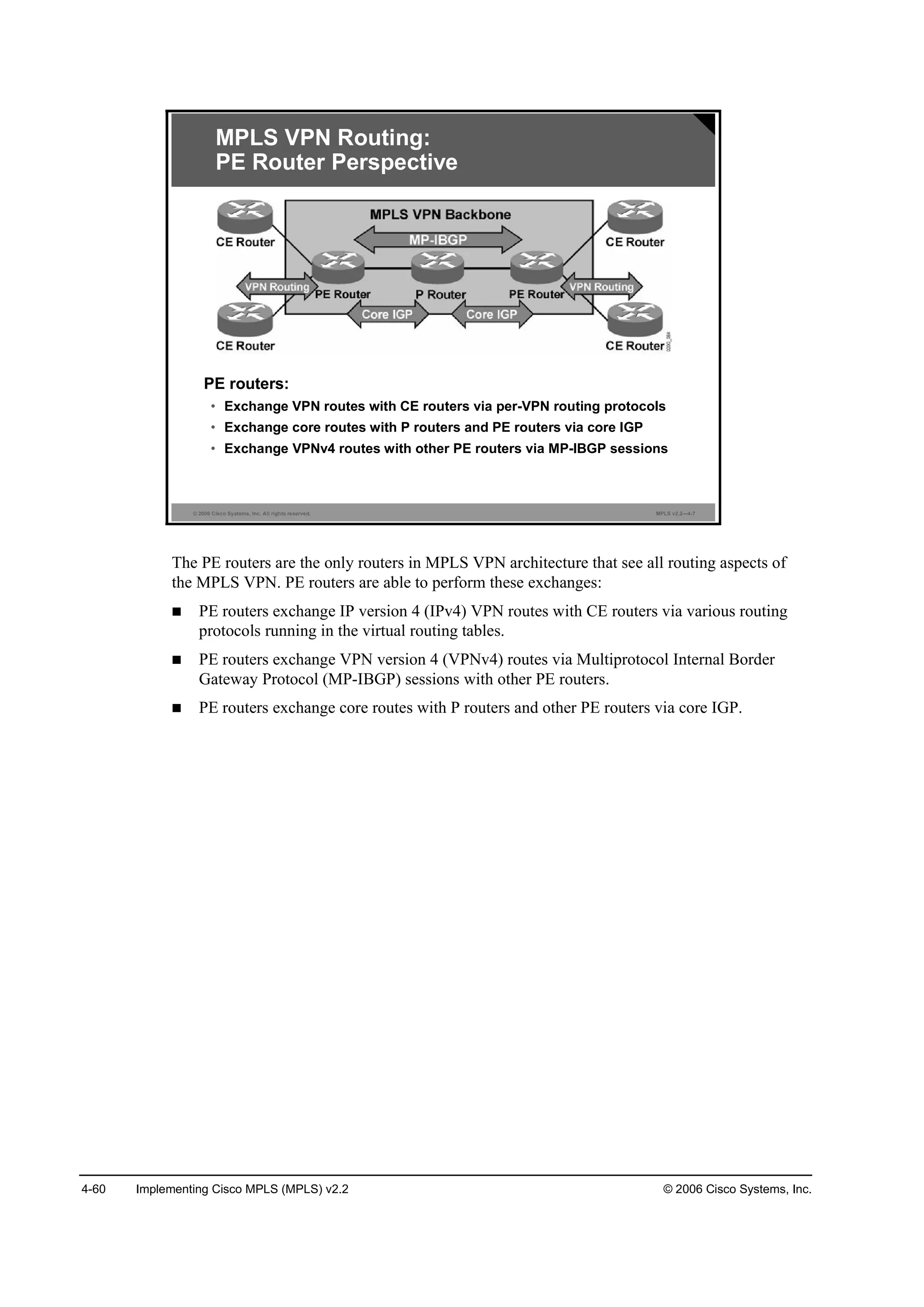 4-60 Implementing Cisco MPLS (MPLS) v2.2 © 2006 Cisco Systems, Inc.
© 2006 Cisco Systems, Inc. All rights reserved. MPLS v2.2—4-7
MPLS VPN Routing:
PE Router Perspective
PE routers:
• Exchange VPN routes with CE routers via per-VPN routing protocols
• Exchange core routes with P routers and PE routers via core IGP
• Exchange VPNv4 routes with other PE routers via MP-IBGP sessions
The PE routers are the only routers in MPLS VPN architecture that see all routing aspects of
the MPLS VPN. PE routers are able to perform these exchanges:
PE routers exchange IP version 4 (IPv4) VPN routes with CE routers via various routing
protocols running in the virtual routing tables.
PE routers exchange VPN version 4 (VPNv4) routes via Multiprotocol Internal Border
Gateway Protocol (MP-IBGP) sessions with other PE routers.
PE routers exchange core routes with P routers and other PE routers via core IGP.
 