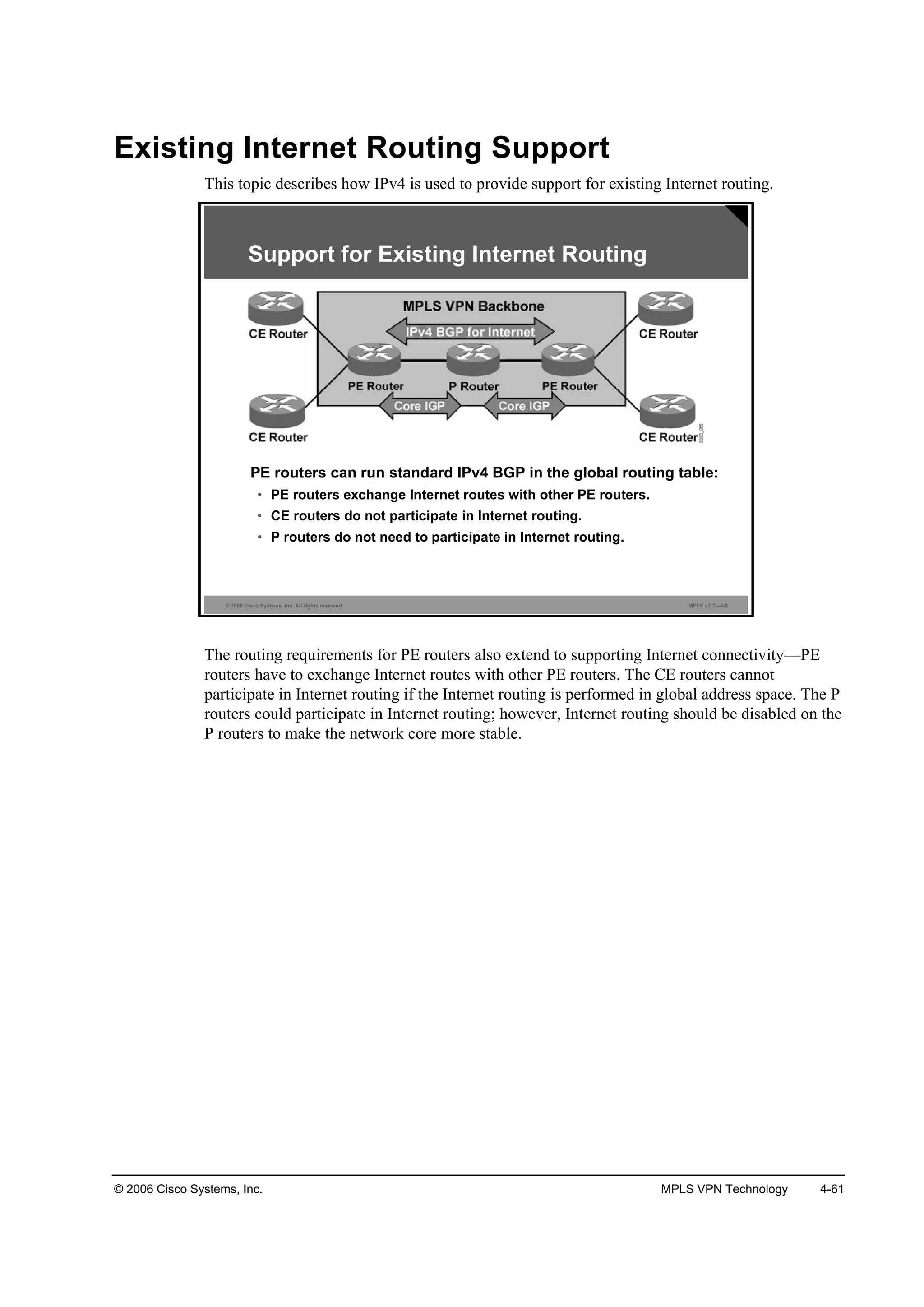 © 2006 Cisco Systems, Inc. MPLS VPN Technology 4-61
Existing Internet Routing Support
This topic describes how IPv4 is used to provide support for existing Internet routing.
© 2006 Cisco Systems, Inc. All rights reserved. MPLS v2.2—4-8
Support for Existing Internet Routing
PE routers can run standard IPv4 BGP in the global routing table:
• PE routers exchange Internet routes with other PE routers.
• CE routers do not participate in Internet routing.
• P routers do not need to participate in Internet routing.
The routing requirements for PE routers also extend to supporting Internet connectivity—PE
routers have to exchange Internet routes with other PE routers. The CE routers cannot
participate in Internet routing if the Internet routing is performed in global address space. The P
routers could participate in Internet routing; however, Internet routing should be disabled on the
P routers to make the network core more stable.
 