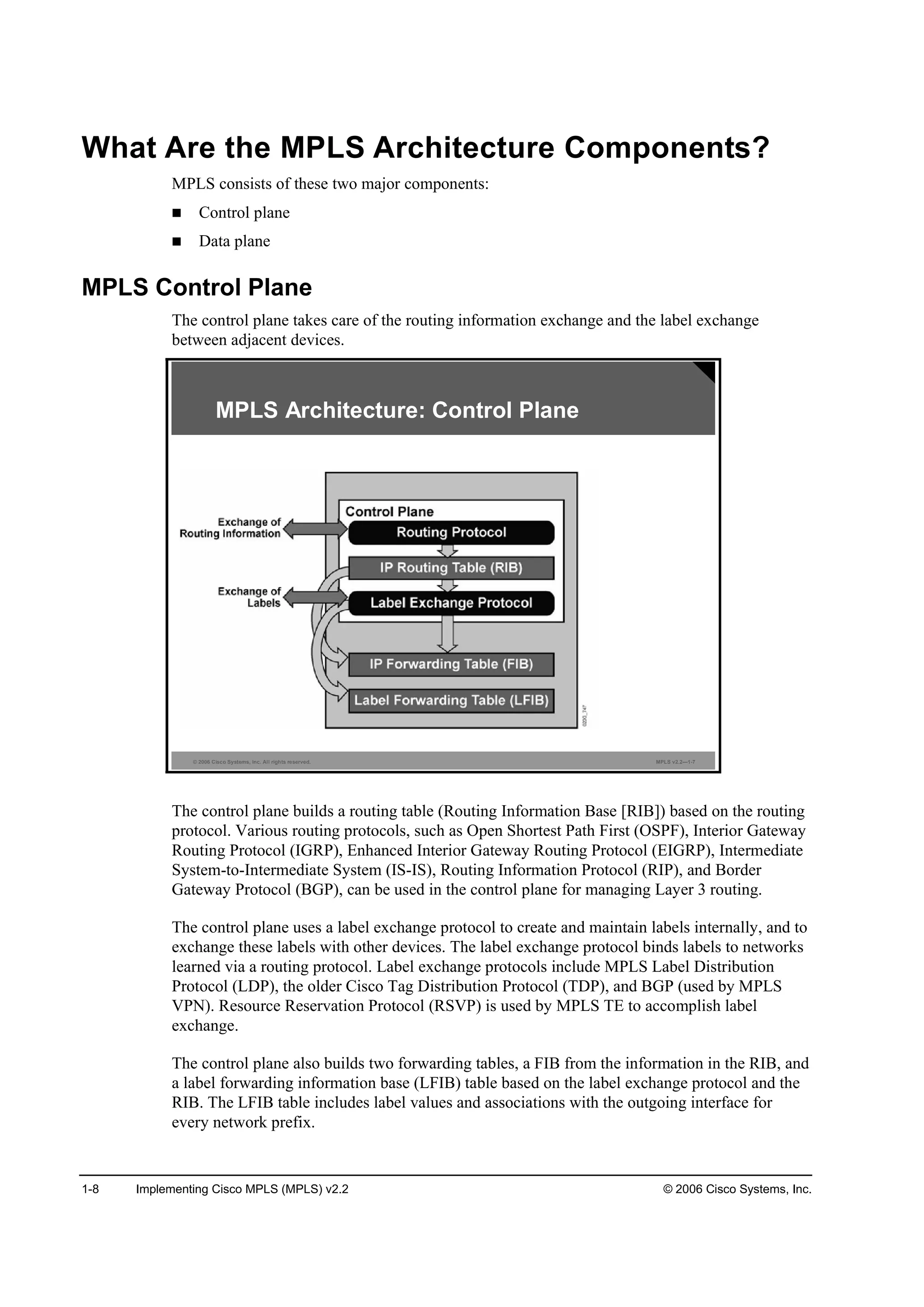 1-8 Implementing Cisco MPLS (MPLS) v2.2 © 2006 Cisco Systems, Inc.
What Are the MPLS Architecture Components?
MPLS consists of these two major components:
Control plane
Data plane
MPLS Control Plane
The control plane takes care of the routing information exchange and the label exchange
between adjacent devices.
© 2006 Cisco Systems, Inc. All rights reserved. MPLS v2.2—1-7
MPLS Architecture: Control Plane
The control plane builds a routing table (Routing Information Base [RIB]) based on the routing
protocol. Various routing protocols, such as Open Shortest Path First (OSPF), Interior Gateway
Routing Protocol (IGRP), Enhanced Interior Gateway Routing Protocol (EIGRP), Intermediate
System-to-Intermediate System (IS-IS), Routing Information Protocol (RIP), and Border
Gateway Protocol (BGP), can be used in the control plane for managing Layer 3 routing.
The control plane uses a label exchange protocol to create and maintain labels internally, and to
exchange these labels with other devices. The label exchange protocol binds labels to networks
learned via a routing protocol. Label exchange protocols include MPLS Label Distribution
Protocol (LDP), the older Cisco Tag Distribution Protocol (TDP), and BGP (used by MPLS
VPN). Resource Reservation Protocol (RSVP) is used by MPLS TE to accomplish label
exchange.
The control plane also builds two forwarding tables, a FIB from the information in the RIB, and
a label forwarding information base (LFIB) table based on the label exchange protocol and the
RIB. The LFIB table includes label values and associations with the outgoing interface for
every network prefix.
 