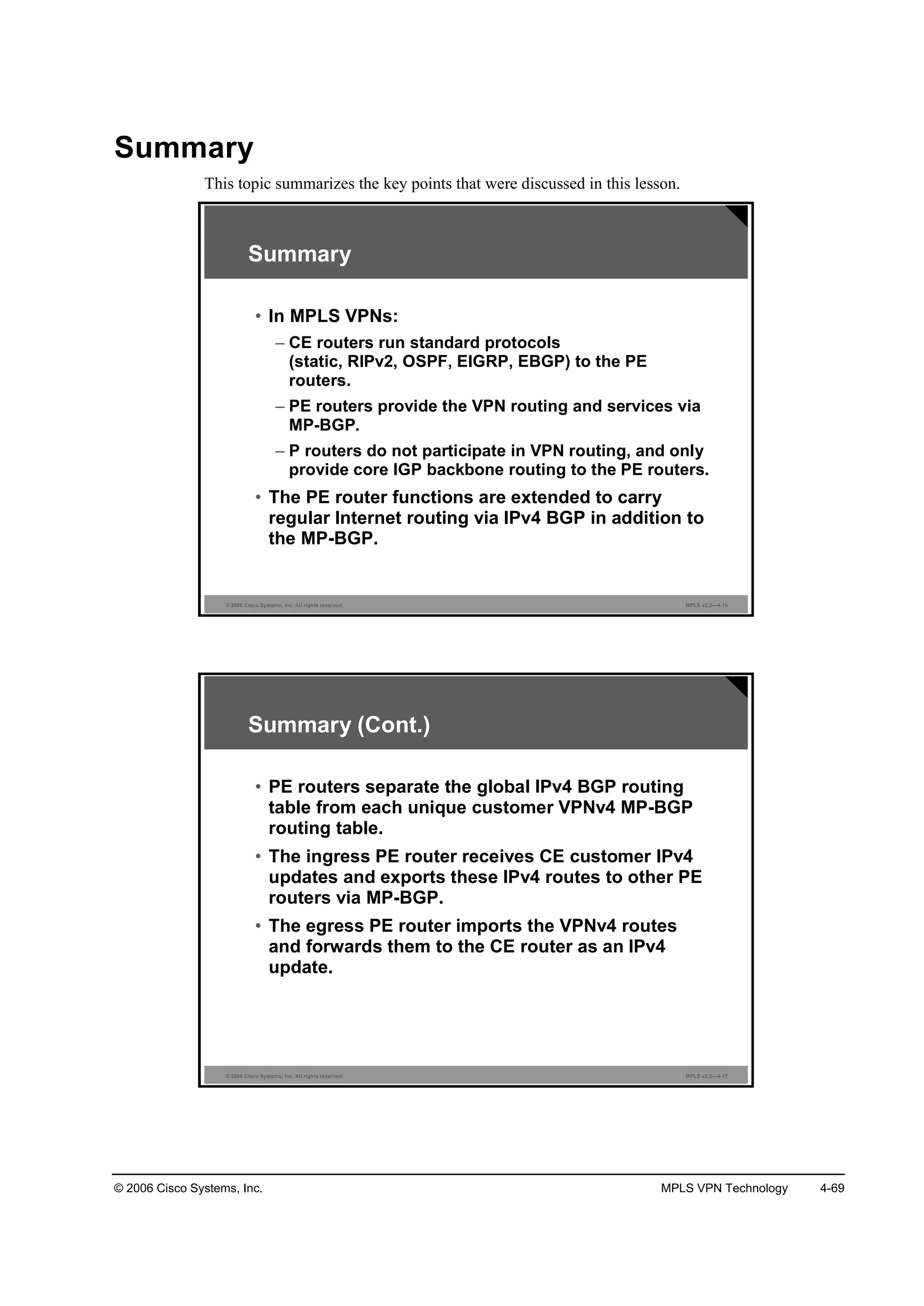 © 2006 Cisco Systems, Inc. MPLS VPN Technology 4-69
Summary
This topic summarizes the key points that were discussed in this lesson.
© 2006 Cisco Systems, Inc. All rights reserved. MPLS v2.2—4-16
Summary
• In MPLS VPNs:
– CE routers run standard protocols
(static, RIPv2, OSPF, EIGRP, EBGP) to the PE
routers.
– PE routers provide the VPN routing and services via
MP-BGP.
– P routers do not participate in VPN routing, and only
provide core IGP backbone routing to the PE routers.
• The PE router functions are extended to carry
regular Internet routing via IPv4 BGP in addition to
the MP-BGP.
© 2006 Cisco Systems, Inc. All rights reserved. MPLS v2.2—4-17
Summary (Cont.)
• PE routers separate the global IPv4 BGP routing
table from each unique customer VPNv4 MP-BGP
routing table.
• The ingress PE router receives CE customer IPv4
updates and exports these IPv4 routes to other PE
routers via MP-BGP.
• The egress PE router imports the VPNv4 routes
and forwards them to the CE router as an IPv4
update.
 