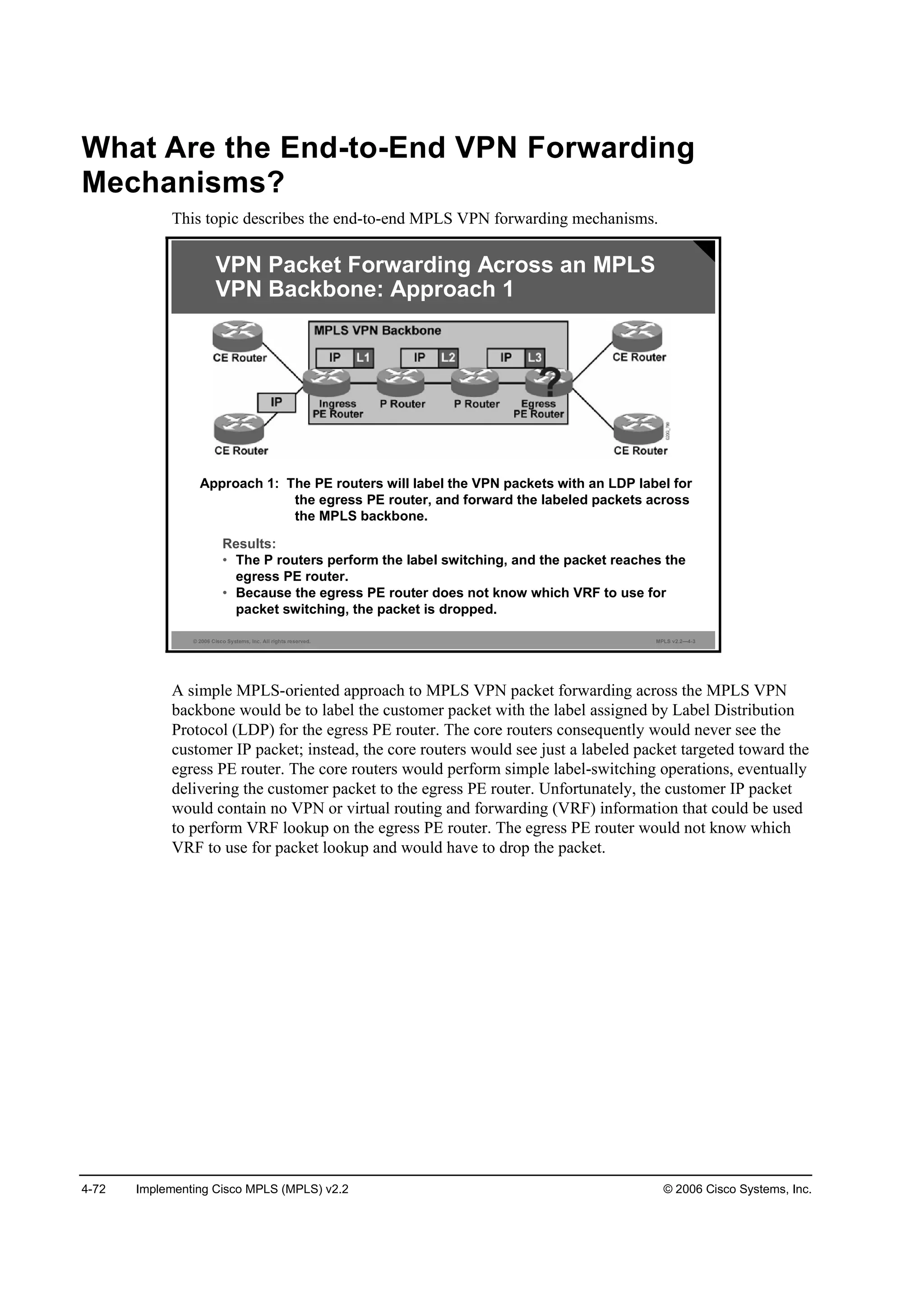 4-72 Implementing Cisco MPLS (MPLS) v2.2 © 2006 Cisco Systems, Inc.
What Are the End-to-End VPN Forwarding
Mechanisms?
This topic describes the end-to-end MPLS VPN forwarding mechanisms.
© 2006 Cisco Systems, Inc. All rights reserved. MPLS v2.2—4-3
VPN Packet Forwarding Across an MPLS
VPN Backbone: Approach 1
Approach 1: The PE routers will label the VPN packets with an LDP label for
the egress PE router, and forward the labeled packets across
the MPLS backbone.
Results:
• The P routers perform the label switching, and the packet reaches the
egress PE router.
• Because the egress PE router does not know which VRF to use for
packet switching, the packet is dropped.
A simple MPLS-oriented approach to MPLS VPN packet forwarding across the MPLS VPN
backbone would be to label the customer packet with the label assigned by Label Distribution
Protocol (LDP) for the egress PE router. The core routers consequently would never see the
customer IP packet; instead, the core routers would see just a labeled packet targeted toward the
egress PE router. The core routers would perform simple label-switching operations, eventually
delivering the customer packet to the egress PE router. Unfortunately, the customer IP packet
would contain no VPN or virtual routing and forwarding (VRF) information that could be used
to perform VRF lookup on the egress PE router. The egress PE router would not know which
VRF to use for packet lookup and would have to drop the packet.
 