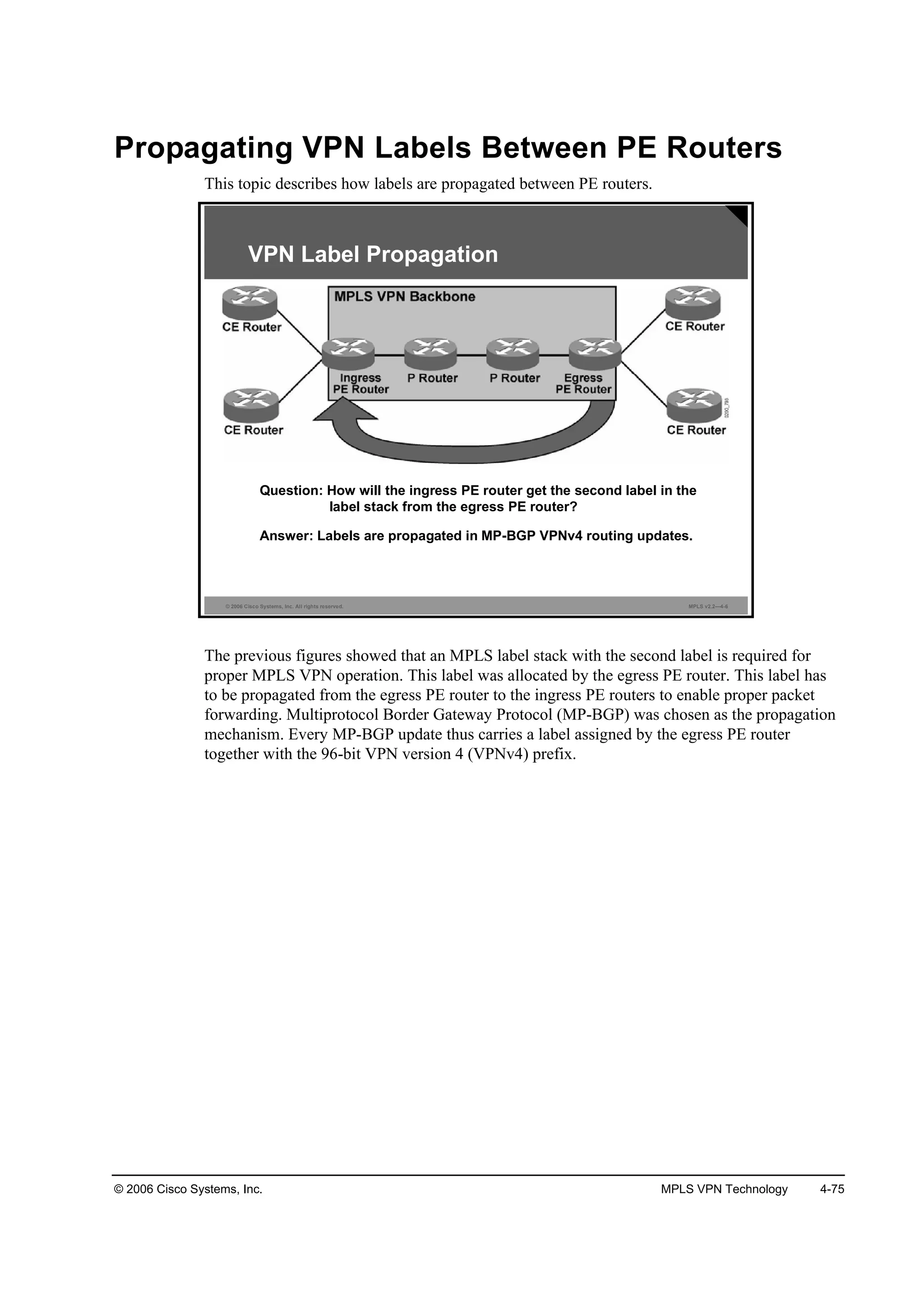 © 2006 Cisco Systems, Inc. MPLS VPN Technology 4-75
Propagating VPN Labels Between PE Routers
This topic describes how labels are propagated between PE routers.
© 2006 Cisco Systems, Inc. All rights reserved. MPLS v2.2—4-6
VPN Label Propagation
Question: How will the ingress PE router get the second label in the
label stack from the egress PE router?
Answer: Labels are propagated in MP-BGP VPNv4 routing updates.
The previous figures showed that an MPLS label stack with the second label is required for
proper MPLS VPN operation. This label was allocated by the egress PE router. This label has
to be propagated from the egress PE router to the ingress PE routers to enable proper packet
forwarding. Multiprotocol Border Gateway Protocol (MP-BGP) was chosen as the propagation
mechanism. Every MP-BGP update thus carries a label assigned by the egress PE router
together with the 96-bit VPN version 4 (VPNv4) prefix.
 