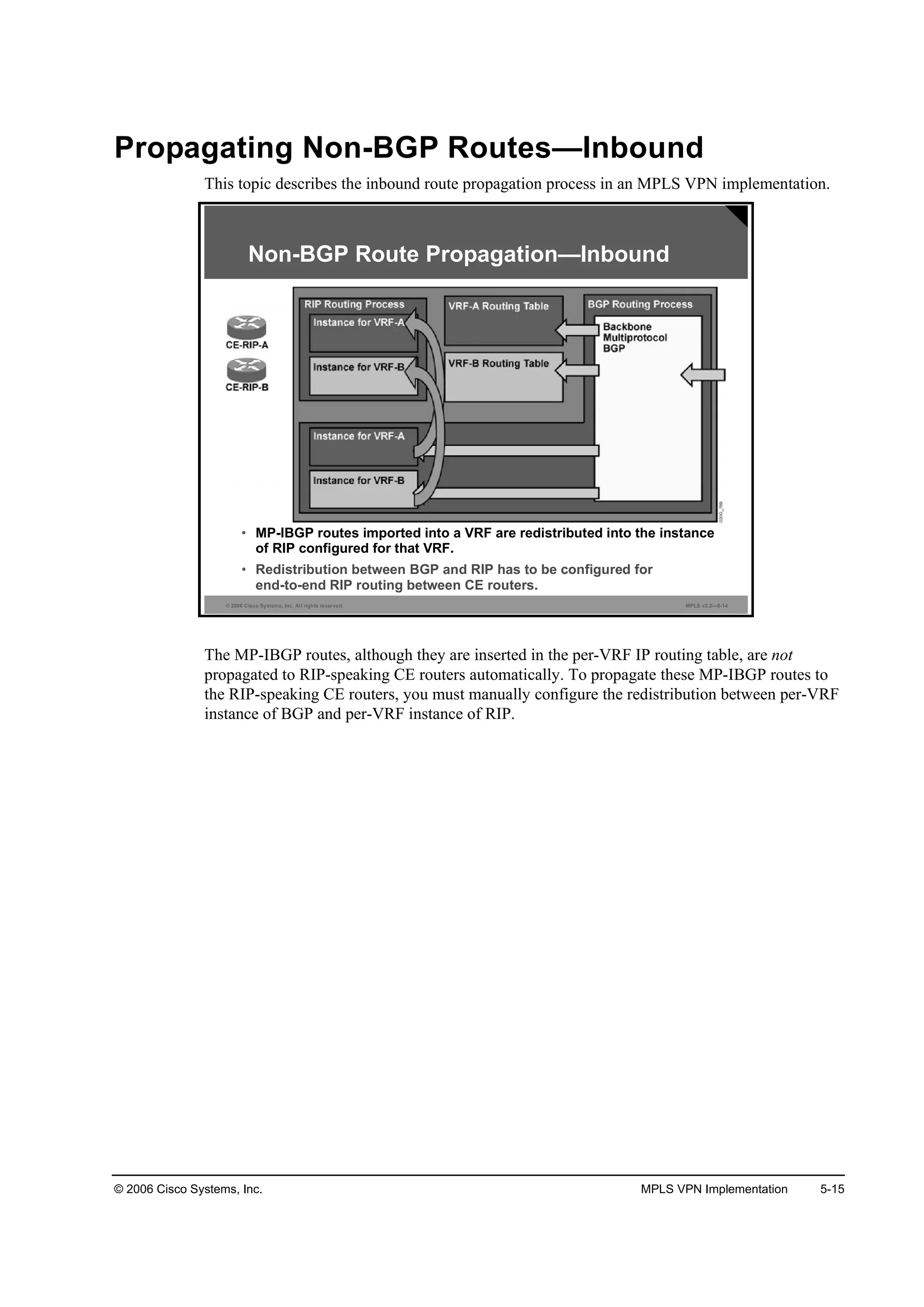© 2006 Cisco Systems, Inc. MPLS VPN Implementation 5-15
Propagating Non-BGP Routes—Inbound
This topic describes the inbound route propagation process in an MPLS VPN implementation.
© 2006 Cisco Systems, Inc. All rights reserved. MPLS v2.2—5-14
Non-BGP Route Propagation—Inbound
• MP-IBGP routes imported into a VRF are redistributed into the instance
of RIP configured for that VRF.
• Redistribution between BGP and RIP has to be configured for
end-to-end RIP routing between CE routers.
The MP-IBGP routes, although they are inserted in the per-VRF IP routing table, are not
propagated to RIP-speaking CE routers automatically. To propagate these MP-IBGP routes to
the RIP-speaking CE routers, you must manually configure the redistribution between per-VRF
instance of BGP and per-VRF instance of RIP.
 