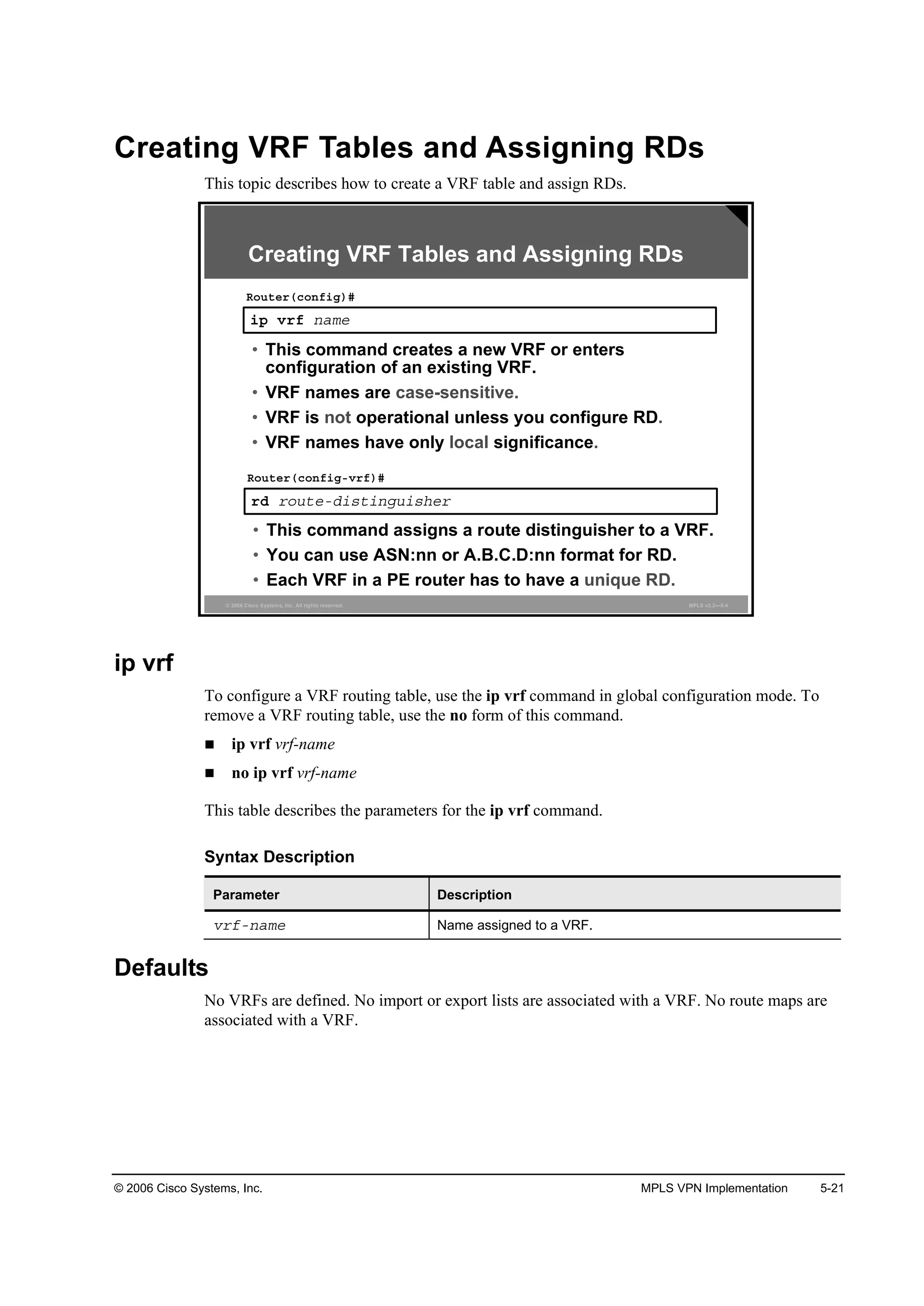 © 2006 Cisco Systems, Inc. MPLS VPN Implementation 5-21
Creating VRF Tables and Assigning RDs
This topic describes how to create a VRF table and assign RDs.
© 2006 Cisco Systems, Inc. All rights reserved. MPLS v2.2—5-4
·° Ş®ş ˛żł»
Î±«¬»®ř˝±˛ş·ą÷ý
• This command creates a new VRF or enters
configuration of an existing VRF.
• VRF names are case-sensitive.
• VRF is not operational unless you configure RD.
• VRF names have only local significance.
®Ľ ®±«¬»óĽ·­¬·˛ą«·­¸»®
Î±«¬»®ř˝±˛ş·ąóŞ®ş÷ý
• This command assigns a route distinguisher to a VRF.
• You can use ASN:nn or A.B.C.D:nn format for RD.
• Each VRF in a PE router has to have a unique RD.
Creating VRF Tables and Assigning RDs
ip vrf
To configure a VRF routing table, use the ip vrf command in global configuration mode. To
remove a VRF routing table, use the no form of this command.
ip vrf vrf-name
no ip vrf vrf-name
This table describes the parameters for the ip vrf command.
Syntax Description
Parameter Description
Ş®şó˛żł» Name assigned to a VRF.
Defaults
No VRFs are defined. No import or export lists are associated with a VRF. No route maps are
associated with a VRF.
 