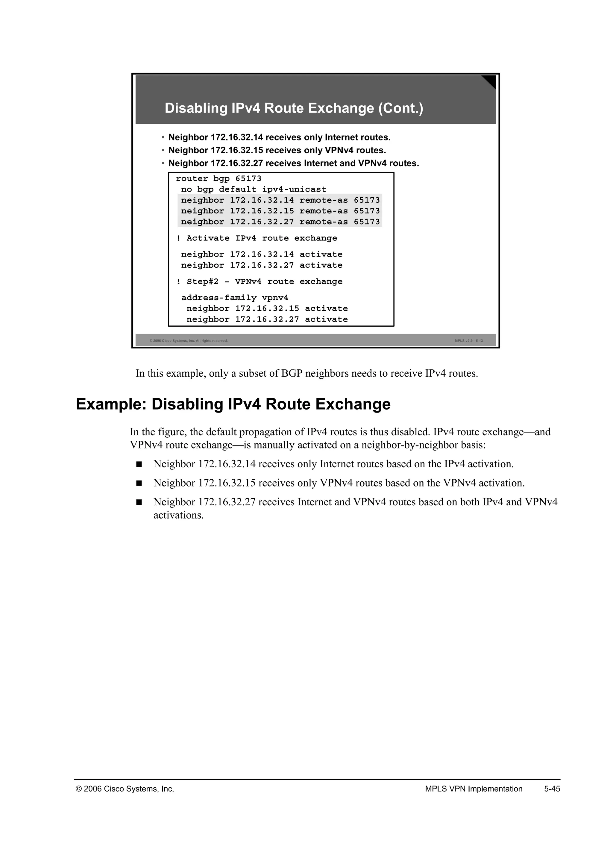 © 2006 Cisco Systems, Inc. MPLS VPN Implementation 5-45
© 2006 Cisco Systems, Inc. All rights reserved. MPLS v2.2—5-12
• Neighbor 172.16.32.14 receives only Internet routes.
• Neighbor 172.16.32.15 receives only VPNv4 routes.
• Neighbor 172.16.32.27 receives Internet and VPNv4 routes.
®±«¬»® ľą° ęëďéí
˛± ľą° Ľ»şż«´¬ ·°Şěó«˛·˝ż­¬
˛»·ą¸ľ±® ďéîňďęňíîňďě ®»ł±¬»óż­ ęëďéí
˛»·ą¸ľ±® ďéîňďęňíîňďë ®»ł±¬»óż­ ęëďéí
˛»·ą¸ľ±® ďéîňďęňíîňîé ®»ł±¬»óż­ ęëďéí
˙ ß˝¬·Şż¬» ×ĐŞě ®±«¬» »¨˝¸ż˛ą»
˛»·ą¸ľ±® ďéîňďęňíîňďě ż˝¬·Şż¬»
˛»·ą¸ľ±® ďéîňďęňíîňîé ż˝¬·Şż¬»
˙ Í¬»°ýî Š ĘĐŇŞě ®±«¬» »¨˝¸ż˛ą»
żĽĽ®»­­óşżł·´§ Ş°˛Şě
˛»·ą¸ľ±® ďéîňďęňíîňďë ż˝¬·Şż¬»
˛»·ą¸ľ±® ďéîňďęňíîňîé ż˝¬·Şż¬»
Disabling IPv4 Route Exchange (Cont.)
In this example, only a subset of BGP neighbors needs to receive IPv4 routes.
Example: Disabling IPv4 Route Exchange
In the figure, the default propagation of IPv4 routes is thus disabled. IPv4 route exchange—and
VPNv4 route exchange—is manually activated on a neighbor-by-neighbor basis:
Neighbor 172.16.32.14 receives only Internet routes based on the IPv4 activation.
Neighbor 172.16.32.15 receives only VPNv4 routes based on the VPNv4 activation.
Neighbor 172.16.32.27 receives Internet and VPNv4 routes based on both IPv4 and VPNv4
activations.
 