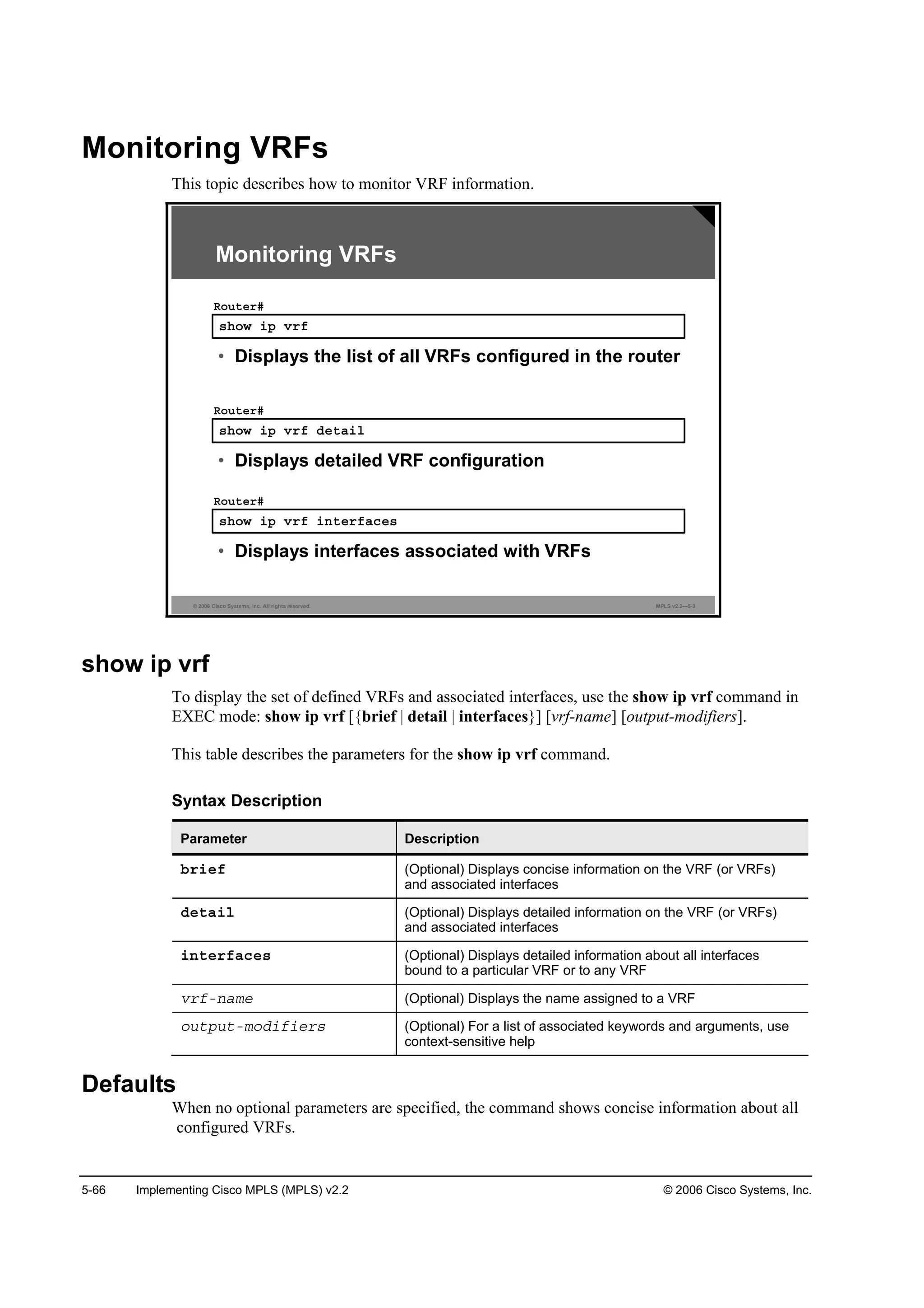 5-66 Implementing Cisco MPLS (MPLS) v2.2 © 2006 Cisco Systems, Inc.
Monitoring VRFs
This topic describes how to monitor VRF information.
© 2006 Cisco Systems, Inc. All rights reserved. MPLS v2.2—5-3
­¸±© ·° Ş®ş
Î±«¬»®ý
• Displays the list of all VRFs configured in the router
­¸±© ·° Ş®ş Ľ»¬ż·´
Î±«¬»®ý
• Displays detailed VRF configuration
­¸±© ·° Ş®ş ·˛¬»®şż˝»­
Î±«¬»®ý
• Displays interfaces associated with VRFs
Monitoring VRFs
show ip vrf
To display the set of defined VRFs and associated interfaces, use the show ip vrf command in
EXEC mode: show ip vrf [{brief | detail | interfaces}] [vrf-name] [output-modifiers].
This table describes the parameters for the show ip vrf command.
Syntax Description
Parameter Description
ľ®·»ş (Optional) Displays concise information on the VRF (or VRFs)
and associated interfaces
Ľ»¬ż·´ (Optional) Displays detailed information on the VRF (or VRFs)
and associated interfaces
·˛¬»®şż˝»­ (Optional) Displays detailed information about all interfaces
bound to a particular VRF or to any VRF
Ş®şó˛żł» (Optional) Displays the name assigned to a VRF
±«¬°«¬ół±Ľ·ş·»®­ (Optional) For a list of associated keywords and arguments, use
context-sensitive help
Defaults
When no optional parameters are specified, the command shows concise information about all
configured VRFs.
 