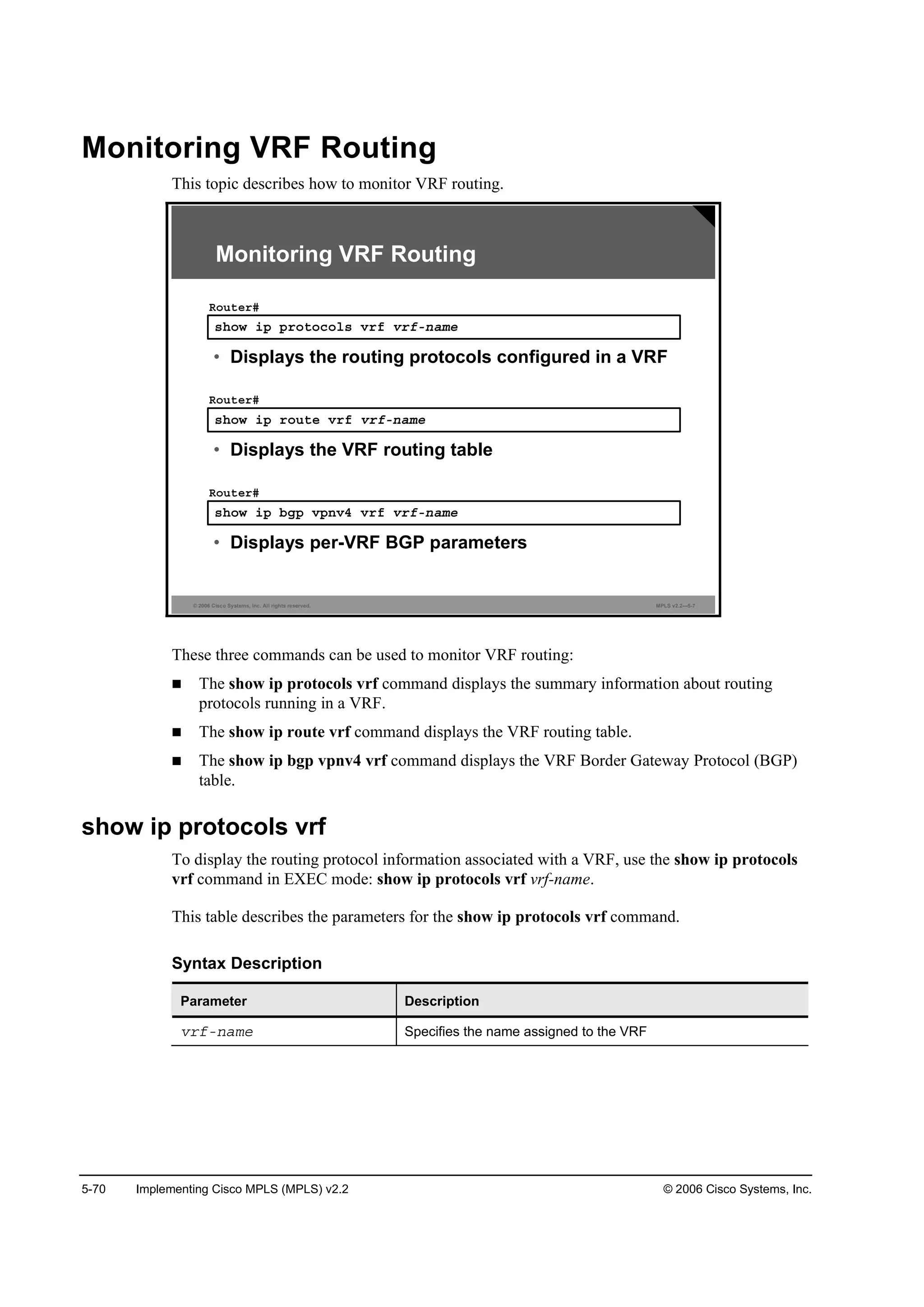 5-70 Implementing Cisco MPLS (MPLS) v2.2 © 2006 Cisco Systems, Inc.
Monitoring VRF Routing
This topic describes how to monitor VRF routing.
© 2006 Cisco Systems, Inc. All rights reserved. MPLS v2.2—5-7
­¸±© ·° °®±¬±˝±´­ Ş®ş Ş®şó˛żł»
Î±«¬»®ý
• Displays the routing protocols configured in a VRF
­¸±© ·° ®±«¬» Ş®ş Ş®şó˛żł»
Î±«¬»®ý
• Displays the VRF routing table
­¸±© ·° ľą° Ş°˛Şě Ş®ş Ş®şó˛żł»
Î±«¬»®ý
• Displays per-VRF BGP parameters
Monitoring VRF Routing
These three commands can be used to monitor VRF routing:
The show ip protocols vrf command displays the summary information about routing
protocols running in a VRF.
The show ip route vrf command displays the VRF routing table.
The show ip bgp vpnv4 vrf command displays the VRF Border Gateway Protocol (BGP)
table.
show ip protocols vrf
To display the routing protocol information associated with a VRF, use the show ip protocols
vrf command in EXEC mode: show ip protocols vrf vrf-name.
This table describes the parameters for the show ip protocols vrf command.
Syntax Description
Parameter Description
Ş®şó˛żł» Specifies the name assigned to the VRF
 