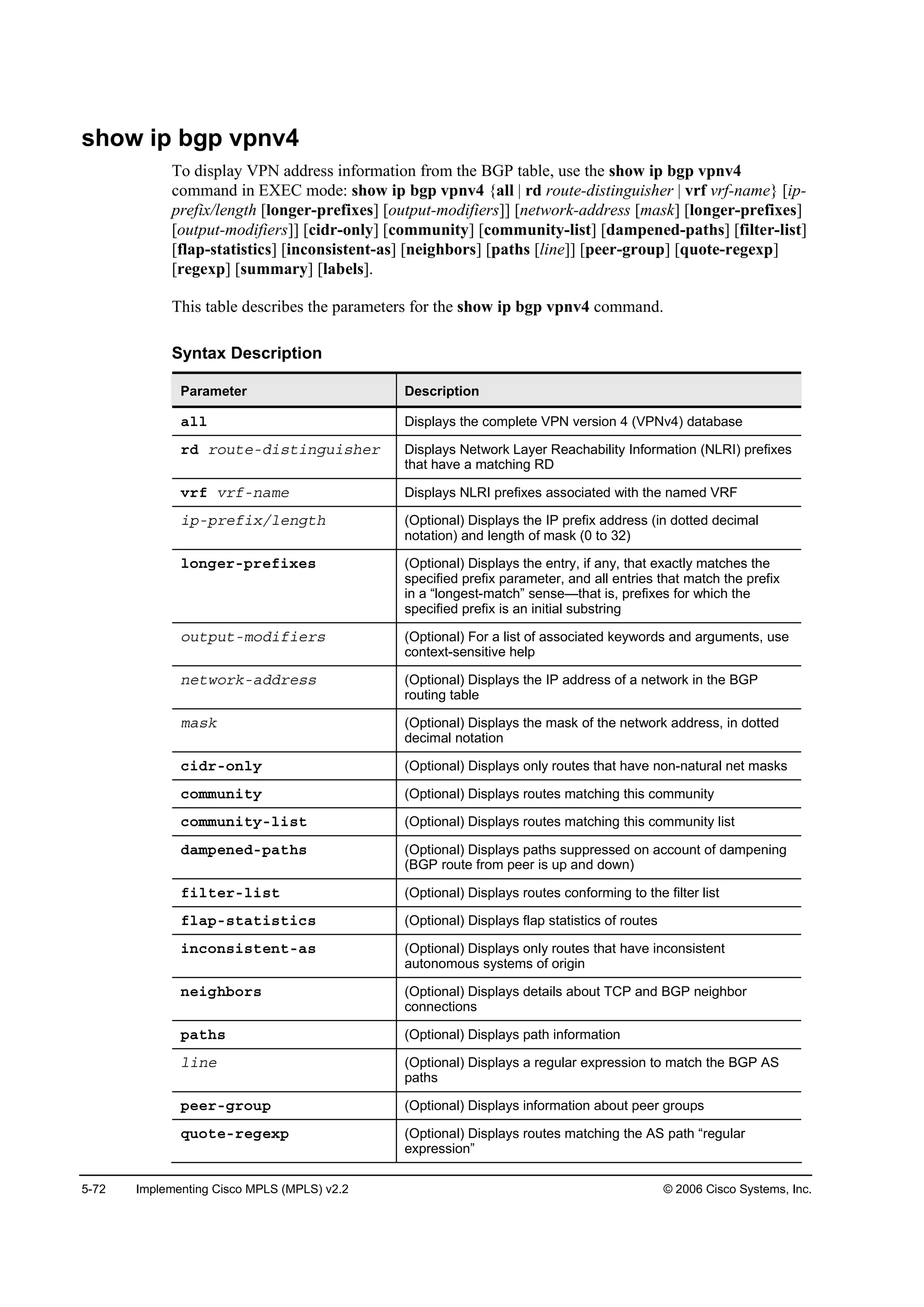 5-72 Implementing Cisco MPLS (MPLS) v2.2 © 2006 Cisco Systems, Inc.
show ip bgp vpnv4
To display VPN address information from the BGP table, use the show ip bgp vpnv4
command in EXEC mode: show ip bgp vpnv4 {all | rd route-distinguisher | vrf vrf-name} [ip-
prefix/length [longer-prefixes] [output-modifiers]] [network-address [mask] [longer-prefixes]
[output-modifiers]] [cidr-only] [community] [community-list] [dampened-paths] [filter-list]
[flap-statistics] [inconsistent-as] [neighbors] [paths [line]] [peer-group] [quote-regexp]
[regexp] [summary] [labels].
This table describes the parameters for the show ip bgp vpnv4 command.
Syntax Description
Parameter Description
ż´´ Displays the complete VPN version 4 (VPNv4) database
®Ľ ®±«¬»óĽ·­¬·˛ą«·­¸»® Displays Network Layer Reachability Information (NLRI) prefixes
that have a matching RD
Ş®ş Ş®şó˛żł» Displays NLRI prefixes associated with the named VRF
·°ó°®»ş·¨ń´»˛ą¬¸ (Optional) Displays the IP prefix address (in dotted decimal
notation) and length of mask (0 to 32)
´±˛ą»®ó°®»ş·¨»­ (Optional) Displays the entry, if any, that exactly matches the
specified prefix parameter, and all entries that match the prefix
in a “longest-match” sense—that is, prefixes for which the
specified prefix is an initial substring
±«¬°«¬ół±Ľ·ş·»®­ (Optional) For a list of associated keywords and arguments, use
context-sensitive help
˛»¬©±®µóżĽĽ®»­­ (Optional) Displays the IP address of a network in the BGP
routing table
łż­µ (Optional) Displays the mask of the network address, in dotted
decimal notation
˝·Ľ®ó±˛´§ (Optional) Displays only routes that have non-natural net masks
˝±łł«˛·¬§ (Optional) Displays routes matching this community
˝±łł«˛·¬§ó´·­¬ (Optional) Displays routes matching this community list
Ľżł°»˛»Ľó°ż¬¸­ (Optional) Displays paths suppressed on account of dampening
(BGP route from peer is up and down)
ş·´¬»®ó´·­¬ (Optional) Displays routes conforming to the filter list
ş´ż°ó­¬ż¬·­¬·˝­ (Optional) Displays flap statistics of routes
·˛˝±˛­·­¬»˛¬óż­ (Optional) Displays only routes that have inconsistent
autonomous systems of origin
˛»·ą¸ľ±®­ (Optional) Displays details about TCP and BGP neighbor
connections
°ż¬¸­ (Optional) Displays path information
´·˛» (Optional) Displays a regular expression to match the BGP AS
paths
°»»®óą®±«° (Optional) Displays information about peer groups
Ż«±¬»ó®»ą»¨° (Optional) Displays routes matching the AS path “regular
expression”
 