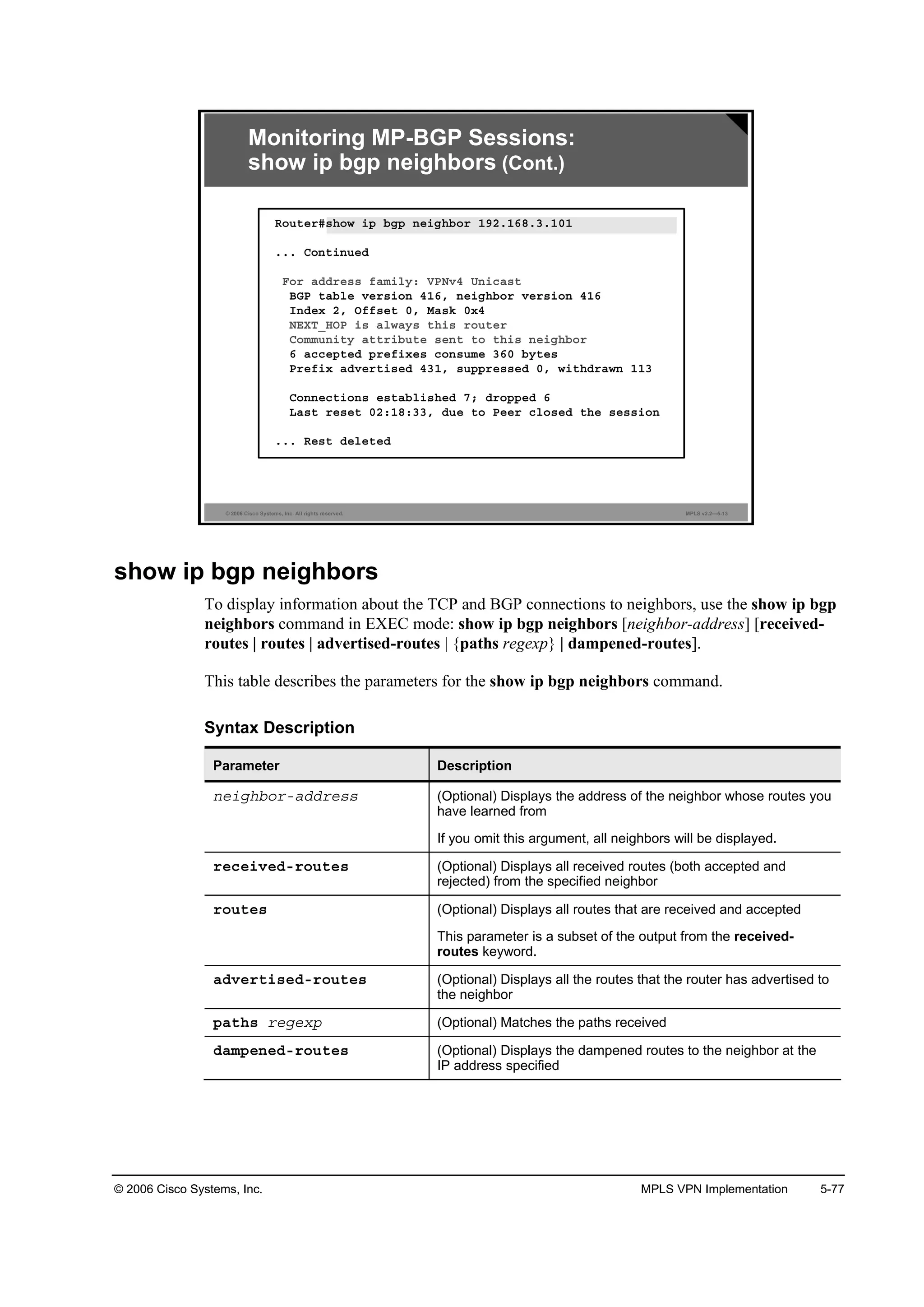 © 2006 Cisco Systems, Inc. MPLS VPN Implementation 5-77
© 2006 Cisco Systems, Inc. All rights reserved. MPLS v2.2—5-13
Monitoring MP-BGP Sessions:
show ip bgp neighbors (Cont.)
Î±«¬»®ý­¸±© ·° ľą° ˛»·ą¸ľ±® ďçîňďęčňíňďđď
ňňň Ý±˛¬·˛«»Ľ
Ú±® żĽĽ®»­­ şżł·´§ć ĘĐŇŞě Ë˛·˝ż­¬
ŢŮĐ ¬żľ´» Ş»®­·±˛ ěďęô ˛»·ą¸ľ±® Ş»®­·±˛ ěďę
×˛Ľ»¨ îô Ńşş­»¬ đô Óż­µ đ¨ě
ŇŰČĚÁŘŃĐ ·­ ż´©ż§­ ¬¸·­ ®±«¬»®
Ý±łł«˛·¬§ ż¬¬®·ľ«¬» ­»˛¬ ¬± ¬¸·­ ˛»·ą¸ľ±®
ę ż˝˝»°¬»Ľ °®»ş·¨»­ ˝±˛­«ł» íęđ ľ§¬»­
Đ®»ş·¨ żĽŞ»®¬·­»Ľ ěíďô ­«°°®»­­»Ľ đô ©·¬¸Ľ®ż©˛ ďďí
Ý±˛˛»˝¬·±˛­ »­¬żľ´·­¸»Ľ éĺ Ľ®±°°»Ľ ę
Ôż­¬ ®»­»¬ đîćďčćííô Ľ«» ¬± Đ»»® ˝´±­»Ľ ¬¸» ­»­­·±˛
ňňň Î»­¬ Ľ»´»¬»Ľ
show ip bgp neighbors
To display information about the TCP and BGP connections to neighbors, use the show ip bgp
neighbors command in EXEC mode: show ip bgp neighbors [neighbor-address] [received-
routes | routes | advertised-routes | {paths regexp} | dampened-routes].
This table describes the parameters for the show ip bgp neighbors command.
Syntax Description
Parameter Description
˛»·ą¸ľ±®óżĽĽ®»­­ (Optional) Displays the address of the neighbor whose routes you
have learned from
If you omit this argument, all neighbors will be displayed.
®»˝»·Ş»Ľó®±«¬»­ (Optional) Displays all received routes (both accepted and
rejected) from the specified neighbor
®±«¬»­ (Optional) Displays all routes that are received and accepted
This parameter is a subset of the output from the received-
routes keyword.
żĽŞ»®¬·­»Ľó®±«¬»­ (Optional) Displays all the routes that the router has advertised to
the neighbor
°ż¬¸­ ®»ą»¨° (Optional) Matches the paths received
Ľżł°»˛»Ľó®±«¬»­ (Optional) Displays the dampened routes to the neighbor at the
IP address specified
 