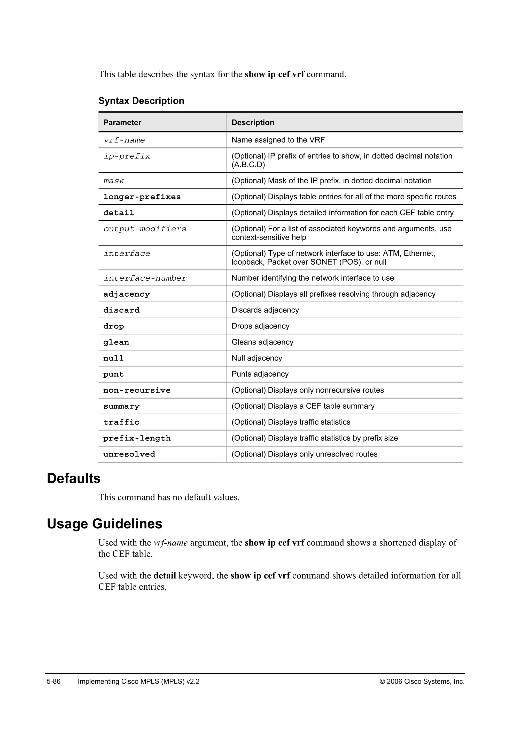 5-86 Implementing Cisco MPLS (MPLS) v2.2 © 2006 Cisco Systems, Inc.
This table describes the syntax for the show ip cef vrf command.
Syntax Description
Parameter Description
Ş®şó˛żł» Name assigned to the VRF
·°ó°®»ş·¨ (Optional) IP prefix of entries to show, in dotted decimal notation
(A.B.C.D)
łż­µ (Optional) Mask of the IP prefix, in dotted decimal notation
´±˛ą»®ó°®»ş·¨»­ (Optional) Displays table entries for all of the more specific routes
Ľ»¬ż·´ (Optional) Displays detailed information for each CEF table entry
±«¬°«¬ół±Ľ·ş·»®­ (Optional) For a list of associated keywords and arguments, use
context-sensitive help
·˛¬»®şż˝» (Optional) Type of network interface to use: ATM, Ethernet,
loopback, Packet over SONET (POS), or null
·˛¬»®şż˝»ó˛«łľ»® Number identifying the network interface to use
żĽ¶ż˝»˛˝§ (Optional) Displays all prefixes resolving through adjacency
Ľ·­˝ż®Ľ Discards adjacency
Ľ®±° Drops adjacency
ą´»ż˛ Gleans adjacency
˛«´´ Null adjacency
°«˛¬ Punts adjacency
˛±˛ó®»˝«®­·Ş» (Optional) Displays only nonrecursive routes
­«łłż®§ (Optional) Displays a CEF table summary
¬®żşş·˝ (Optional) Displays traffic statistics
°®»ş·¨ó´»˛ą¬¸ (Optional) Displays traffic statistics by prefix size
«˛®»­±´Ş»Ľ (Optional) Displays only unresolved routes
Defaults
This command has no default values.
Usage Guidelines
Used with the vrf-name argument, the show ip cef vrf command shows a shortened display of
the CEF table.
Used with the detail keyword, the show ip cef vrf command shows detailed information for all
CEF table entries.
 