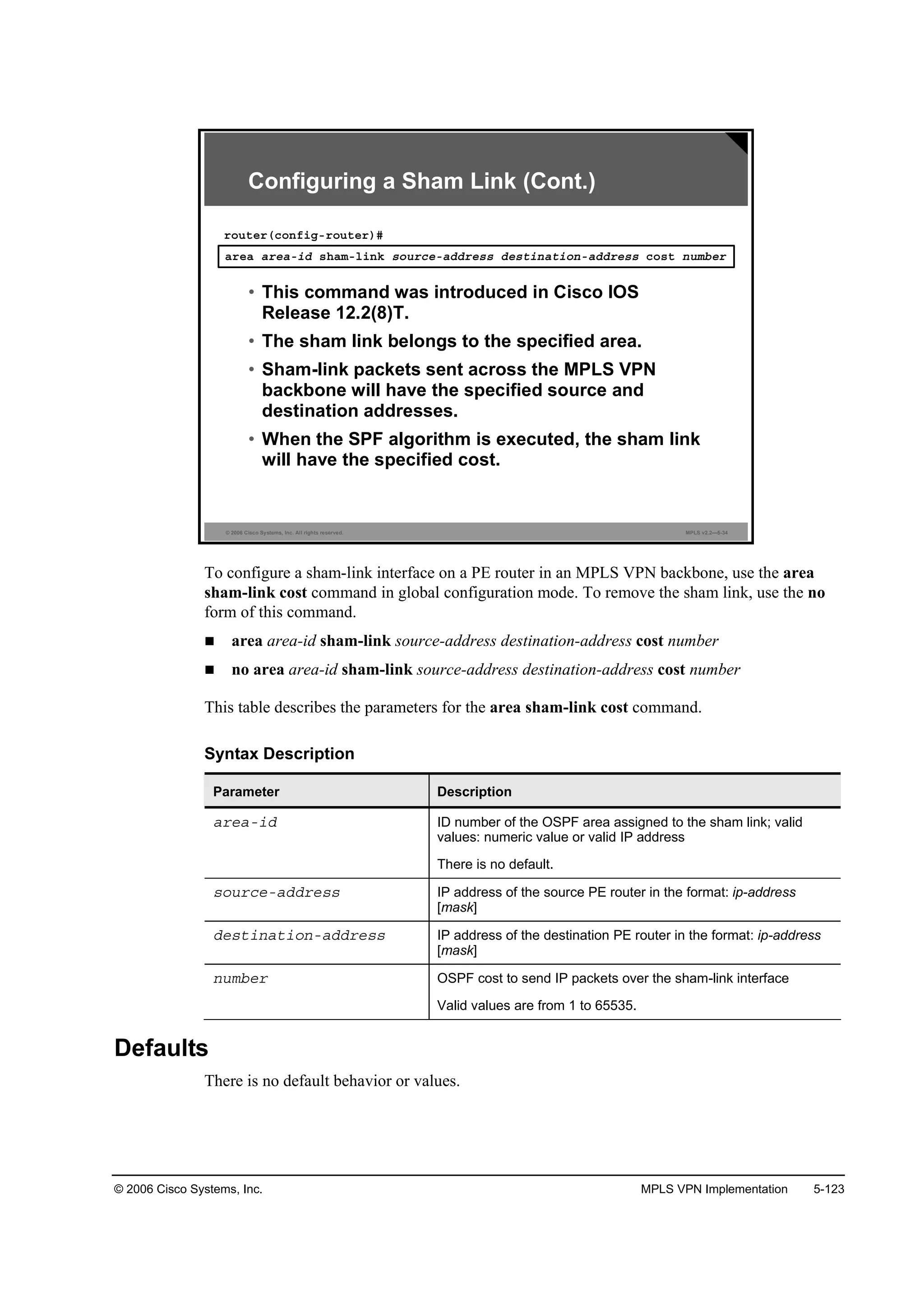 © 2006 Cisco Systems, Inc. MPLS VPN Implementation 5-123
© 2006 Cisco Systems, Inc. All rights reserved. MPLS v2.2—5-34
ż®»ż ż®»żó·Ľ ­¸żłó´·˛µ ­±«®˝»óżĽĽ®»­­ Ľ»­¬·˛ż¬·±˛óżĽĽ®»­­ ˝±­¬ ˛«łľ»®
®±«¬»®ř˝±˛ş·ąó®±«¬»®÷ý
• This command was introduced in Cisco IOS
Release 12.2(8)T.
• The sham link belongs to the specified area.
• Sham-link packets sent across the MPLS VPN
backbone will have the specified source and
destination addresses.
• When the SPF algorithm is executed, the sham link
will have the specified cost.
Configuring a Sham Link (Cont.)
To configure a sham-link interface on a PE router in an MPLS VPN backbone, use the area
sham-link cost command in global configuration mode. To remove the sham link, use the no
form of this command.
area area-id sham-link source-address destination-address cost number
no area area-id sham-link source-address destination-address cost number
This table describes the parameters for the area sham-link cost command.
Syntax Description
Parameter Description
ż®»żó·Ľ ID number of the OSPF area assigned to the sham link; valid
values: numeric value or valid IP address
There is no default.
­±«®˝»óżĽĽ®»­­ IP address of the source PE router in the format: ip-address
[mask]
Ľ»­¬·˛ż¬·±˛óżĽĽ®»­­ IP address of the destination PE router in the format: ip-address
[mask]
˛«łľ»® OSPF cost to send IP packets over the sham-link interface
Valid values are from 1 to 65535.
Defaults
There is no default behavior or values.
 