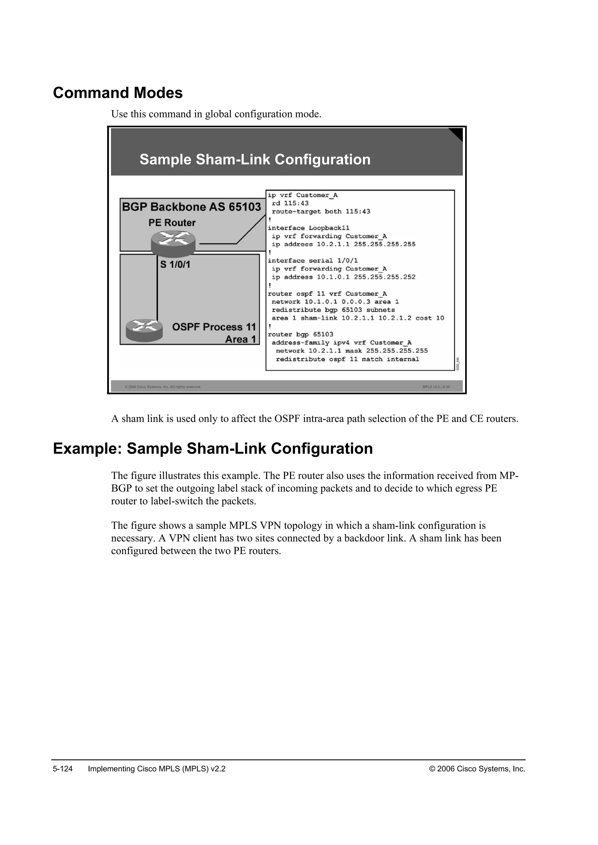 5-124 Implementing Cisco MPLS (MPLS) v2.2 © 2006 Cisco Systems, Inc.
Command Modes
Use this command in global configuration mode.
© 2006 Cisco Systems, Inc. All rights reserved. MPLS v2.2—5-35
Sample Sham-Link Configuration
A sham link is used only to affect the OSPF intra-area path selection of the PE and CE routers.
Example: Sample Sham-Link Configuration
The figure illustrates this example. The PE router also uses the information received from MP-
BGP to set the outgoing label stack of incoming packets and to decide to which egress PE
router to label-switch the packets.
The figure shows a sample MPLS VPN topology in which a sham-link configuration is
necessary. A VPN client has two sites connected by a backdoor link. A sham link has been
configured between the two PE routers.
 