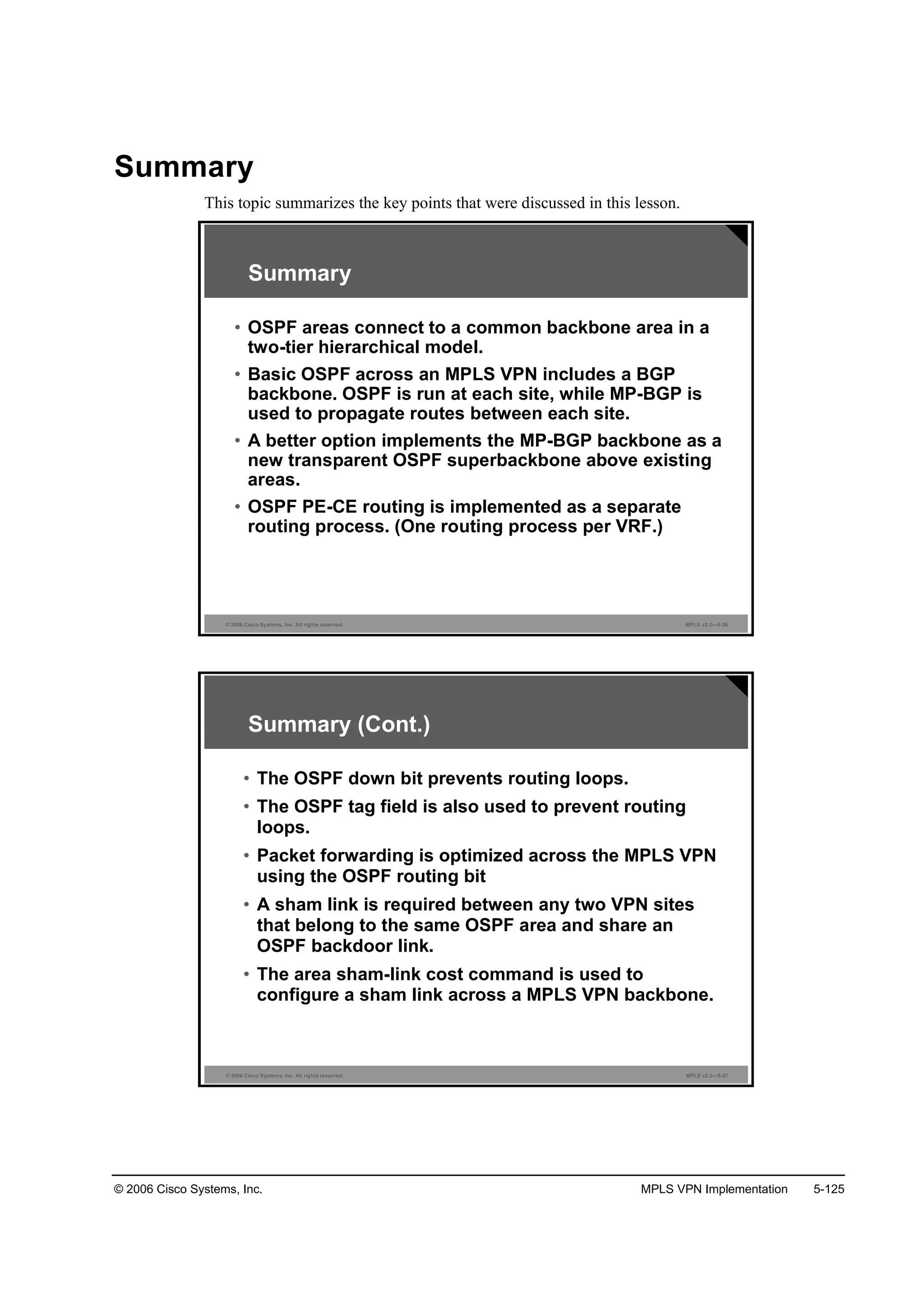 © 2006 Cisco Systems, Inc. MPLS VPN Implementation 5-125
Summary
This topic summarizes the key points that were discussed in this lesson.
© 2006 Cisco Systems, Inc. All rights reserved. MPLS v2.2—5-36
• OSPF areas connect to a common backbone area in a
two-tier hierarchical model.
• Basic OSPF across an MPLS VPN includes a BGP
backbone. OSPF is run at each site, while MP-BGP is
used to propagate routes between each site.
• A better option implements the MP-BGP backbone as a
new transparent OSPF superbackbone above existing
areas.
• OSPF PE-CE routing is implemented as a separate
routing process. (One routing process per VRF.)
Summary
© 2006 Cisco Systems, Inc. All rights reserved. MPLS v2.2—5-37
• The OSPF down bit prevents routing loops.
• The OSPF tag field is also used to prevent routing
loops.
• Packet forwarding is optimized across the MPLS VPN
using the OSPF routing bit
• A sham link is required between any two VPN sites
that belong to the same OSPF area and share an
OSPF backdoor link.
• The area sham-link cost command is used to
configure a sham link across a MPLS VPN backbone.
Summary (Cont.)
 