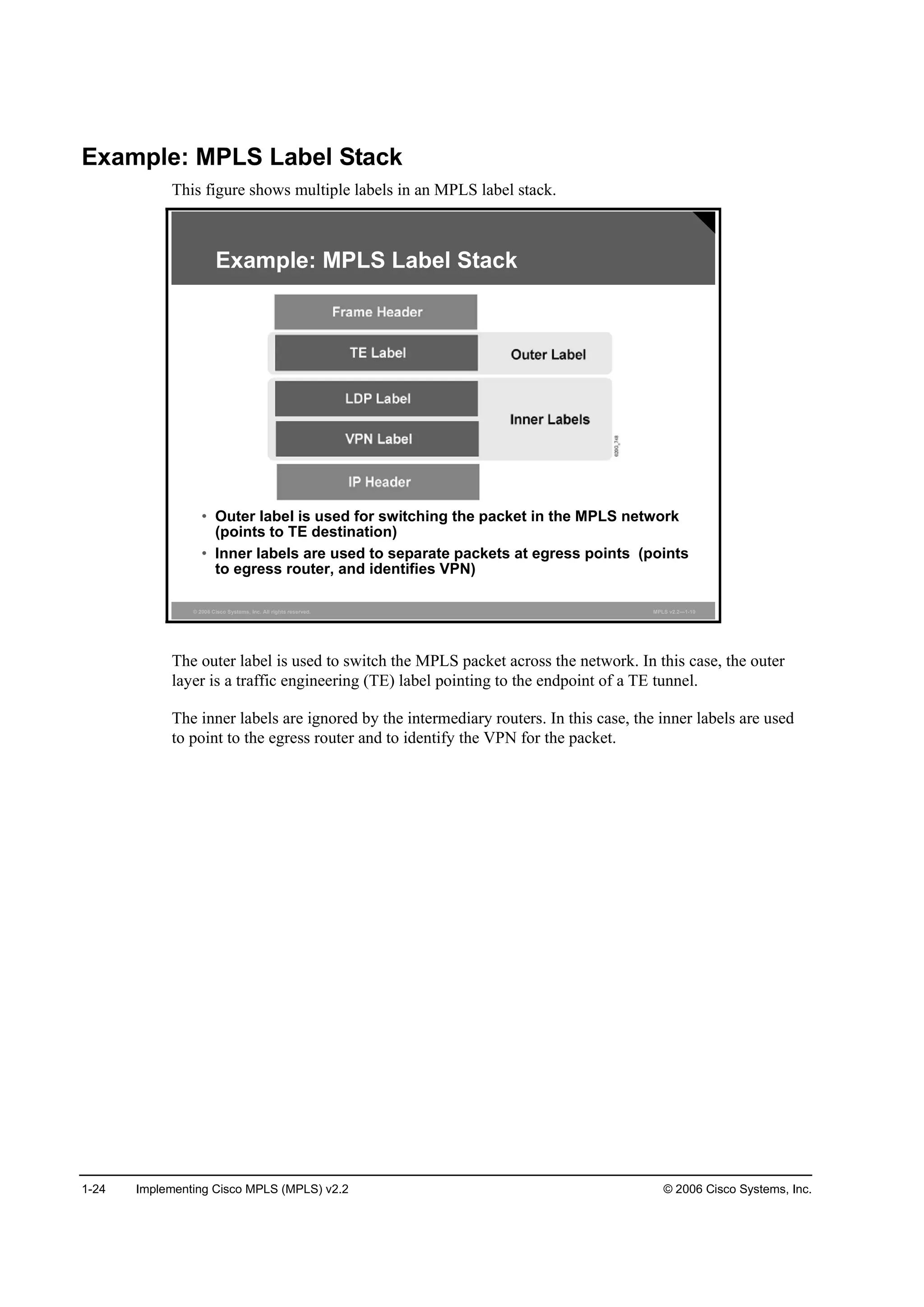 1-24 Implementing Cisco MPLS (MPLS) v2.2 © 2006 Cisco Systems, Inc.
Example: MPLS Label Stack
This figure shows multiple labels in an MPLS label stack.
© 2006 Cisco Systems, Inc. All rights reserved. MPLS v2.2—1-10
Example: MPLS Label Stack
• Outer label is used for switching the packet in the MPLS network
(points to TE destination)
• Inner labels are used to separate packets at egress points (points
to egress router, and identifies VPN)
The outer label is used to switch the MPLS packet across the network. In this case, the outer
layer is a traffic engineering (TE) label pointing to the endpoint of a TE tunnel.
The inner labels are ignored by the intermediary routers. In this case, the inner labels are used
to point to the egress router and to identify the VPN for the packet.
 