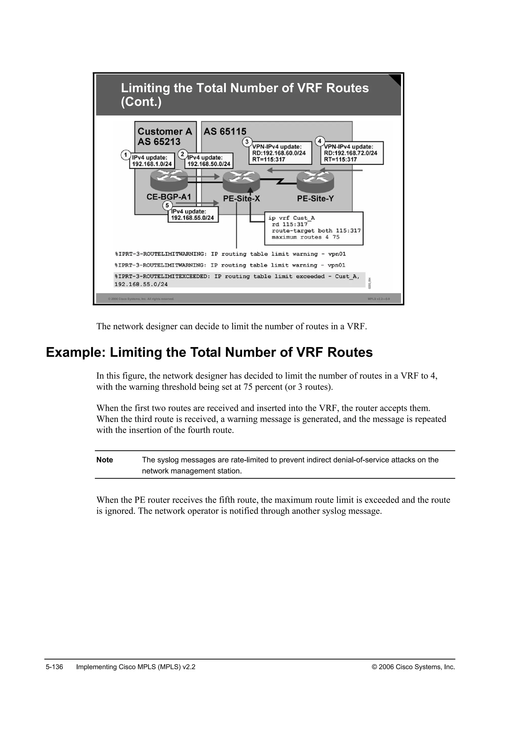 5-136 Implementing Cisco MPLS (MPLS) v2.2 © 2006 Cisco Systems, Inc.
© 2006 Cisco Systems, Inc. All rights reserved. MPLS v2.2—5-9
Limiting the Total Number of VRF Routes
(Cont.)
The network designer can decide to limit the number of routes in a VRF.
Example: Limiting the Total Number of VRF Routes
In this figure, the network designer has decided to limit the number of routes in a VRF to 4,
with the warning threshold being set at 75 percent (or 3 routes).
When the first two routes are received and inserted into the VRF, the router accepts them.
When the third route is received, a warning message is generated, and the message is repeated
with the insertion of the fourth route.
Note The syslog messages are rate-limited to prevent indirect denial-of-service attacks on the
network management station.
When the PE router receives the fifth route, the maximum route limit is exceeded and the route
is ignored. The network operator is notified through another syslog message.
 
