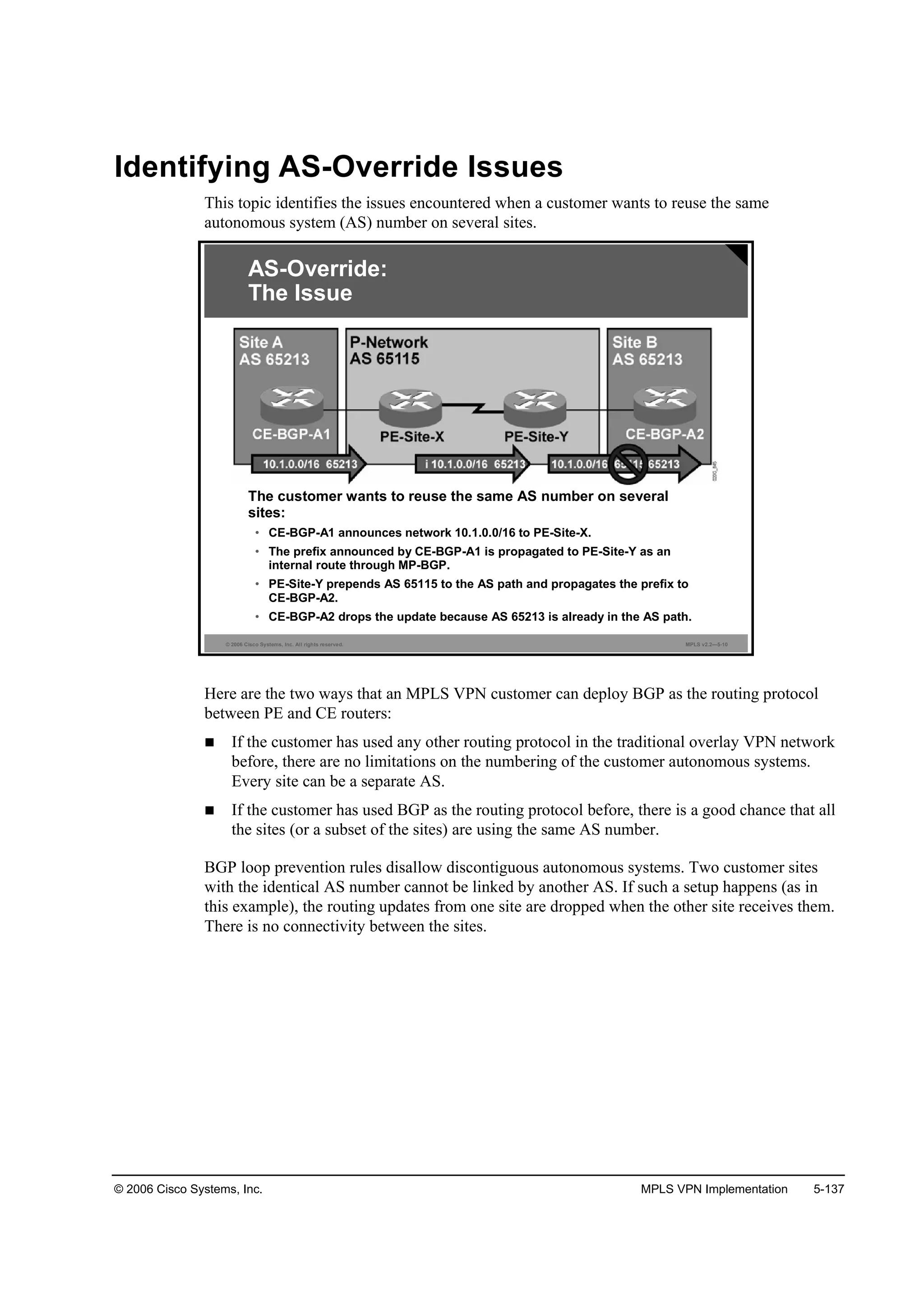 © 2006 Cisco Systems, Inc. MPLS VPN Implementation 5-137
Identifying AS-Override Issues
This topic identifies the issues encountered when a customer wants to reuse the same
autonomous system (AS) number on several sites.
© 2006 Cisco Systems, Inc. All rights reserved. MPLS v2.2—5-10
The customer wants to reuse the same AS number on several
sites:
• CE-BGP-A1 announces network 10.1.0.0/16 to PE-Site-X.
• The prefix announced by CE-BGP-A1 is propagated to PE-Site-Y as an
internal route through MP-BGP.
• PE-Site-Y prepends AS 65115 to the AS path and propagates the prefix to
CE-BGP-A2.
• CE-BGP-A2 drops the update because AS 65213 is already in the AS path.
AS-Override:
The Issue
Here are the two ways that an MPLS VPN customer can deploy BGP as the routing protocol
between PE and CE routers:
If the customer has used any other routing protocol in the traditional overlay VPN network
before, there are no limitations on the numbering of the customer autonomous systems.
Every site can be a separate AS.
If the customer has used BGP as the routing protocol before, there is a good chance that all
the sites (or a subset of the sites) are using the same AS number.
BGP loop prevention rules disallow discontiguous autonomous systems. Two customer sites
with the identical AS number cannot be linked by another AS. If such a setup happens (as in
this example), the routing updates from one site are dropped when the other site receives them.
There is no connectivity between the sites.
 