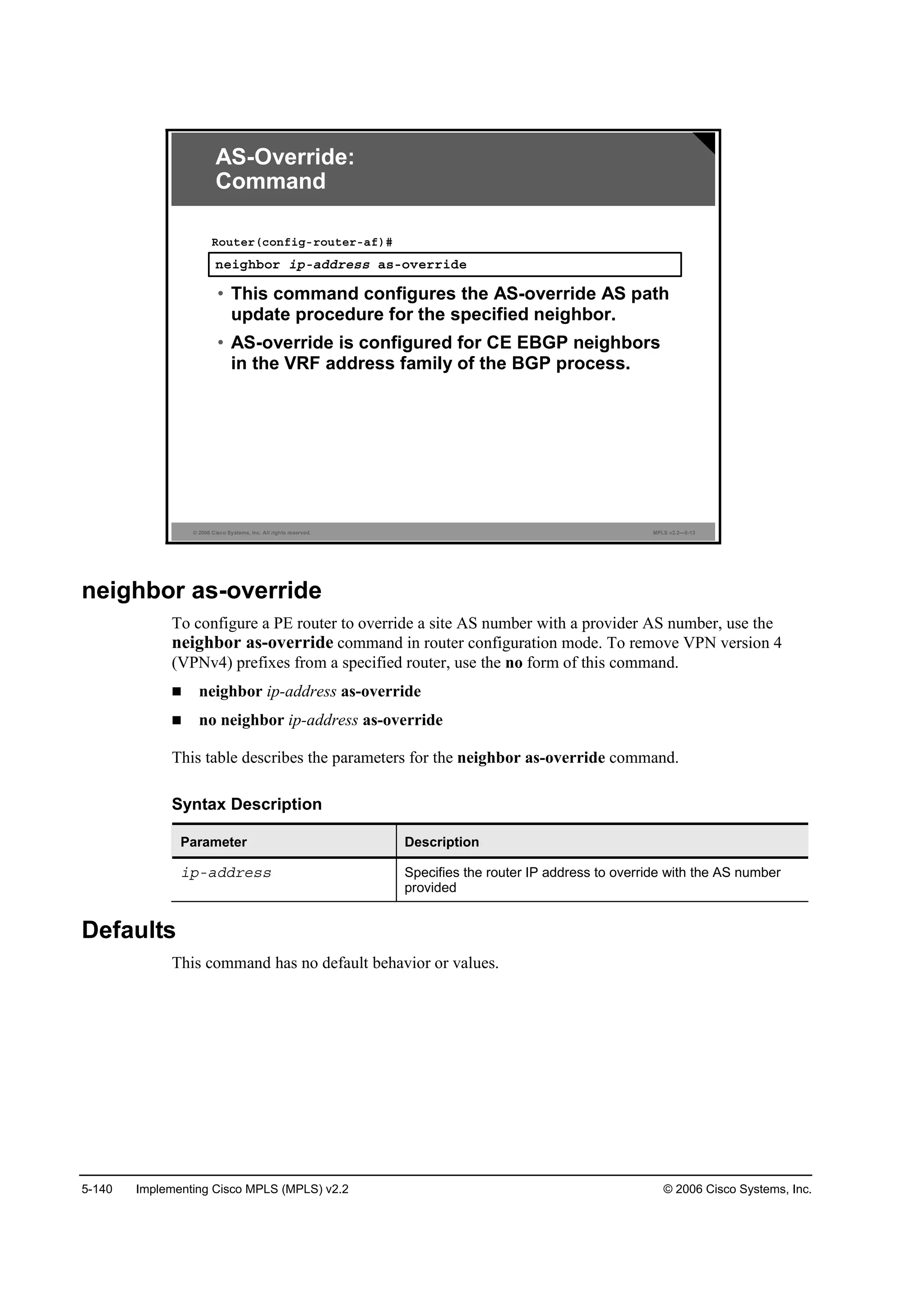 5-140 Implementing Cisco MPLS (MPLS) v2.2 © 2006 Cisco Systems, Inc.
© 2006 Cisco Systems, Inc. All rights reserved. MPLS v2.2—5-13
˛»·ą¸ľ±® ·°óżĽĽ®»­­ ż­ó±Ş»®®·Ľ»
Î±«¬»®ř˝±˛ş·ąó®±«¬»®óżş÷ý
• This command configures the AS-override AS path
update procedure for the specified neighbor.
• AS-override is configured for CE EBGP neighbors
in the VRF address family of the BGP process.
AS-Override:
Command
neighbor as-override
To configure a PE router to override a site AS number with a provider AS number, use the
neighbor as-override command in router configuration mode. To remove VPN version 4
(VPNv4) prefixes from a specified router, use the no form of this command.
neighbor ip-address as-override
no neighbor ip-address as-override
This table describes the parameters for the neighbor as-override command.
Syntax Description
Parameter Description
·°óżĽĽ®»­­ Specifies the router IP address to override with the AS number
provided
Defaults
This command has no default behavior or values.
 