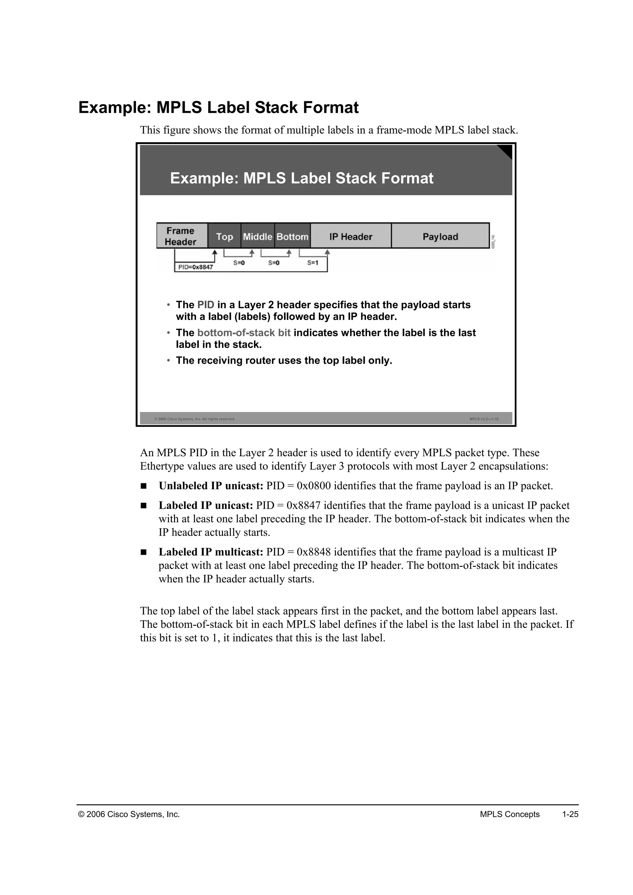 © 2006 Cisco Systems, Inc. MPLS Concepts 1-25
Example: MPLS Label Stack Format
This figure shows the format of multiple labels in a frame-mode MPLS label stack.
© 2006 Cisco Systems, Inc. All rights reserved. MPLS v2.2—1-10
Example: MPLS Label Stack Format
• The PID in a Layer 2 header specifies that the payload starts
with a label (labels) followed by an IP header.
• The bottom-of-stack bit indicates whether the label is the last
label in the stack.
• The receiving router uses the top label only.
An MPLS PID in the Layer 2 header is used to identify every MPLS packet type. These
Ethertype values are used to identify Layer 3 protocols with most Layer 2 encapsulations:
Unlabeled IP unicast: PID = 0x0800 identifies that the frame payload is an IP packet.
Labeled IP unicast: PID = 0x8847 identifies that the frame payload is a unicast IP packet
with at least one label preceding the IP header. The bottom-of-stack bit indicates when the
IP header actually starts.
Labeled IP multicast: PID = 0x8848 identifies that the frame payload is a multicast IP
packet with at least one label preceding the IP header. The bottom-of-stack bit indicates
when the IP header actually starts.
The top label of the label stack appears first in the packet, and the bottom label appears last.
The bottom-of-stack bit in each MPLS label defines if the label is the last label in the packet. If
this bit is set to 1, it indicates that this is the last label.
 