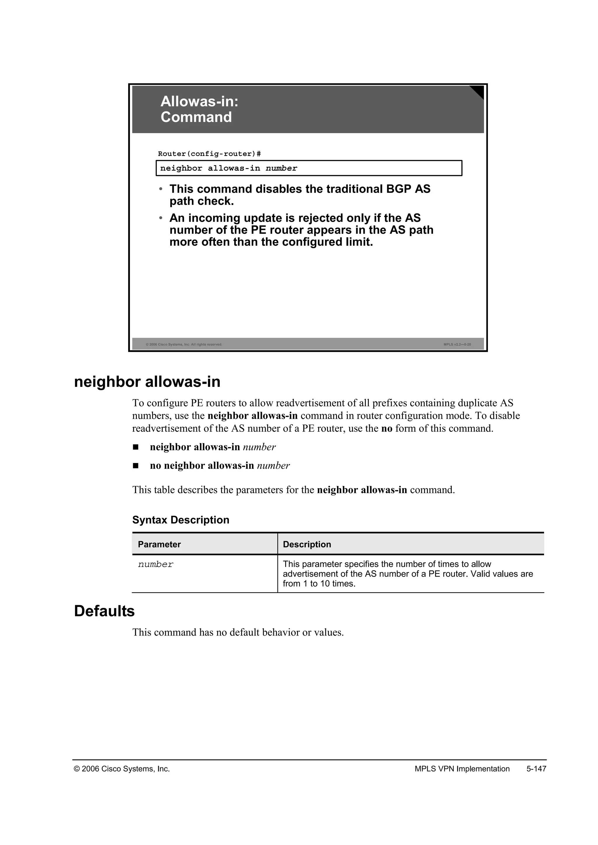 © 2006 Cisco Systems, Inc. MPLS VPN Implementation 5-147
© 2006 Cisco Systems, Inc. All rights reserved. MPLS v2.2—5-20
˛»·ą¸ľ±® ż´´±©ż­ó·˛ ˛«łľ»®
Î±«¬»®ř˝±˛ş·ąó®±«¬»®÷ý
• This command disables the traditional BGP AS
path check.
• An incoming update is rejected only if the AS
number of the PE router appears in the AS path
more often than the configured limit.
Allowas-in:
Command
neighbor allowas-in
To configure PE routers to allow readvertisement of all prefixes containing duplicate AS
numbers, use the neighbor allowas-in command in router configuration mode. To disable
readvertisement of the AS number of a PE router, use the no form of this command.
neighbor allowas-in number
no neighbor allowas-in number
This table describes the parameters for the neighbor allowas-in command.
Syntax Description
Parameter Description
˛«łľ»® This parameter specifies the number of times to allow
advertisement of the AS number of a PE router. Valid values are
from 1 to 10 times.
Defaults
This command has no default behavior or values.
 