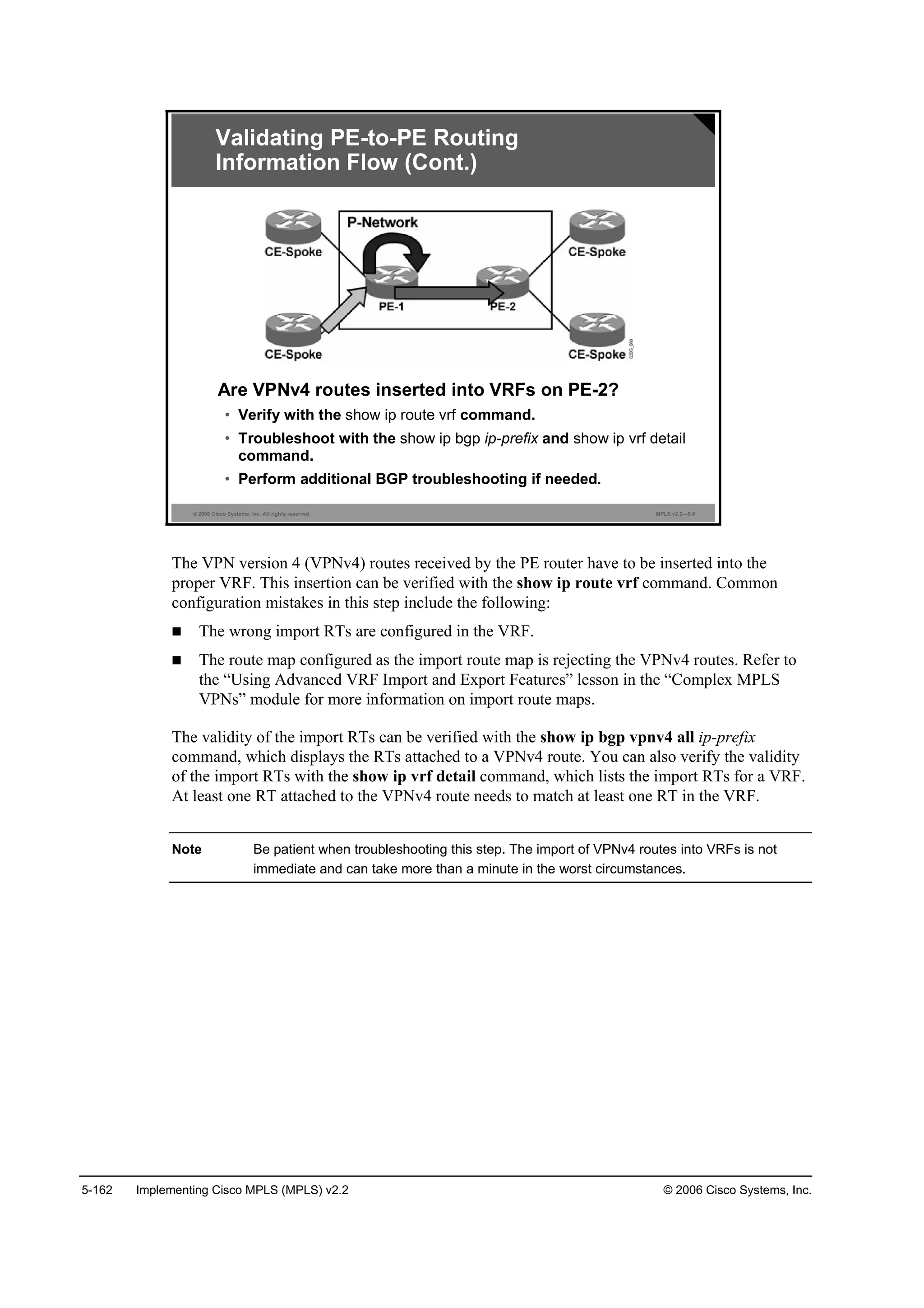 5-162 Implementing Cisco MPLS (MPLS) v2.2 © 2006 Cisco Systems, Inc.
© 2006 Cisco Systems, Inc. All rights reserved. MPLS v2.2—5-9
Are VPNv4 routes inserted into VRFs on PE-2?
• Verify with the show ip route vrf command.
• Troubleshoot with the show ip bgp ip-prefix and show ip vrf detail
command.
• Perform additional BGP troubleshooting if needed.
Validating PE-to-PE Routing
Information Flow (Cont.)
The VPN version 4 (VPNv4) routes received by the PE router have to be inserted into the
proper VRF. This insertion can be verified with the show ip route vrf command. Common
configuration mistakes in this step include the following:
The wrong import RTs are configured in the VRF.
The route map configured as the import route map is rejecting the VPNv4 routes. Refer to
the “Using Advanced VRF Import and Export Features” lesson in the “Complex MPLS
VPNs” module for more information on import route maps.
The validity of the import RTs can be verified with the show ip bgp vpnv4 all ip-prefix
command, which displays the RTs attached to a VPNv4 route. You can also verify the validity
of the import RTs with the show ip vrf detail command, which lists the import RTs for a VRF.
At least one RT attached to the VPNv4 route needs to match at least one RT in the VRF.
Note Be patient when troubleshooting this step. The import of VPNv4 routes into VRFs is not
immediate and can take more than a minute in the worst circumstances.
 