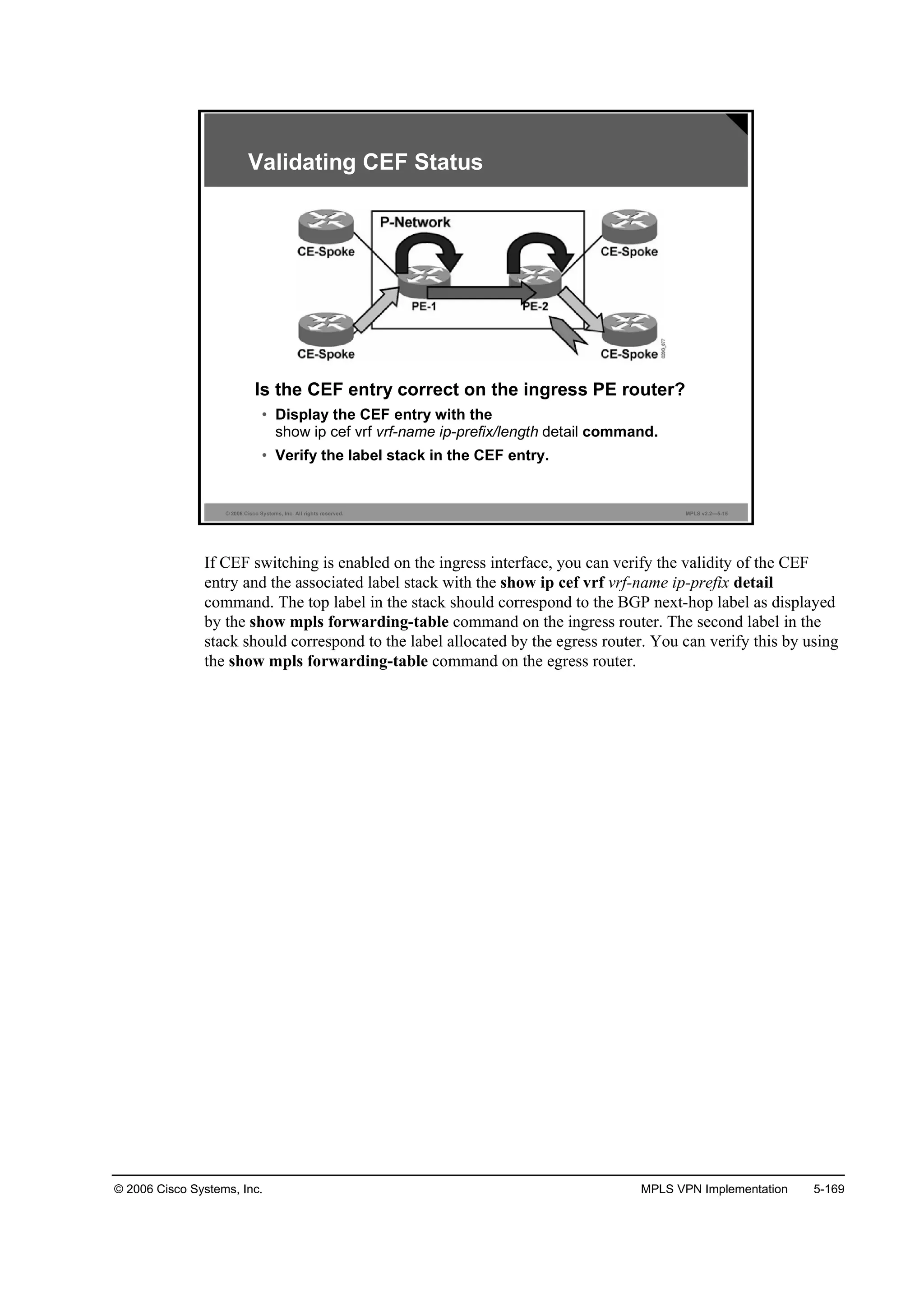 © 2006 Cisco Systems, Inc. MPLS VPN Implementation 5-169
© 2006 Cisco Systems, Inc. All rights reserved. MPLS v2.2—5-15
Is the CEF entry correct on the ingress PE router?
• Display the CEF entry with the
show ip cef vrf vrf-name ip-prefix/length detail command.
• Verify the label stack in the CEF entry.
Validating CEF Status
If CEF switching is enabled on the ingress interface, you can verify the validity of the CEF
entry and the associated label stack with the show ip cef vrf vrf-name ip-prefix detail
command. The top label in the stack should correspond to the BGP next-hop label as displayed
by the show mpls forwarding-table command on the ingress router. The second label in the
stack should correspond to the label allocated by the egress router. You can verify this by using
the show mpls forwarding-table command on the egress router.
 