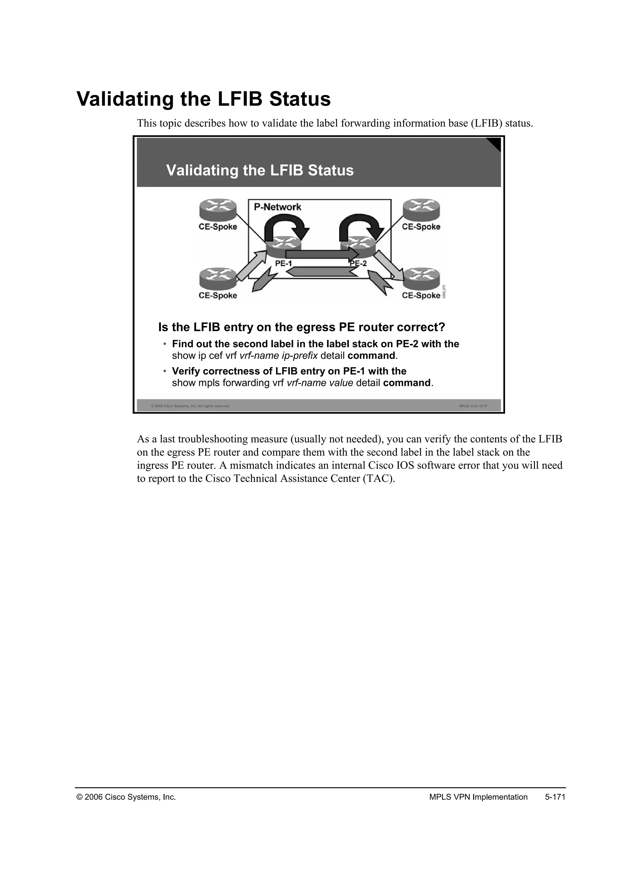 © 2006 Cisco Systems, Inc. MPLS VPN Implementation 5-171
Validating the LFIB Status
This topic describes how to validate the label forwarding information base (LFIB) status.
© 2006 Cisco Systems, Inc. All rights reserved. MPLS v2.2—5-17
Is the LFIB entry on the egress PE router correct?
• Find out the second label in the label stack on PE-2 with the
show ip cef vrf vrf-name ip-prefix detail command.
• Verify correctness of LFIB entry on PE-1 with the
show mpls forwarding vrf vrf-name value detail command.
Validating the LFIB Status
As a last troubleshooting measure (usually not needed), you can verify the contents of the LFIB
on the egress PE router and compare them with the second label in the label stack on the
ingress PE router. A mismatch indicates an internal Cisco IOS software error that you will need
to report to the Cisco Technical Assistance Center (TAC).
 