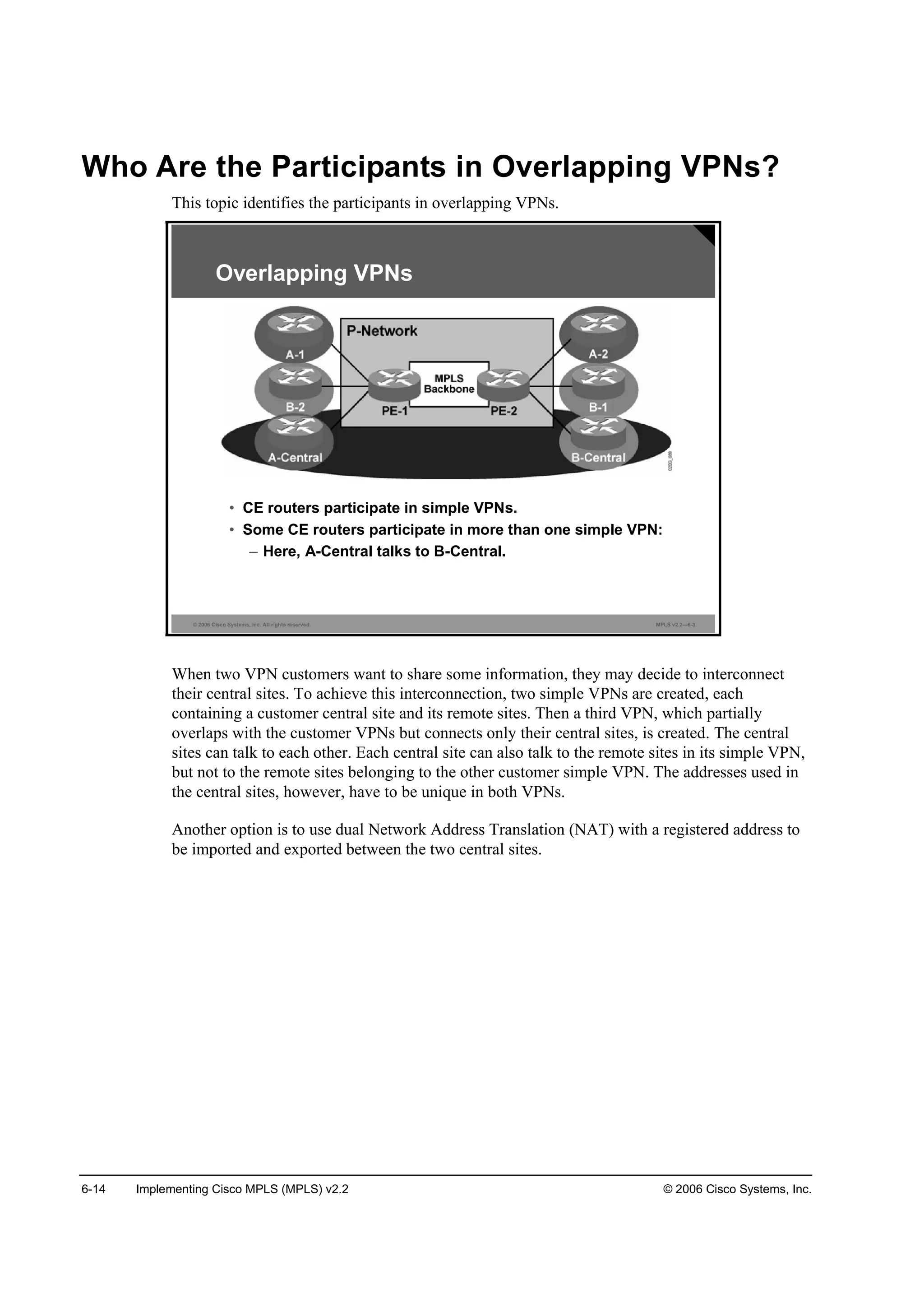 6-14 Implementing Cisco MPLS (MPLS) v2.2 © 2006 Cisco Systems, Inc.
Who Are the Participants in Overlapping VPNs?
This topic identifies the participants in overlapping VPNs.
© 2006 Cisco Systems, Inc. All rights reserved. MPLS v2.2—6-3
• CE routers participate in simple VPNs.
• Some CE routers participate in more than one simple VPN:
– Here, A-Central talks to B-Central.
Overlapping VPNs
When two VPN customers want to share some information, they may decide to interconnect
their central sites. To achieve this interconnection, two simple VPNs are created, each
containing a customer central site and its remote sites. Then a third VPN, which partially
overlaps with the customer VPNs but connects only their central sites, is created. The central
sites can talk to each other. Each central site can also talk to the remote sites in its simple VPN,
but not to the remote sites belonging to the other customer simple VPN. The addresses used in
the central sites, however, have to be unique in both VPNs.
Another option is to use dual Network Address Translation (NAT) with a registered address to
be imported and exported between the two central sites.
 