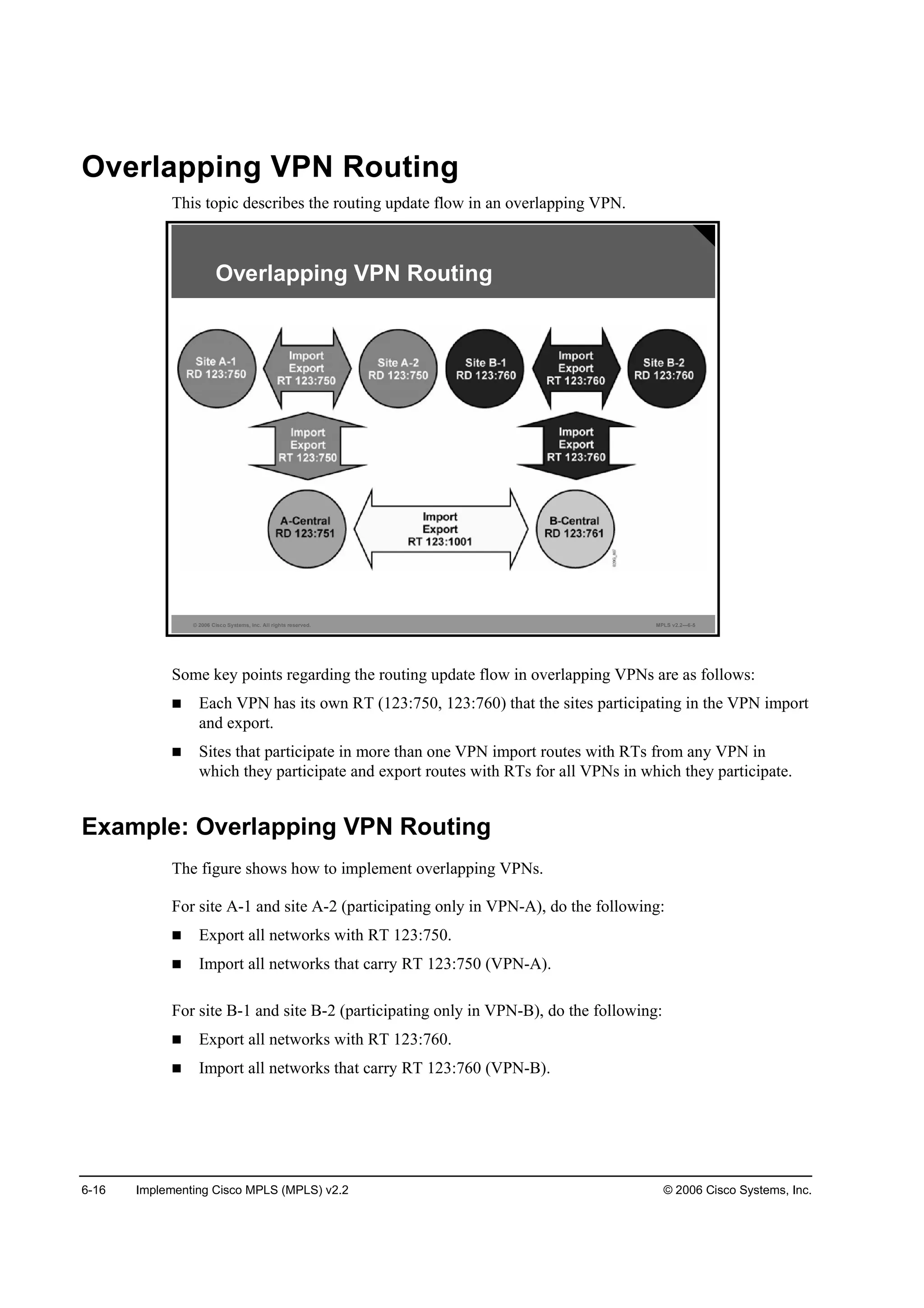6-16 Implementing Cisco MPLS (MPLS) v2.2 © 2006 Cisco Systems, Inc.
Overlapping VPN Routing
This topic describes the routing update flow in an overlapping VPN.
© 2006 Cisco Systems, Inc. All rights reserved. MPLS v2.2—6-5
Overlapping VPN Routing
Some key points regarding the routing update flow in overlapping VPNs are as follows:
Each VPN has its own RT (123:750, 123:760) that the sites participating in the VPN import
and export.
Sites that participate in more than one VPN import routes with RTs from any VPN in
which they participate and export routes with RTs for all VPNs in which they participate.
Example: Overlapping VPN Routing
The figure shows how to implement overlapping VPNs.
For site A-1 and site A-2 (participating only in VPN-A), do the following:
Export all networks with RT 123:750.
Import all networks that carry RT 123:750 (VPN-A).
For site B-1 and site B-2 (participating only in VPN-B), do the following:
Export all networks with RT 123:760.
Import all networks that carry RT 123:760 (VPN-B).
 