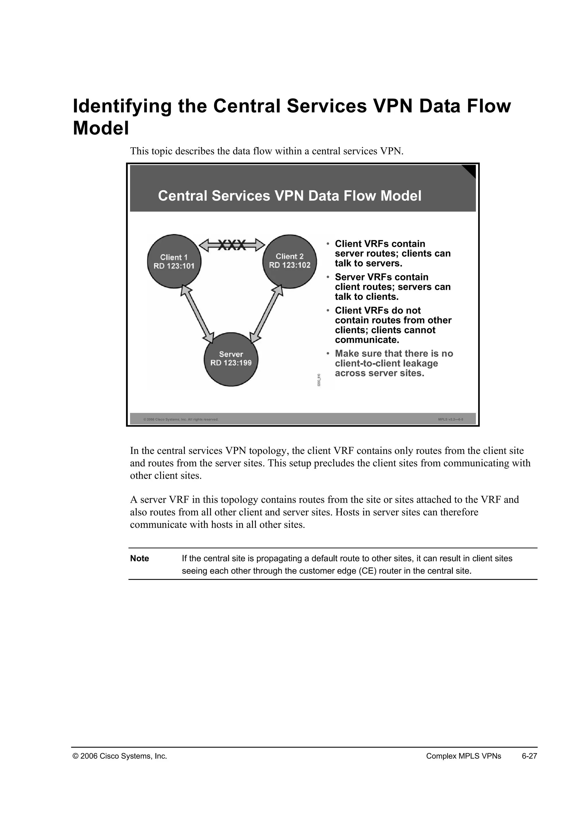 © 2006 Cisco Systems, Inc. Complex MPLS VPNs 6-27
Identifying the Central Services VPN Data Flow
Model
This topic describes the data flow within a central services VPN.
© 2006 Cisco Systems, Inc. All rights reserved. MPLS v2.2—6-5
• Client VRFs contain
server routes; clients can
talk to servers.
• Server VRFs contain
client routes; servers can
talk to clients.
• Client VRFs do not
contain routes from other
clients; clients cannot
communicate.
• Make sure that there is no
client-to-client leakage
across server sites.
Central Services VPN Data Flow Model
In the central services VPN topology, the client VRF contains only routes from the client site
and routes from the server sites. This setup precludes the client sites from communicating with
other client sites.
A server VRF in this topology contains routes from the site or sites attached to the VRF and
also routes from all other client and server sites. Hosts in server sites can therefore
communicate with hosts in all other sites.
Note If the central site is propagating a default route to other sites, it can result in client sites
seeing each other through the customer edge (CE) router in the central site.
 