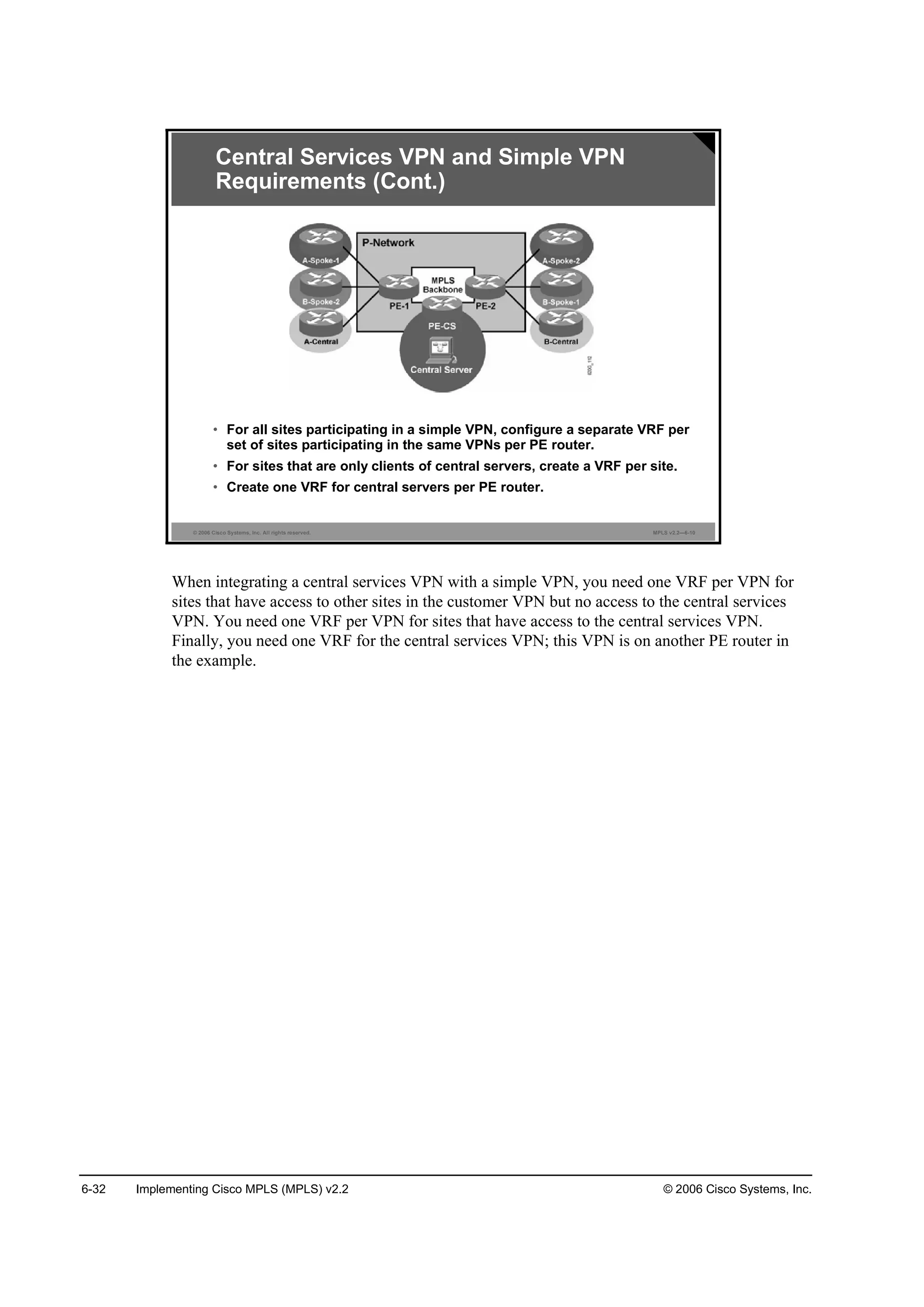 6-32 Implementing Cisco MPLS (MPLS) v2.2 © 2006 Cisco Systems, Inc.
© 2006 Cisco Systems, Inc. All rights reserved. MPLS v2.2—6-10
• For all sites participating in a simple VPN, configure a separate VRF per
set of sites participating in the same VPNs per PE router.
• For sites that are only clients of central servers, create a VRF per site.
• Create one VRF for central servers per PE router.
Central Services VPN and Simple VPN
Requirements (Cont.)
When integrating a central services VPN with a simple VPN, you need one VRF per VPN for
sites that have access to other sites in the customer VPN but no access to the central services
VPN. You need one VRF per VPN for sites that have access to the central services VPN.
Finally, you need one VRF for the central services VPN; this VPN is on another PE router in
the example.
 