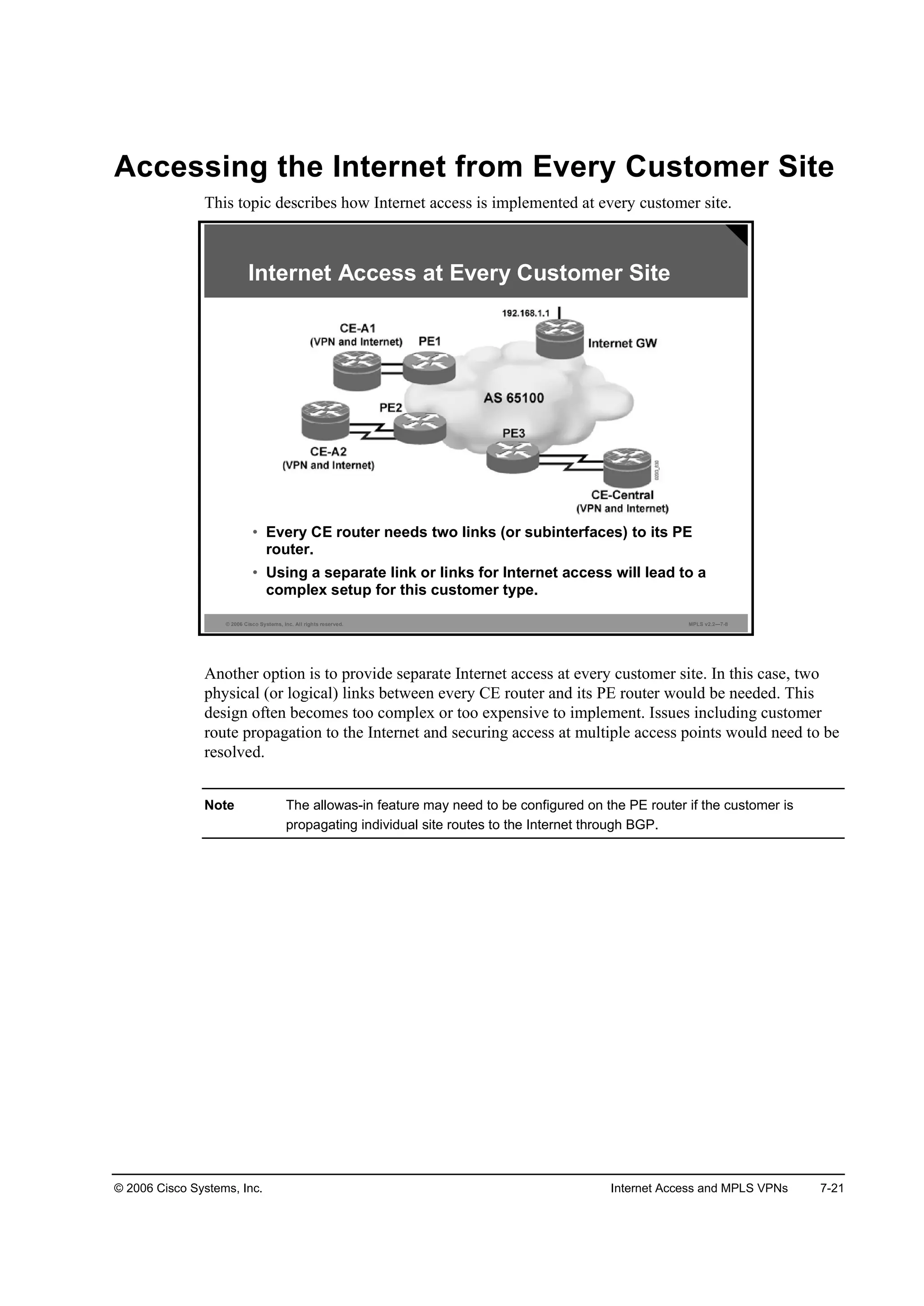 © 2006 Cisco Systems, Inc. Internet Access and MPLS VPNs 7-21
Accessing the Internet from Every Customer Site
This topic describes how Internet access is implemented at every customer site.
© 2006 Cisco Systems, Inc. All rights reserved. MPLS v2.2—7-8
• Every CE router needs two links (or subinterfaces) to its PE
router.
• Using a separate link or links for Internet access will lead to a
complex setup for this customer type.
Internet Access at Every Customer Site
Another option is to provide separate Internet access at every customer site. In this case, two
physical (or logical) links between every CE router and its PE router would be needed. This
design often becomes too complex or too expensive to implement. Issues including customer
route propagation to the Internet and securing access at multiple access points would need to be
resolved.
Note The allowas-in feature may need to be configured on the PE router if the customer is
propagating individual site routes to the Internet through BGP.
 