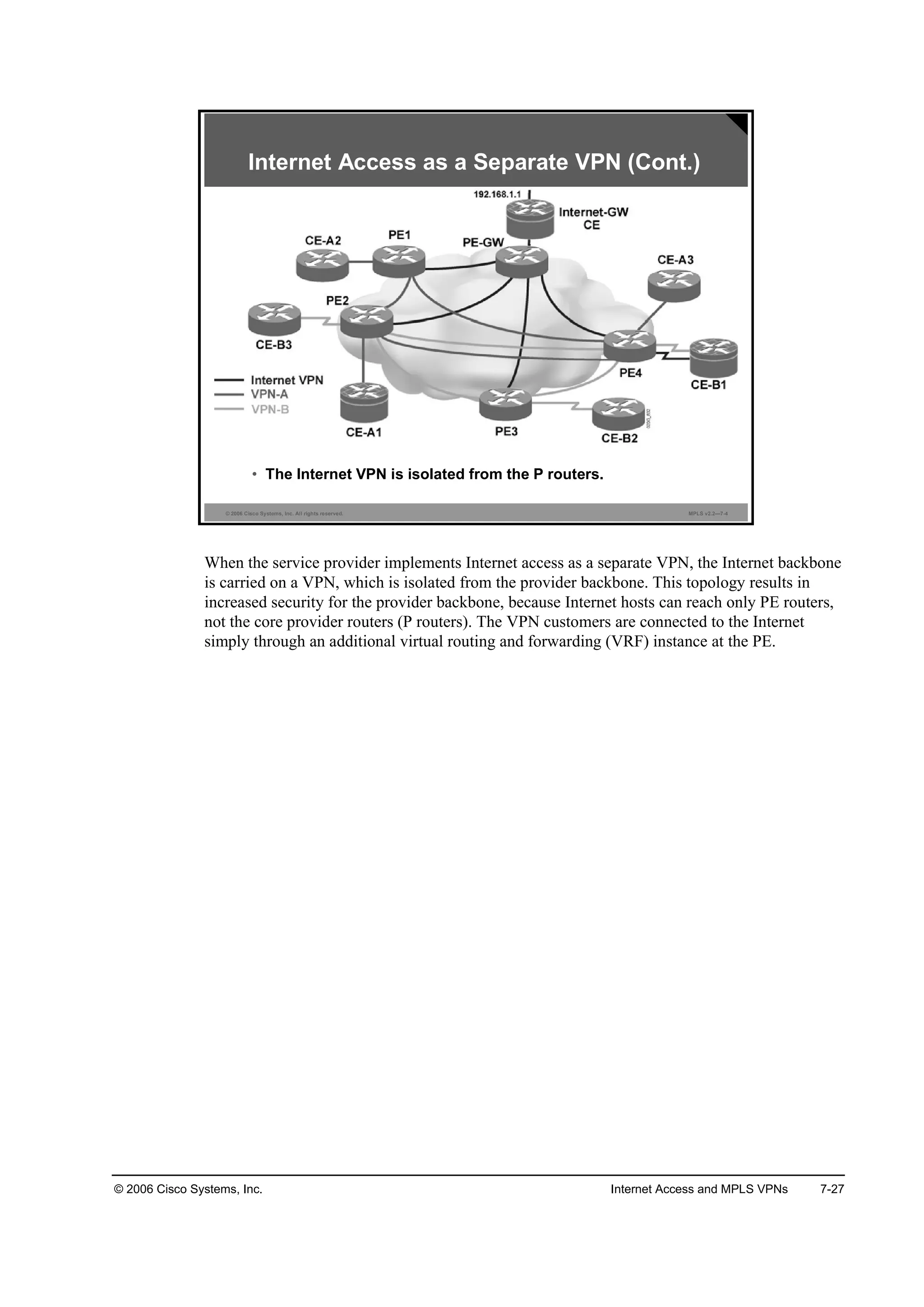 © 2006 Cisco Systems, Inc. Internet Access and MPLS VPNs 7-27
© 2006 Cisco Systems, Inc. All rights reserved. MPLS v2.2—7-4
Internet Access as a Separate VPN (Cont.)
• The Internet VPN is isolated from the P routers.
When the service provider implements Internet access as a separate VPN, the Internet backbone
is carried on a VPN, which is isolated from the provider backbone. This topology results in
increased security for the provider backbone, because Internet hosts can reach only PE routers,
not the core provider routers (P routers). The VPN customers are connected to the Internet
simply through an additional virtual routing and forwarding (VRF) instance at the PE.
 