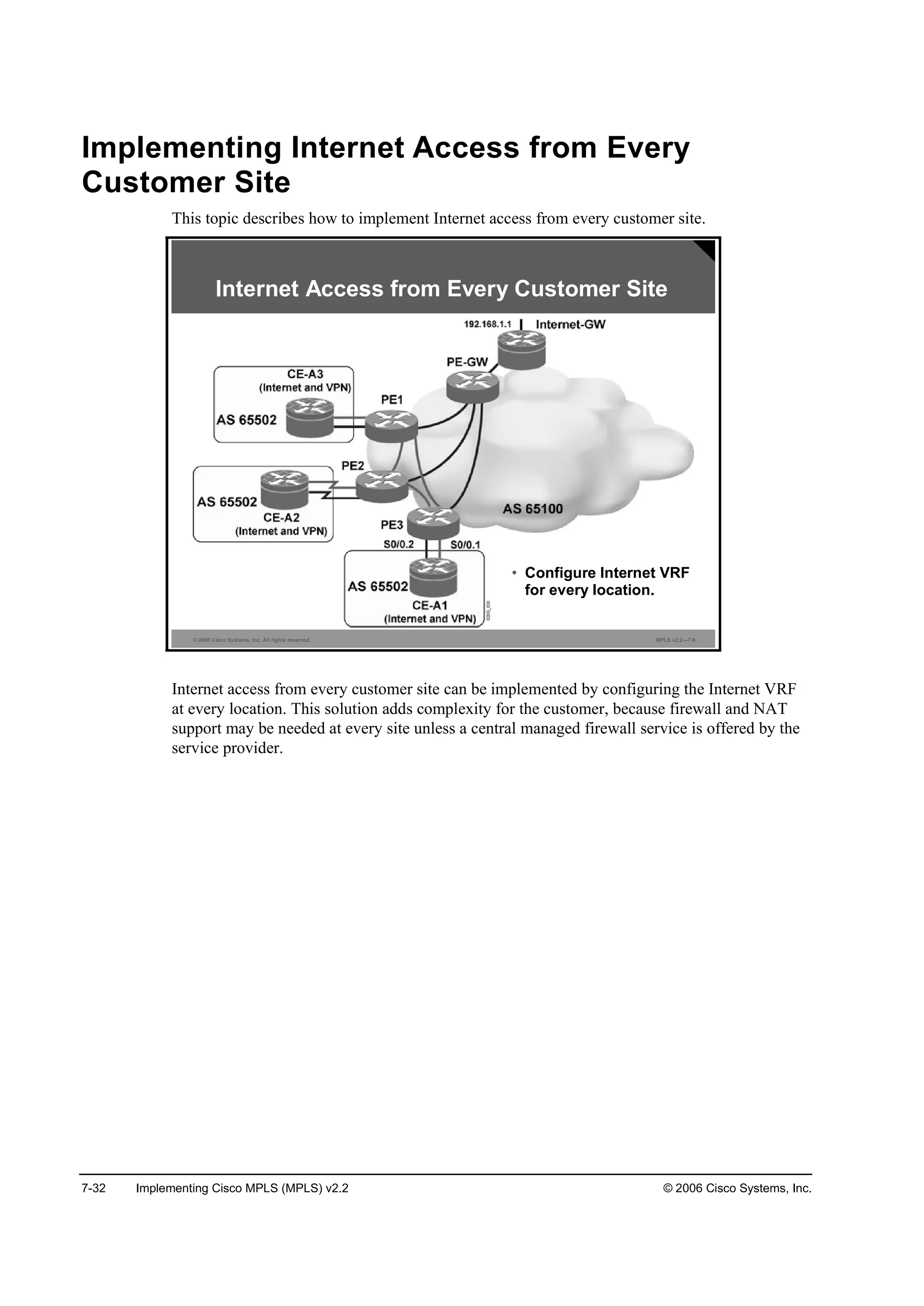7-32 Implementing Cisco MPLS (MPLS) v2.2 © 2006 Cisco Systems, Inc.
Implementing Internet Access from Every
Customer Site
This topic describes how to implement Internet access from every customer site.
© 2006 Cisco Systems, Inc. All rights reserved. MPLS v2.2—7-9
• Configure Internet VRF
for every location.
Internet Access from Every Customer Site
Internet access from every customer site can be implemented by configuring the Internet VRF
at every location. This solution adds complexity for the customer, because firewall and NAT
support may be needed at every site unless a central managed firewall service is offered by the
service provider.
 
