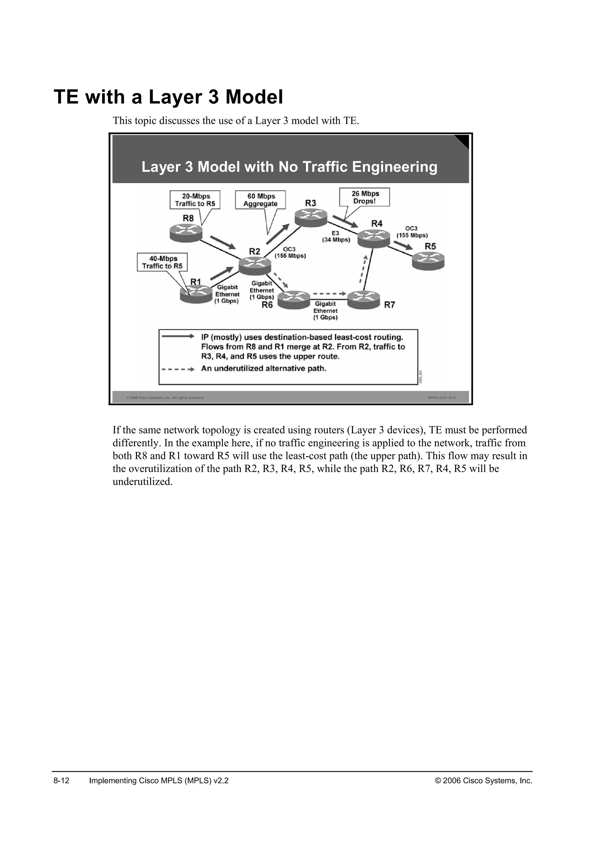 8-12 Implementing Cisco MPLS (MPLS) v2.2 © 2006 Cisco Systems, Inc.
TE with a Layer 3 Model
This topic discusses the use of a Layer 3 model with TE.
© 2006 Cisco Systems, Inc. All rights reserved. MPLS v2.2—8-11
Layer 3 Model with No Traffic Engineering
If the same network topology is created using routers (Layer 3 devices), TE must be performed
differently. In the example here, if no traffic engineering is applied to the network, traffic from
both R8 and R1 toward R5 will use the least-cost path (the upper path). This flow may result in
the overutilization of the path R2, R3, R4, R5, while the path R2, R6, R7, R4, R5 will be
underutilized.
 