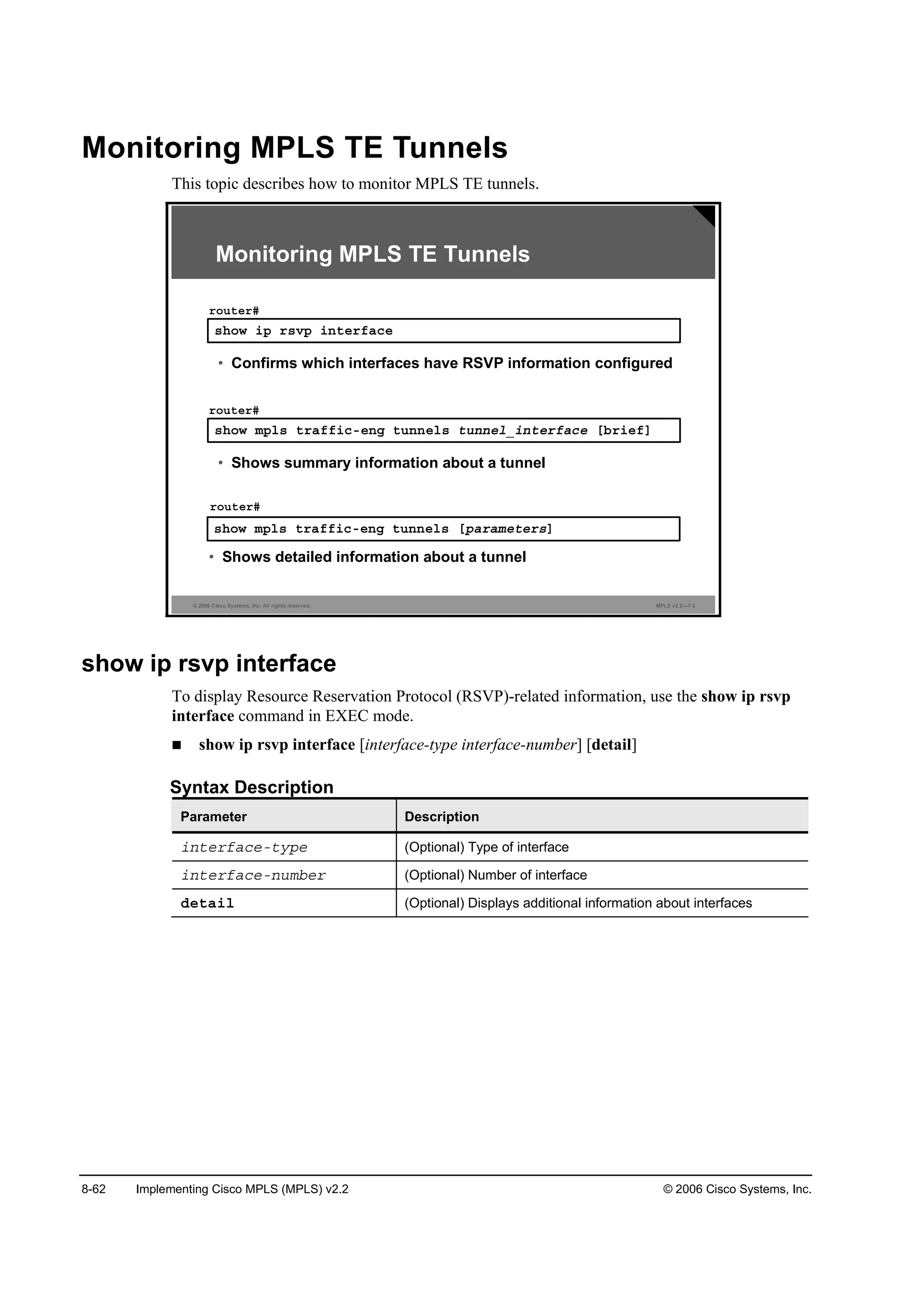8-62 Implementing Cisco MPLS (MPLS) v2.2 © 2006 Cisco Systems, Inc.
Monitoring MPLS TE Tunnels
This topic describes how to monitor MPLS TE tunnels.
© 2006 Cisco Systems, Inc. All rights reserved. MPLS v2.2—7-3
­¸±© ł°´­ ¬®żşş·˝ó»˛ą ¬«˛˛»´­ Ĺ°ż®żł»¬»®­Ă
®±«¬»®ý
• Shows detailed information about a tunnel
Monitoring MPLS TE Tunnels
­¸±© ł°´­ ¬®żşş·˝ó»˛ą ¬«˛˛»´­ ¬«˛˛»´Á·˛¬»®şż˝» Ĺľ®·»şĂ
®±«¬»®ý
• Shows summary information about a tunnel
­¸±© ·° ®­Ş° ·˛¬»®şż˝»
®±«¬»®ý
• Confirms which interfaces have RSVP information configured
show ip rsvp interface
To display Resource Reservation Protocol (RSVP)-related information, use the show ip rsvp
interface command in EXEC mode.
show ip rsvp interface [interface-type interface-number] [detail]
Syntax Description
Parameter Description
·˛¬»®şż˝»ó¬§°» (Optional) Type of interface
·˛¬»®şż˝»ó˛«łľ»® (Optional) Number of interface
Ľ»¬ż·´ (Optional) Displays additional information about interfaces
 