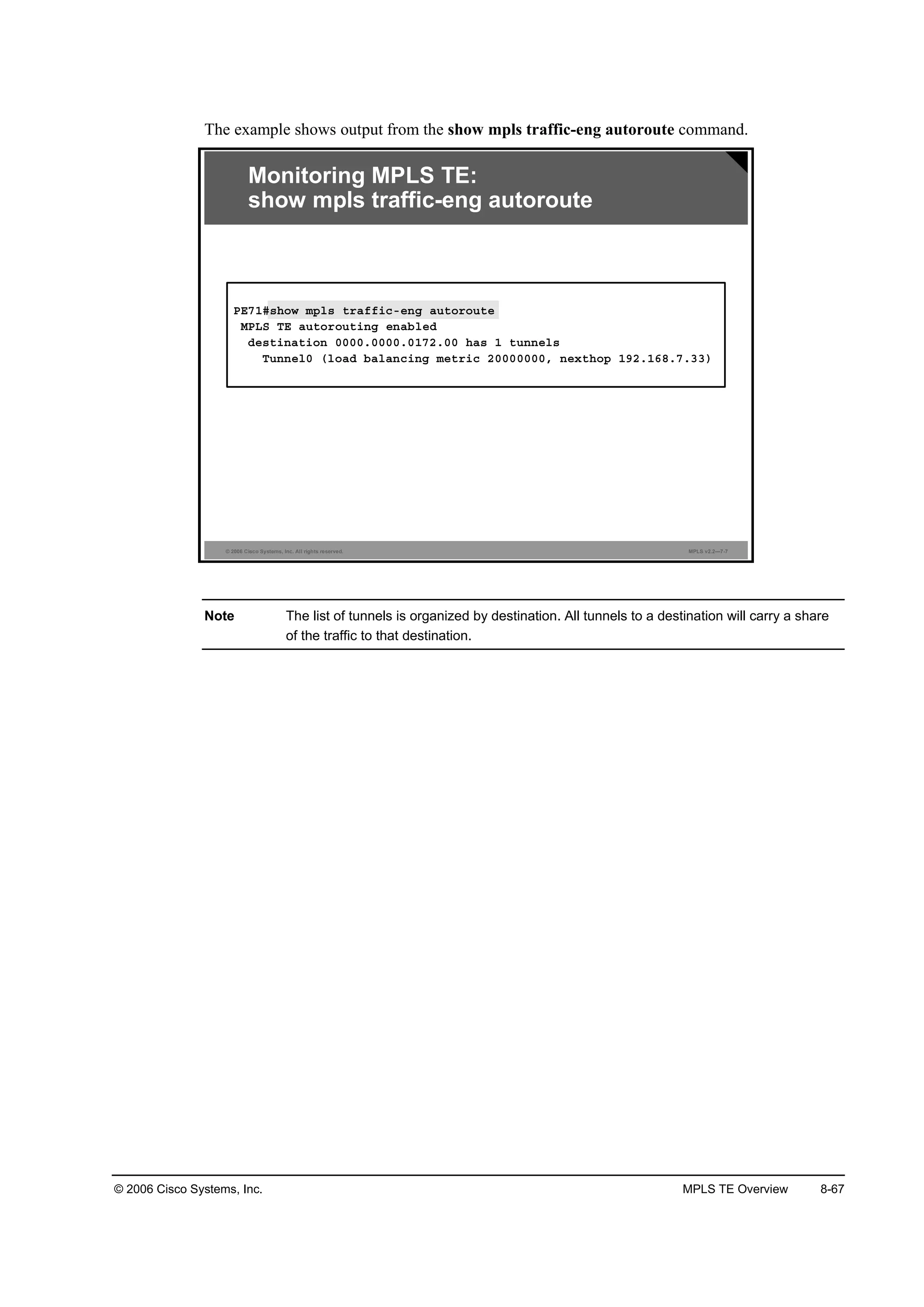 © 2006 Cisco Systems, Inc. MPLS TE Overview 8-67
The example shows output from the show mpls traffic-eng autoroute command.
© 2006 Cisco Systems, Inc. All rights reserved. MPLS v2.2—7-7
Monitoring MPLS TE:
show mpls traffic-eng autoroute
ĐŰéďý­¸±© ł°´­ ¬®żşş·˝ó»˛ą ż«¬±®±«¬»
ÓĐÔÍ ĚŰ ż«¬±®±«¬·˛ą »˛żľ´»Ľ
Ľ»­¬·˛ż¬·±˛ đđđđňđđđđňđďéîňđđ ¸ż­ ď ¬«˛˛»´­
Ě«˛˛»´đ ř´±żĽ ľż´ż˛˝·˛ą ł»¬®·˝ îđđđđđđđô ˛»¨¬¸±° ďçîňďęčňéňíí÷
Note The list of tunnels is organized by destination. All tunnels to a destination will carry a share
of the traffic to that destination.
 