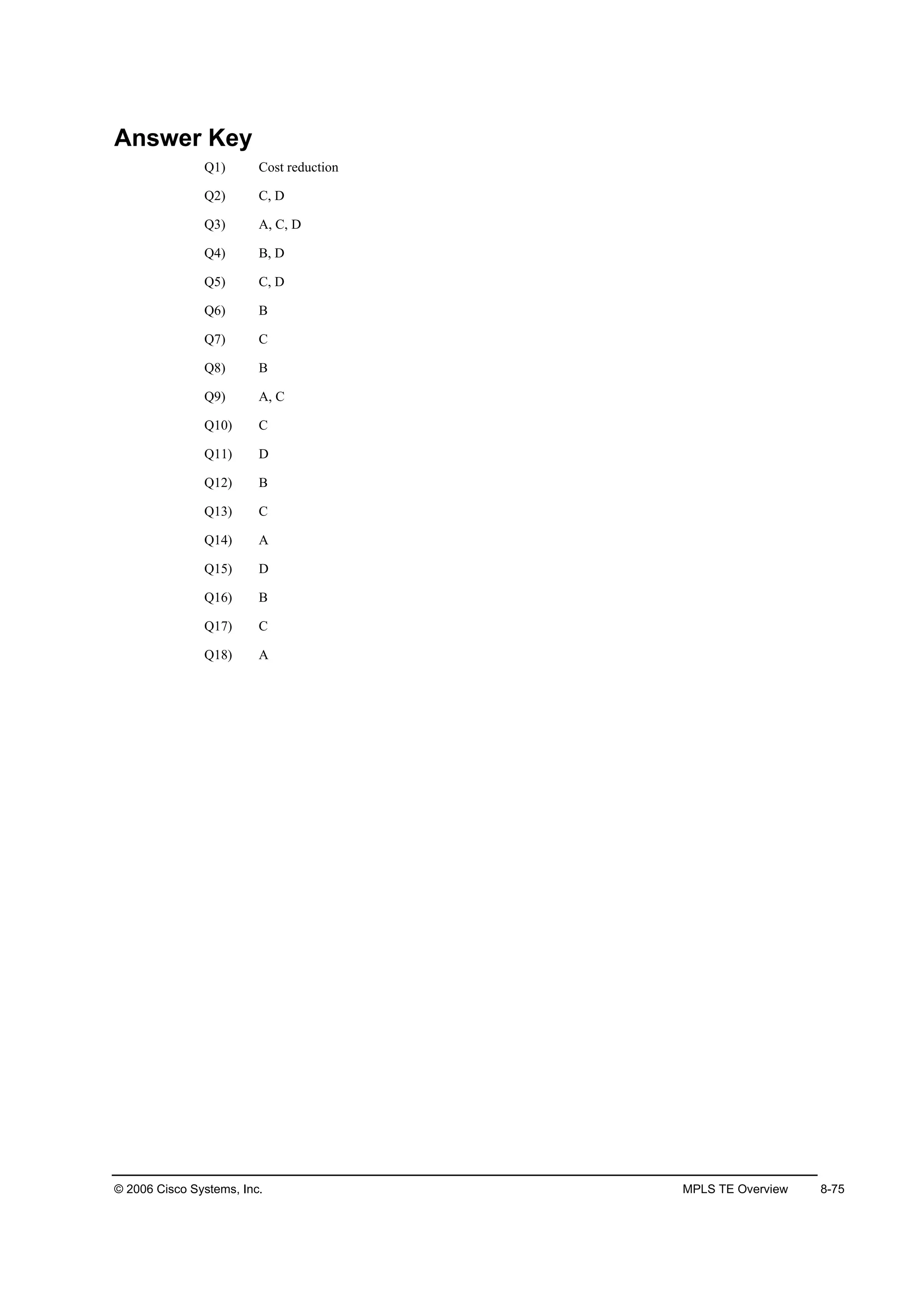 © 2006 Cisco Systems, Inc. MPLS TE Overview 8-75
Answer Key
Q1) Cost reduction
Q2) C, D
Q3) A, C, D
Q4) B, D
Q5) C, D
Q6) B
Q7) C
Q8) B
Q9) A, C
Q10) C
Q11) D
Q12) B
Q13) C
Q14) A
Q15) D
Q16) B
Q17) C
Q18) A
 