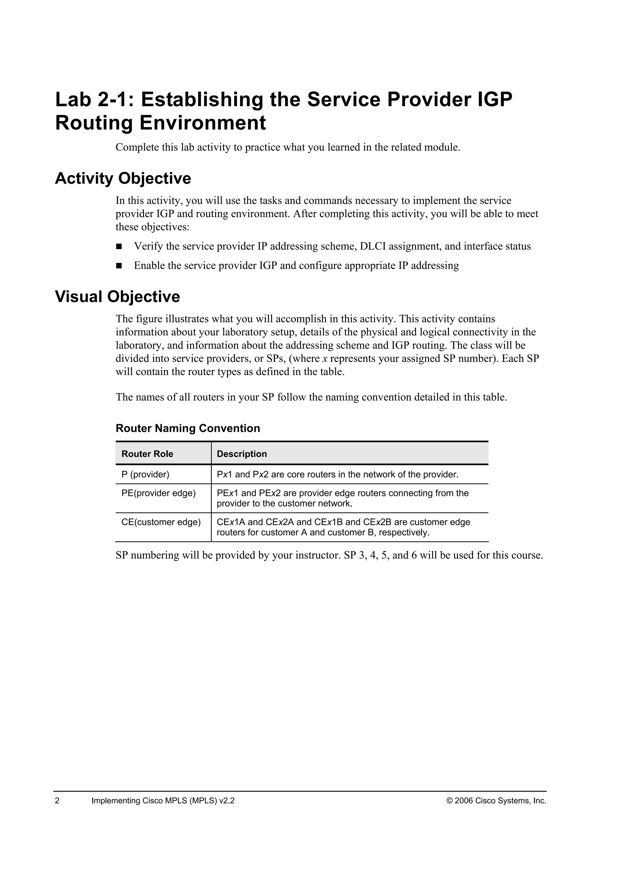 2 Implementing Cisco MPLS (MPLS) v2.2 © 2006 Cisco Systems, Inc.
Lab 2-1: Establishing the Service Provider IGP
Routing Environment
Complete this lab activity to practice what you learned in the related module.
Activity Objective
In this activity, you will use the tasks and commands necessary to implement the service
provider IGP and routing environment. After completing this activity, you will be able to meet
these objectives:
Verify the service provider IP addressing scheme, DLCI assignment, and interface status
Enable the service provider IGP and configure appropriate IP addressing
Visual Objective
The figure illustrates what you will accomplish in this activity. This activity contains
information about your laboratory setup, details of the physical and logical connectivity in the
laboratory, and information about the addressing scheme and IGP routing. The class will be
divided into service providers, or SPs, (where x represents your assigned SP number). Each SP
will contain the router types as defined in the table.
The names of all routers in your SP follow the naming convention detailed in this table.
Router Naming Convention
Router Role Description
P (provider) Px1 and Px2 are core routers in the network of the provider.
PE(provider edge) PEx1 and PEx2 are provider edge routers connecting from the
provider to the customer network.
CE(customer edge) CEx1A and CEx2A and CEx1B and CEx2B are customer edge
routers for customer A and customer B, respectively.
SP numbering will be provided by your instructor. SP 3, 4, 5, and 6 will be used for this course.
 