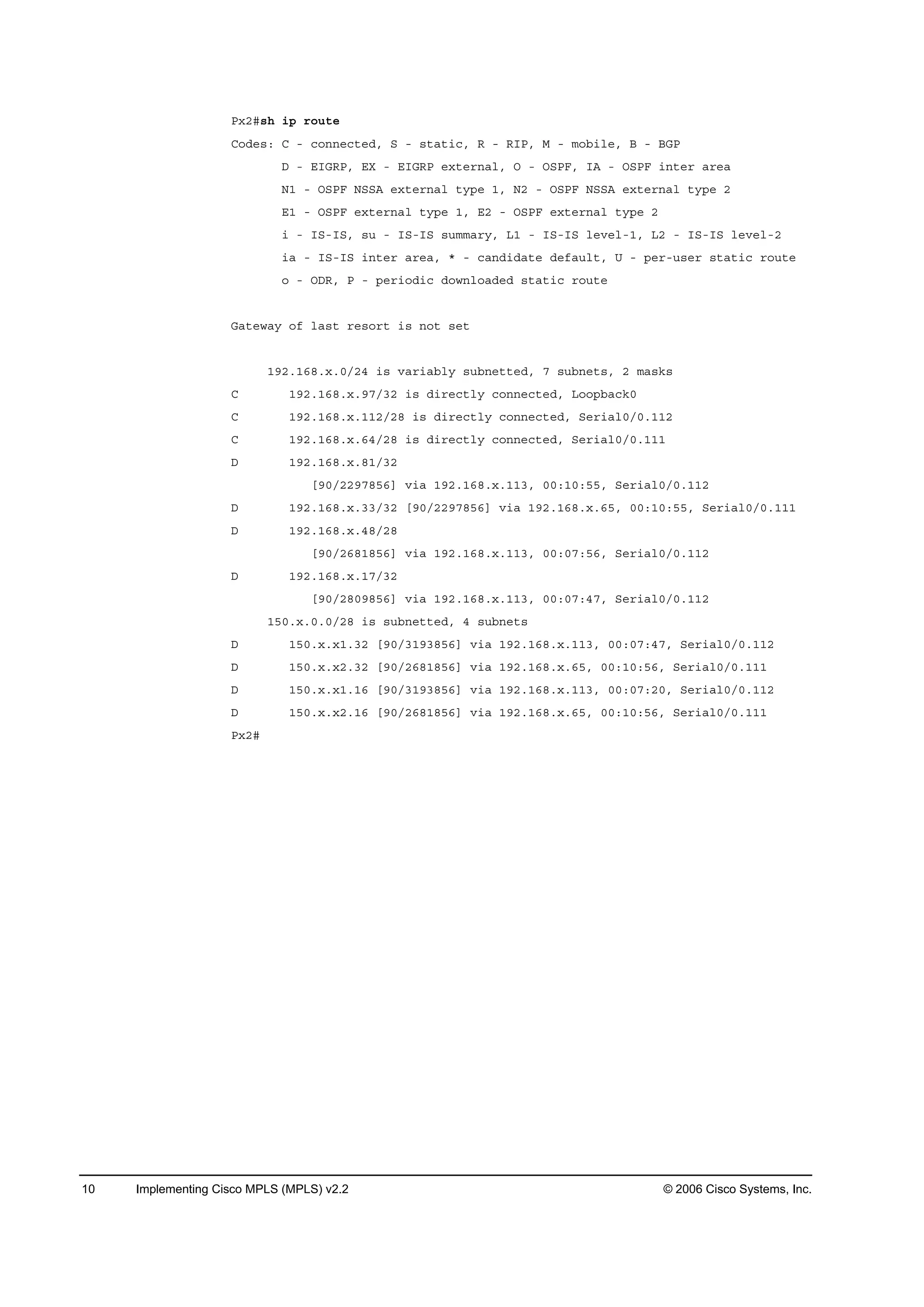 10 Implementing Cisco MPLS (MPLS) v2.2 © 2006 Cisco Systems, Inc.
Đ¨îý­¸ ·° ®±«¬»
Ý±Ľ»­ć Ý ó ˝±˛˛»˝¬»Ľô Í ó ­¬ż¬·˝ô Î ó Î×Đô Ó ó ł±ľ·´»ô Ţ ó ŢŮĐ
Ü ó Ű×ŮÎĐô ŰČ ó Ű×ŮÎĐ »¨¬»®˛ż´ô Ń ó ŃÍĐÚô ×ß ó ŃÍĐÚ ·˛¬»® ż®»ż
Ňď ó ŃÍĐÚ ŇÍÍß »¨¬»®˛ż´ ¬§°» ďô Ňî ó ŃÍĐÚ ŇÍÍß »¨¬»®˛ż´ ¬§°» î
Űď ó ŃÍĐÚ »¨¬»®˛ż´ ¬§°» ďô Űî ó ŃÍĐÚ »¨¬»®˛ż´ ¬§°» î
· ó ×Íó×Íô ­« ó ×Íó×Í ­«łłż®§ô Ôď ó ×Íó×Í ´»Ş»´óďô Ôî ó ×Íó×Í ´»Ş»´óî
·ż ó ×Íó×Í ·˛¬»® ż®»żô ö ó ˝ż˛Ľ·Ľż¬» Ľ»şż«´¬ô Ë ó °»®ó«­»® ­¬ż¬·˝ ®±«¬»
± ó ŃÜÎô Đ ó °»®·±Ľ·˝ Ľ±©˛´±żĽ»Ľ ­¬ż¬·˝ ®±«¬»
Ůż¬»©ż§ ±ş ´ż­¬ ®»­±®¬ ·­ ˛±¬ ­»¬
ďçîňďęčň¨ňđńîě ·­ Şż®·żľ´§ ­«ľ˛»¬¬»Ľô é ­«ľ˛»¬­ô î łż­µ­
Ý ďçîňďęčň¨ňçéńíî ·­ Ľ·®»˝¬´§ ˝±˛˛»˝¬»Ľô Ô±±°ľż˝µđ
Ý ďçîňďęčň¨ňďďîńîč ·­ Ľ·®»˝¬´§ ˝±˛˛»˝¬»Ľô Í»®·ż´đńđňďďî
Ý ďçîňďęčň¨ňęěńîč ·­ Ľ·®»˝¬´§ ˝±˛˛»˝¬»Ľô Í»®·ż´đńđňďďď
Ü ďçîňďęčň¨ňčďńíî
ĹçđńîîçéčëęĂ Ş·ż ďçîňďęčň¨ňďďíô đđćďđćëëô Í»®·ż´đńđňďďî
Ü ďçîňďęčň¨ňííńíî ĹçđńîîçéčëęĂ Ş·ż ďçîňďęčň¨ňęëô đđćďđćëëô Í»®·ż´đńđňďďď
Ü ďçîňďęčň¨ňěčńîč
ĹçđńîęčďčëęĂ Ş·ż ďçîňďęčň¨ňďďíô đđćđéćëęô Í»®·ż´đńđňďďî
Ü ďçîňďęčň¨ňďéńíî
ĹçđńîčđçčëęĂ Ş·ż ďçîňďęčň¨ňďďíô đđćđéćěéô Í»®·ż´đńđňďďî
ďëđň¨ňđňđńîč ·­ ­«ľ˛»¬¬»Ľô ě ­«ľ˛»¬­
Ü ďëđň¨ň¨ďňíî ĹçđńíďçíčëęĂ Ş·ż ďçîňďęčň¨ňďďíô đđćđéćěéô Í»®·ż´đńđňďďî
Ü ďëđň¨ň¨îňíî ĹçđńîęčďčëęĂ Ş·ż ďçîňďęčň¨ňęëô đđćďđćëęô Í»®·ż´đńđňďďď
Ü ďëđň¨ň¨ďňďę ĹçđńíďçíčëęĂ Ş·ż ďçîňďęčň¨ňďďíô đđćđéćîđô Í»®·ż´đńđňďďî
Ü ďëđň¨ň¨îňďę ĹçđńîęčďčëęĂ Ş·ż ďçîňďęčň¨ňęëô đđćďđćëęô Í»®·ż´đńđňďďď
Đ¨îý
 
